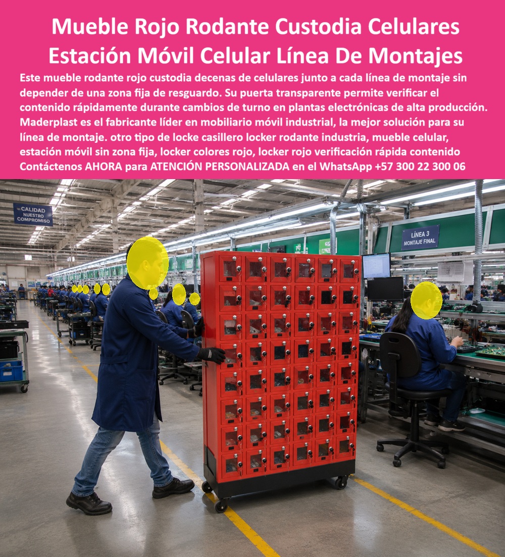 Mueble Rodante Para Guardar Celulares Casilleros Con Ruedas Maderplast Estación Móvil Custodiar Celulares En Plantas Industriales Locker móvil sobre ruedas para guardar celular en planta electrónica Casillero rojo con puerta transparente