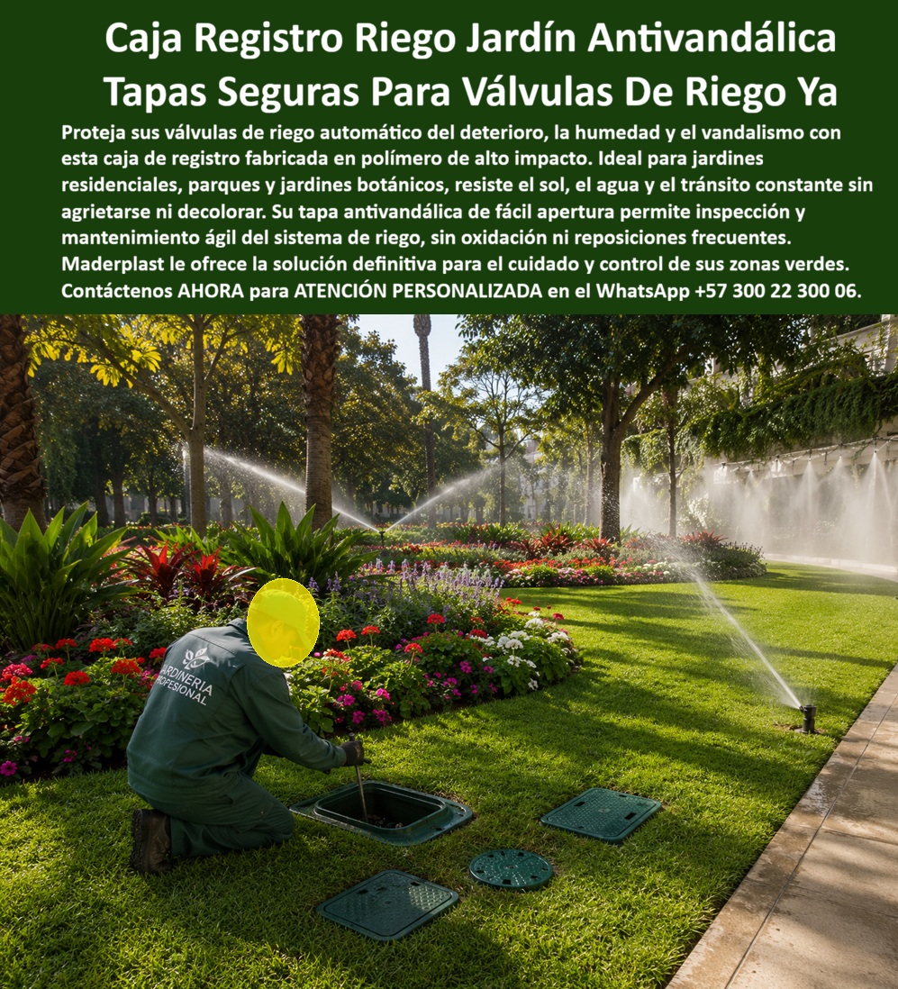 Caja Con Tapa Válvula Riego Jardín Arqueta Registro Cajillas Riegos Maderplast Caja Doble Tapa Riego Jardín Residencial Familiar Segura Registro Controladores De Riego En Jardines Botánicos Caja Plástica Para Válvula Agua De Riego Automático Caja Registro Riego Jardín Antivandálica: la Caja de Válvulas que un jardinero abre en pleno jardín botánico en operación. Con aspersores activos regando simultáneamente un macizo de flores multicolor, un jardinero profesional se arrodilla sobre el césped para inspeccionar la válvula dentro de esta caja registro riego jardín antivandálica, mientras otras tapas idénticas descansan cerca, listas para su instalación en distintos puntos del sistema. Esa capacidad de intervenir el riego sin interrumpir el funcionamiento del resto del jardín es la que ofrece esta caja con tapa válvula riego jardín que Maderplast fabrica para parques, jardines botánicos y zonas verdes residenciales.  ¿Qué es este producto? Es una arqueta registro cajillas riegos, fabricada en polímero de alto impacto, diseñada para proteger válvulas de riego automático bajo césped o zonas ajardinadas, funcionando como caja plástica para válvula agua de riego automático con tapa antivandálica de fácil apertura. ¿Por qué utilizarla? Porque a diferencia de las cajas metálicas o de concreto, esta caja resiste el sol, el agua constante de los aspersores y el tránsito de mantenimiento sin agrietarse ni decolorarse, protegiendo la válvula del deterioro que genera humedad permanente en un sistema de riego activo. ¿Para qué se debe implementar en esencia? Para permitir inspección y mantenimiento ágil del sistema de riego sin oxidación ni reposiciones frecuentes, garantizando que jardineros y técnicos accedan a la válvula de forma rápida sin dañar el césped ni las zonas verdes circundantes.  ¿Resiste el riego constante de aspersores activos como los de la imagen? Totalmente, su formulación en polímero de alto impacto está diseñada para exposición continua al agua sin decolorar ni fragilizar con el tiempo. ¿Sirve para jardines residenciales pequeños además de parques grandes? Sí, existe versión caja doble tapa riego jardín residencial familiar segura, adaptada a sistemas de menor escala en patios y jardines de vivienda unifamiliar. ¿Es apta para instalarse en jardines botánicos con alto tránsito de visitantes? Precisamente para ese uso fue diseñada, funcionando como registro controladores de riego en jardines botánicos, resistiendo pisadas ocasionales sin fracturarse. ¿Qué protección ofrece frente al vandalismo en zonas públicas? Su tapa antivandálica de cierre seguro evita manipulación no autorizada de las válvulas, un riesgo común en parques de acceso libre. ¿Cuánto mantenimiento requiere después de instalada? Prácticamente ninguno, al no oxidarse ni degradarse con la humedad constante del riego automático, elimina las reposiciones periódicas típicas de otros materiales.  Un jardinero profesional a cargo del mantenimiento de un parque botánico en Colombia nos comentó que, tras instalar estas cajas registro riego Maderplast en todo el sistema de válvulas, la inspección semanal se redujo a minutos por punto, sin necesidad de romper césped ni reparar tapas deterioradas como ocurría con las cajas anteriores.  Como fabricante certificado ISO 9001 en diseño y desarrollo, e ISO 14001 ambiental, Maderplast respalda cada cajilla de inspección para válvulas y riego con pruebas de laboratorio disponibles en youtube.com/@maderplasSA, y realizamos pruebas de campo adicionales que usted escoja, a nuestro costo. Si su jardín o parque requiere registro para válvula de agua, caja de registro en polímero reforzado o un diseño a la medida de su sistema de riego automático, nuestro departamento de ingeniería cotiza, personaliza y fabrica en serie. Cuando se trata de cajas de riego en plástico técnico, Maderplast es quien protege cada válvula sin interrumpir el verde que la rodea. Contacte Atención personalizada: WhatsApp (+57) 300 22 300 06