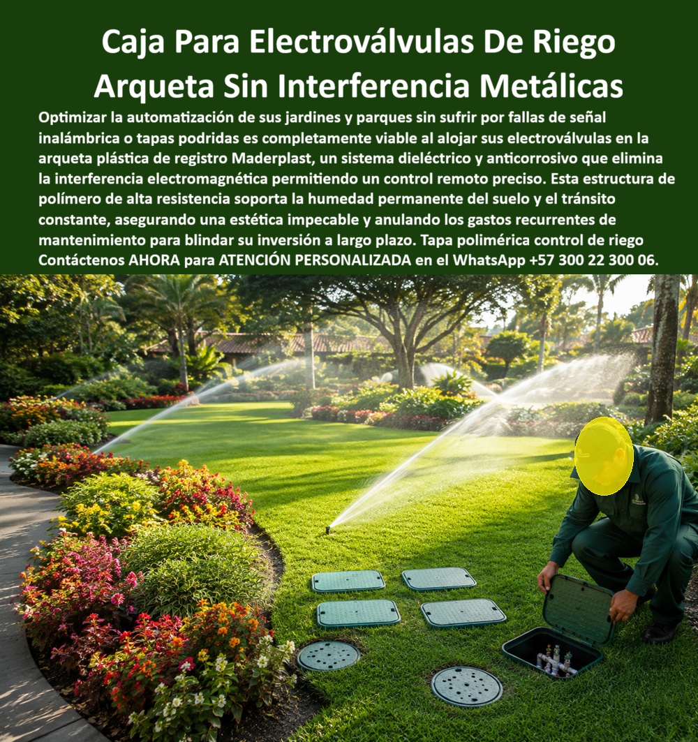 Caja Con Tapa Válvula Riego Jardín Arqueta Registro Cajillas Riegos Maderplast Caja Para Electroválvulas De Riego Sin Interferencia Metálica Registro Riego Doble Puerta Parque Jardín Urbano Caja Registro Plástico Para Control Remoto De Riego La caja plástica para electroválvulas de riego protagoniza la fotografía instalada a ras del césped en un jardín con aspersores funcionando. Maderplast fabrica esta arqueta para riego automático para proteger válvulas, conexiones y controles enterrados. La escena muestra varias tapas distribuidas por zonas, mientras un operario abre un registro y deja visibles sus componentes hidráulicos.  El problema aparece cuando una caja metálica para riego se corroe por la humedad, pierde presentación o dificulta la comunicación inalámbrica. La solución Maderplast emplea una caja de registro no metálica que no forma una envolvente conductora como un cerramiento metálico continuo, condición favorable para el control remoto de riego. Esta ventaja debe validarse según frecuencia, antena, alcance, profundidad y lugar de instalación, porque la caja protege el sistema, pero no reemplaza el diseño de comunicaciones.  Cuando un paisajista pregunta ¿para qué sirve una caja de electroválvulas?, la respuesta es concreta: la cajilla para válvulas de jardín reúne los elementos que abren, cierran y distribuyen agua entre sectores. Puede alojar una electroválvula para aspersores, colectores, filtros, reguladores y cableado, facilitando la sectorización del sistema de riego. Así, césped, árboles y jardines ornamentales reciben tiempos o caudales diferenciados sin dejar expuesta la instalación.  Otra consulta es ¿por qué utilizar una arqueta plástica para riego? Una arqueta anticorrosiva para jardín no se oxida por contacto con suelo húmedo y puede reducir reparaciones y reposiciones. Su composición también resulta apropiada como tapa de riego sin interferencia metálica cuando existen controladores o sensores inalámbricos. Maderplast puede personalizar medidas, geometrías, colores, divisiones y aperturas para convertirla en una caja para programador de riego adaptada al proyecto.  La pregunta ¿qué debe guardar una caja de control de riego? se responde según la instalación: dentro pueden organizarse una válvula solenoide de riego, derivaciones, conectores estancos, reguladores y módulos para la automatización de jardines. Una caja para manifold de riego correctamente dimensionada permite identificar circuitos, revisar fugas y reemplazar piezas sin excavar nuevamente ni comprimir conexiones.  También se busca ¿cómo instalar una caja de riego en el césped? La caja enterrada para zonas verdes debe quedar estable, con apoyo uniforme, drenaje previsto y tapa nivelada para reducir tropiezos y facilitar el corte del pasto. No debe apoyarse sobre las tuberías. Cuando se requiera una tapa para tránsito peatonal, el especificador debe confirmar material, dimensiones, sistema de apoyo y capacidad de carga mediante documentación o pruebas aplicables. Una tapa verde para jardín ayuda a integrar visualmente el registro con el paisajismo.  Antes de comprar surge la consulta ¿qué caja de riego necesita un parque? La elección depende del número de válvulas, profundidad, humedad, radiación UV, tránsito, vandalismo y mantenimiento. Un registro doble puerta para riego facilita el acceso a conjuntos mayores, mientras una caja circular para válvula de riego atiende puntos individuales. En un registro para riego de parques también deben evaluarse la resistencia a la intemperie, la integración paisajística de registros y los repuestos disponibles.  La solución Maderplast mejora la protección de conexiones hidráulicas, facilita el mantenimiento del riego automatizado y conserva el jardín ordenado. Su conveniencia se calcula por costo total de propiedad: compra, instalación, ajustes, mantenimiento, corrosión evitada y reposiciones. Maderplast convierte las necesidades del paisajista, constructor o administrador en planos, renders, prototipos y producción en serie. Solicite asesoría y cotización al Departamento de Ingeniería: Contacte Atención personalizada: WhatsApp (+57) 300 22 300 06 · ventas@maderplast.com