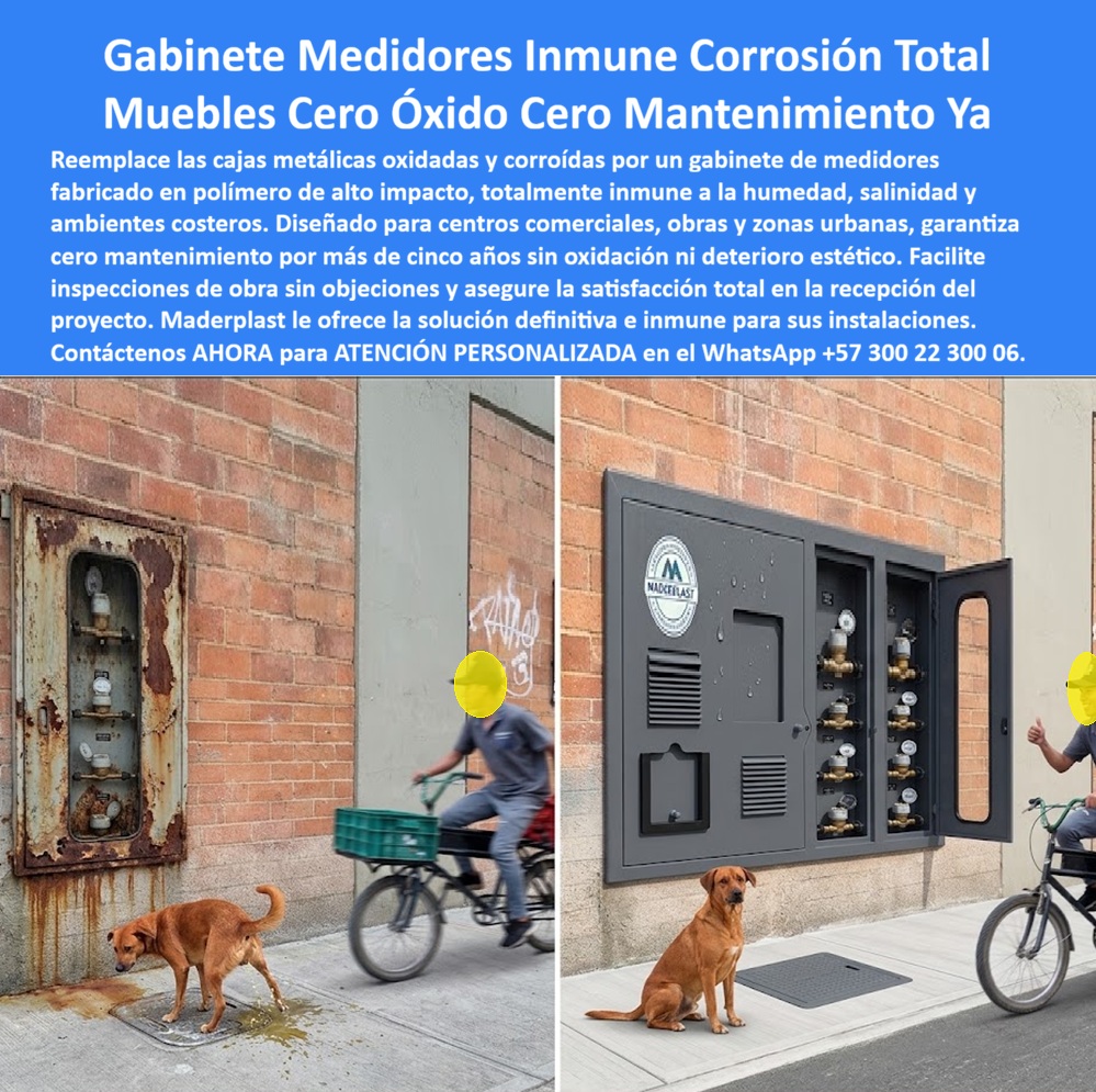 Cajas Medidores Resistentes A Humedad Y Salinidad Nicho Plástico Maderplast Nicho Agua Centro Comercial Costero Cero Mantenimiento Cinco Años Gabinete Agua Residente Obra Inspección Sin Objeciones Cajas Gabinete Agua Recepción Satisfacción A El gabinete plástico para medidores de agua Maderplast transforma una fachada deteriorada en un punto de medición organizado y protegido. La imagen compara un armario metálico con corrosión y manchas frente a un módulo plástico que concentra varios contadores detrás de puertas de inspección. Este reemplazo de gabinete metálico oxidado mejora la presentación y reduce una fuente recurrente de pintura, saneamiento y reposición.  ¿Qué producto aparece instalado? Es un armario para banco de medidores configurado como gabinete multipunto de acueducto, con compartimientos que ordenan medidores de agua individualizados. También se busca como nicho mural para contadores, caja para medidores en fachada o gabinete sobrepuesto en muro. Sus puertas protegen los equipos sin impedir la lectura ni el acceso requerido por el prestador.  ¿Por qué se deteriora una caja metálica? La humedad, los aerosoles salinos, la pérdida del recubrimiento, los rayones y sustancias del espacio público favorecen la oxidación del acero. Por eso las cajas de medidores resistentes a humedad, un nicho de agua para ambiente costero y una carcasa polimérica anticorrosiva ofrecen una diferencia material: el cuerpo plástico no desarrolla herrumbre. La resistencia a salinidad ambiental y la resistencia a humedad permanente deben evaluarse junto con exposición UV, temperatura, diseño y componentes.  ¿Puede llamarse “cero mantenimiento”? Un gabinete sin óxido elimina la necesidad de repintar el cuerpo por corrosión ferrosa, pero requiere limpieza de nichos de medidores, revisión de cierres y mantenimiento preventivo de gabinetes. Donde existan salpicaduras, polvo u orina de animales, un gabinete lavable para espacio público facilita recuperar la presentación sin lijar ni aplicar anticorrosivos. Los herrajes resistentes a corrosión también deben corresponder al ambiente; una buena carcasa no compensa bisagras inadecuadas.  ¿Cómo protege y facilita la operación? La puerta con ventana de lectura permite observar cada contador, las rejillas de ventilación responden a la configuración técnica y el acceso técnico a válvulas facilita inspecciones. La identificación de usuarios evita confundir consumos. Cuando el proyecto lo exige, una caja antivandálica para medidores y una cerradura para gabinete de agua deben controlar accesos sin dificultar emergencias o mantenimiento autorizado.  ¿Qué debe revisar el residente antes de recibirlo? La inspección de gabinetes de agua debe comprobar fijación, nivel, dimensiones, apertura, cierre, visibilidad, ventilación, materiales, acabado y planos. La recepción de obra de acueducto no puede prometerse “sin objeciones”: depende de los requisitos, la instalación y el cumplimiento de ficha técnica. Tampoco debe ofrecerse garantía de cinco años sin un documento que determine alcance y condiciones.  ¿Dónde genera mayor valor? Un gabinete para centro comercial costero, gabinete medidor de agua en Cartagena, nicho anticorrosivo en Barranquilla o caja para medidores en Santa Marta enfrenta humedad, brisa marina y exposición pública. Allí, la protección de contadores en exteriores y la sustitución de armario corroído mejoran la imagen y reducen intervenciones sobre la carcasa, favoreciendo el costo total de propiedad de gabinetes.  La ventaja comercial consiste en entregar una solución presentable que conserve su función bajo condiciones ambientales exigentes. Maderplast desarrolla dimensiones, divisiones, puertas, colores y cierres como fabricante de gabinetes plásticos para medidores. Solicite planos, prototipo, producción seriada y cotización de gabinete anticorrosivo al Contacte Atención personalizada: WhatsApp (+57) 300 22 300 06 o a ventas@maderplast.com