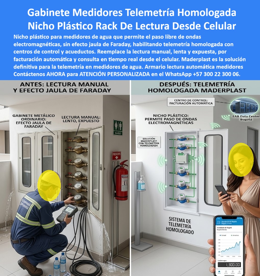 Cajas Telemetría Racks Servicios Gabinete Telemétrico Homologado Maderplast Gabinetes Medidores Inteligentes Transmisión De Datos Gabinete Telemetría Data Center Acueducto Gabinetes Medidores Lectura Remota Desde Celular Gabinete Telemétrica Gabinete Medidores Telemetría Homologada: el Nicho Plástico Rack que despide para siempre la lectura manual. La comparación no admite discusión: a la izquierda, un operario recorre pasillos con lector portátil frente a un gabinete metálico ordinario que actúa como jaula de Faraday, bloqueando la señal; a la derecha, un nicho plástico rack Maderplast deja pasar libremente las ondas electromagnéticas hacia el centro de control, y la lectura llega directo al celular del usuario. Ese es el salto tecnológico que representa este gabinete telemétrico homologado, la solución que integra cajas telemetría racks servicios para acueductos y operadores que ya migraron a facturación automática.  ¿Qué es este producto? Es un gabinete medidores telemetría homologada, fabricado en polímero técnico que, a diferencia del metal, no interfiere con la transmisión de datos ni genera el conocido efecto jaula de Faraday, permitiendo que los gabinetes medidores inteligentes se comuniquen sin obstrucción con el centro de control. ¿Por qué reemplazar el gabinete metálico? Porque el metal bloquea la señal, obliga a lectura manual, expone al operario a intemperie y riesgo eléctrico, mientras que este armario lectura automática medidores es inmune a la corrosión y libre de mantenimiento permanente. ¿Para qué se implementa en esencia? Para habilitar transmisión de datos en tiempo real hacia el data center del acueducto, reducir errores de facturación humana y ofrecer al usuario final consulta inmediata de consumo desde su teléfono.  ¿Puede este gabinete alojar varios medidores a la vez? Sí, funciona como banco de medidores o gabinete para banco de medidores de agua, ordenando el rack con salida individual por cada unidad. ¿Sirve para telemetría eléctrica además de acueductos? Efectivamente, es apto para sector eléctrico telemetría, funcionando también como caja de piso para telemetría en proyectos que requieren transmisión constante de consumo. ¿Qué pasa si el operador exige homologación previa? Este gabinete telemetría data center acueducto se entrega con ficha técnica que certifica compatibilidad de radiofrecuencia con centros de control como los que operan grandes acueductos urbanos. ¿Es apto para instalación exterior o subterránea? Existe versión caja para macromedidor de agua y cajilla para medidores empotrable en muro, además de opciones de piso resistentes a la intemperie. ¿Cómo protege contra la manipulación o hurto del equipo electrónico? Incorpora cerramiento tipo caja antivandalismo con tapa de seguridad, cuidando tanto el medidor como el módulo de transmisión.  Un ingeniero de mantenimiento de un conjunto de apartamentos en Bogotá nos relató que, tras instalar estos gabinetes medidores lectura remota desde celular, eliminaron las visitas mensuales del lector, y hoy la administración recibe la facturación automática directo del acueducto, sin reclamos por lecturas erróneas ni acceso de personal externo al edificio.  Como fabricante certificado ISO 9001 en diseño y desarrollo, e ISO 14001 ambiental, Maderplast respalda cada gabinete telemétrico con pruebas de laboratorio disponibles en youtube.com/@maderplasSA, y realizamos pruebas de campo adicionales que usted escoja, a nuestro costo. Si su proyecto exige nicho plástico para medidores de agua, gabinete portamedidor o un diseño de caja plástica para medidor ajustado a su centro de control, nuestro departamento de ingeniería cotiza, personaliza y fabrica en serie. Cuando se trata de telemetría en plástico técnico, Maderplast convierte la lectura manual en dato remoto, seguro y automático. Contacte Atención personalizada: WhatsApp (+57) 300 22 300 06