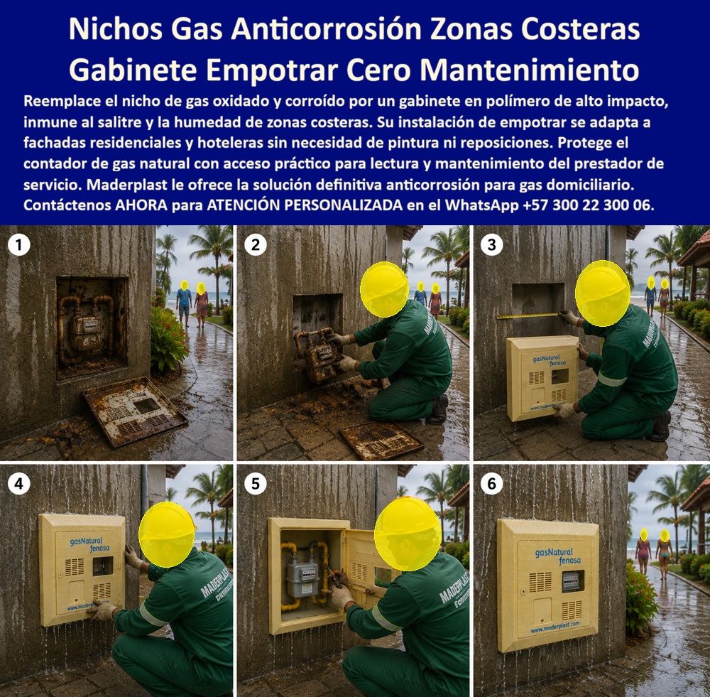 Cambio Nicho Gas Oxidado Nicho Gas Anticorrosión Instalación Maderplast Cajilla plástica contador de gas unifamiliar con cenefa Mueble de empotrar contador de gas sin mantenimiento Gabinete para contador de gas natural inmune a corrosión Gas Nichos Gas Anticorrosión Zonas Costeras: el Gabinete Empotrar que un instructivo de seis pasos documenta a orilla de playa. La secuencia fotográfica no deja dudas del contraste: en el paso uno, un nicho metálico completamente oxidado por la humedad y el salitre marino, con tapa corroída al pie de un andén frente al mar; en el paso seis, ese mismo punto exhibe un gabinete empotrar sin mantenimiento Gas Natural Fenosa, perfectamente instalado, con la playa y las palmeras de fondo como testigo de la transformación. Este es el proceso real de cambio nicho gas oxidado que Maderplast ejecuta para hoteles y proyectos residenciales en zonas costeras.  ¿Qué es este producto? Es un nicho gas anticorrosión empotrable en polímero de alto impacto, diseñado como cajilla plástica contador de gas unifamiliar con cenefa, homologado bajo especificaciones de Gas Natural Fenosa para proteger el contador domiciliario a la intemperie. ¿Por qué utilizarlo? Porque, como muestra el paso uno de la secuencia, el nicho metálico convencional se corroe rápidamente frente al salitre y la humedad costera, mientras este mueble de empotrar contador de gas sin mantenimiento es inmune al óxido, sin necesidad de pintura ni reposiciones periódicas en fachadas hoteleras o residenciales de playa. ¿Para qué se debe implementar en esencia? Para proteger el contador de gas natural con acceso práctico de lectura y mantenimiento para el prestador de servicio, garantizando una fachada impecable frente a huéspedes y residentes sin el deterioro visual que genera el óxido en zonas de alta humedad marina.  ¿Cómo se realiza el reemplazo de un nicho oxidado sin romper la fachada? El instructivo documenta el proceso: se retira el contador del gabinete deteriorado, se toma la medida exacta del vano con cinta métrica, se instala el nuevo gabinete para contador de gas natural inmune a corrosión ajustado al mismo espacio, y finalmente se reconecta el contador dentro del nicho nuevo. ¿Cuánto tiempo toma esta instalación en campo? Como se aprecia en la secuencia de seis pasos, el cambio se ejecuta en una sola visita técnica, sin obra civil mayor ni tiempo de espera prolongado para el usuario. ¿Es apto para fachadas hoteleras frente al mar? Totalmente, fue precisamente diseñado y probado para ese entorno, resistiendo lluvia, salitre y exposición solar constante sin perder su acabado. ¿Requiere mantenimiento periódico como el metal? No, esté gas natural fenosa gabinete se instala una sola vez y permanece funcional sin pintura ni tratamiento anticorrosivo adicional. ¿Facilita la lectura del prestador de servicio de gas? Sí, su acceso frontal práctico permite lectura e inspección directa sin necesidad de retirar toda la estructura.  Un gerente de mantenimiento de un complejo hotelero en el Caribe colombiano nos comentó que, tras reemplazar los nichos de gas oxidados de toda la fachada frontal por estos nichos anticorrosión Maderplast, eliminaron por completo la imagen de deterioro que afectaba la primera impresión de los huéspedes al ingresar por el andén principal.  Como fabricante certificado ISO 9001 en diseño y desarrollo, e ISO 14001 ambiental, Maderplast respalda cada nicho de gas domiciliario Vanti con pruebas de laboratorio disponibles en youtube.com/@maderplasSA, y realizamos pruebas de campo adicionales que usted escoja, a nuestro costo. Si su proyecto requiere caja para contador de gas, gabinete individual de gas o el servicio completo de cambio de nichos oxidados en zona costera, nuestro departamento de ingeniería cotiza, instala y ejecuta en sitio. Cuando se trata de gas en plástico técnico anticorrosión, Maderplast es quien resuelve el salitre de una vez por todas. Contacte Atención personalizada: WhatsApp (+57) 300 22 300 06