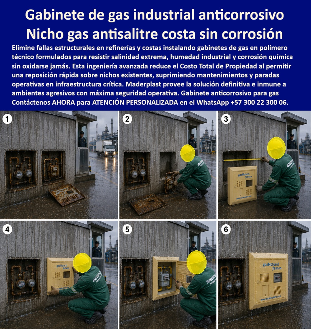 Cambio Nicho Gas Oxidado Nicho Gas Anticorrosión Instalación Maderplast Gabinete De Gas Para Zonas Costeras Antisalitre Sustitución De Gabinete Metálico De Gas Corroído Cajilla Gas Industrial Refinería Hermética Alta Durabilidad Inoxidables Gabinete de Gas Industrial Anticorrosivo: el Nicho Antisalitre que un instructivo de seis pasos ejecuta frente a una refinería. Bajo lluvia constante y con una planta industrial de fondo, la secuencia fotográfica documenta el reemplazo completo de un punto de control de gas corroído: nichos metálicos oxidados en el paso uno, retiro de contadores en el paso dos, medición exacta del vano en el paso tres, instalación del nuevo gabinete en los pasos cuatro y cinco, y entrega final operativa en el paso seis. Este es el proceso técnico de cambio nicho gas oxidado que Maderplast ejecuta en infraestructura crítica expuesta a salinidad extrema y corrosión química industrial.  ¿Qué es este producto? Es un gabinete de gas industrial anticorrosivo, fabricado en polímero técnico formulado para resistir humedad industrial, salinidad extrema y agentes químicos corrosivos propios de zonas de refinería y ambientes costeros, funcionando como cajilla gas industrial refinería hermética de alta durabilidad. ¿Por qué utilizarlo? Porque, como evidencia el paso uno de la secuencia, el nicho metálico convencional se oxida y colapsa estructuralmente bajo lluvia constante y exposición salina, deteniendo operaciones críticas; en cambio, este nicho gas antisalitre costa sin corrosión no se oxida jamás, incluso en el entorno industrial más agresivo. ¿Para qué se debe implementar en esencia? Para eliminar fallas estructurales en infraestructura de refinerías y zonas costeras, reduciendo el Costo Total de Propiedad mediante una reposición rápida sobre nichos existentes, suprimiendo mantenimientos recurrentes y evitando paradas operativas costosas en instalaciones críticas.  ¿Cómo se ejecuta el reemplazo sin detener la operación de la planta? El instructivo documenta el proceso completo: se retira el gabinete metálico deteriorado, se desconectan y retiran los contadores individuales, se toma la medida exacta del vano con cinta métrica, se ajusta el nuevo gabinete de gas para zonas costeras antisalitre al espacio existente y se reconectan los contadores dentro del gabinete nuevo, todo en una sola intervención técnica. ¿Cuánto tiempo real toma esta sustitución en sitio? Como muestra la secuencia de seis pasos, el cambio se completa en una sola visita, minimizando el tiempo de exposición del sistema y el riesgo operativo asociado a una parada prolongada. ¿Es apto para condiciones de lluvia constante y ambiente industrial agresivo? Totalmente diseñado y probado en ese entorno, resistiendo humedad, salitre marino y corrosión química sin comprometer su hermeticidad. ¿Qué garantía ofrece frente a la corrosión estructural que sufrió el nicho anterior? Su formulación en polímero técnico está exenta de oxidación, eliminando el riesgo estructural que llevó a la falla del gabinete metálico original documentado en el paso uno.  Un jefe de mantenimiento de una planta industrial costera nos comentó que, tras ejecutar la sustitución de gabinete metálico de gas corroído con Maderplast en su punto de control principal, la operación no ha registrado ninguna parada por falla estructural desde entonces, algo que antes ocurría cada pocos meses por corrosión avanzada.  Como fabricante certificado ISO 9001 en diseño y desarrollo, e ISO 14001 ambiental, Maderplast respalda cada gabinete anticorrosivo para gas con pruebas de laboratorio disponibles en youtube.com/@maderplasSA, y realizamos pruebas de campo adicionales que usted escoja, a nuestro costo. Si su planta requiere nicho industrial para medidor de gas, caja empotrable para contador de gas o el servicio completo de reposición sobre nichos existentes en su refinería, nuestro departamento de ingeniería cotiza, instala y ejecuta en sitio. Cuando se trata de gas industrial en plástico técnico anticorrosión, Maderplast es quien elimina la corrosión química de raíz. Contacte Atención personalizada: WhatsApp (+57) 300 22 300 06