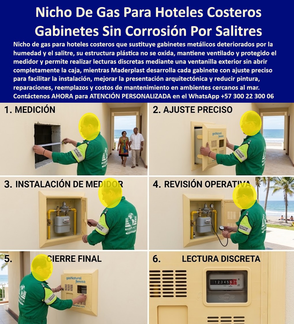 Cambio Nicho Gas Oxidado Nicho Gas Anticorrosión Instalación Maderplast Nicho Gas Hotel Costero Resistente Salitre Fácil Mantenimiento Cajilla Cambio Medidor Gas Deteriorado Nicho Duradero Cambio Nicho De Gas Corroído Por Caja Inoxidables El nicho de gas para el hotel costero Maderplast sustituye una envolvente deteriorada y organiza el medidor en una fachada cercana al mar. La imagen ilustra seis momentos: medición del vano, presentación, montaje, revisión operativa, cierre y lectura por ventana. Este cambio de gabinete de gas oxidado debe conservar funcionalidad, ventilación, acceso y presentación arquitectónica.  ¿Qué producto se instala? Es una cajilla plástica para medidor de gas destinada a alojar y proteger los componentes autorizados de medición. También se identifica como gabinete anticorrosivo para gas, caja para contador de gas natural o nicho costero resistente al salitre. En hoteles y establecimientos turísticos, un gabinete de gas en zona marina debe integrarse a la fachada sin ocultar identificaciones ni impedir el trabajo autorizado.  ¿Por qué reemplazar el metal en la costa? La humedad, brisa salina y pérdida de pintura aceleran la corrosión de carcasas ferrosas. El reemplazo de nicho metálico por un cuerpo plástico elimina el óxido propio del gabinete de acero y mejora la protección contra humedad y salitre. La resistencia ambiental costera debe abarcar tornillos, bisagras, cerraduras y demás herrajes anticorrosivos: accesorios incorrectos conservarán un punto débil.  ¿Cómo se logra una instalación correcta? La instalación de gabinete de gas comienza con la medición del vano y la verificación de profundidad, tuberías, válvulas y espacio de servicio. Un gabinete de gas a la medida requiere tolerancias para conseguir un ajuste preciso en el muro sin presionar conexiones. La instalación empotrada para gas debe ejecutarla personal autorizado, manteniendo accesibles el medidor de gas hotelero, el regulador de gas protegido y la tubería de gas visible para inspección.  ¿Qué se verifica antes del cierre? La revisión de conexiones de gas, la verificación de presión de gas y las pruebas aplicables corresponden a un técnico competente en gas, según el reglamento técnico aplicable y los procedimientos autorizados. La prueba de hermeticidad de instalación de gas evalúa tuberías y conexiones; no significa que la caja deba ser hermética. El gabinete tampoco reemplaza las inspecciones de seguridad.  ¿Por qué necesita ventilación? La ventilación permanente del gabinete y las rejillas para nicho de gas deben responder al diseño aprobado y a los requisitos del distribuidor. La lectura exterior del medidor mediante una ventana de inspección de consumo permite consultar el registro sin abrir toda la puerta de acceso controlado, favoreciendo una lectura discreta y limitando manipulaciones innecesarias.  ¿Qué debe exigir el comprador? La recepción técnica de gas debe revisar medidas, fijación, ventilación, apertura, cierre, señalización, acceso, materiales y correspondencia con planos. Los requisitos del distribuidor de gas varían según proyecto y ciudad; un gabinete aprobado para gas sólo puede anunciarse así con evidencia vigente para esa referencia. La garantía documentada debe precisar cobertura, plazo y condiciones.  Una caja de gas de fácil mantenimiento facilita la limpieza sin lijar ni pintar el cuerpo, mejora el acabado arquitectónico hotelero y reduce el costo total de propiedad frente a reparaciones recurrentes. Como fabricante de nichos plásticos para gas, Maderplast desarrolla dimensiones, colores, ventanas, ventilaciones, planos y prototipos. Solicite asesoría y cotización de gabinete para gas costero al Contacte Atención personalizada: WhatsApp (+57) 300 22 300 06 o a ventas@maderplast.com