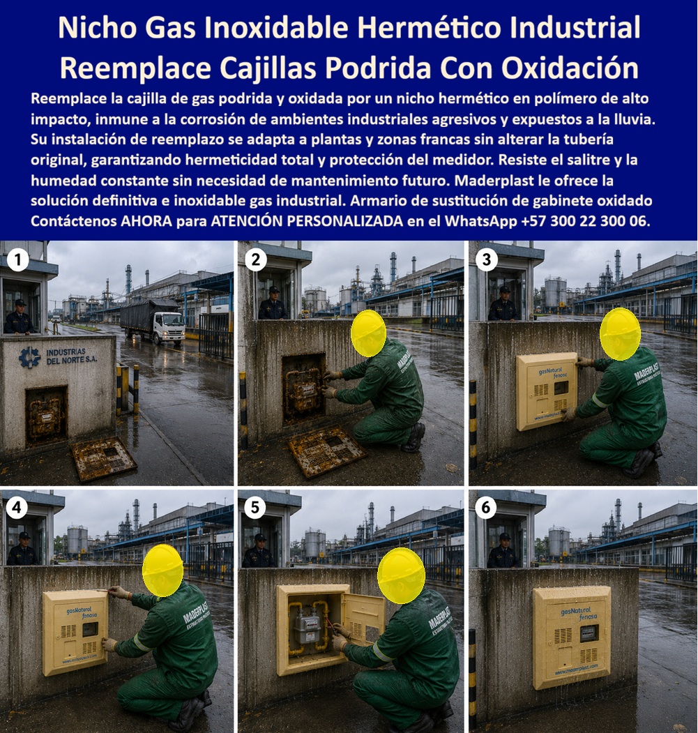 Cambio Nicho Gas Oxidado Nicho Gas Anticorrosión Instalación Maderplast Reemplazo Cajilla Gas Podrida Nicho Inoxidable Hermético Reemplazo De Cajilla De Gas Oxidada Por Gabinete Plástico Nicho De Gas Unifamiliar Resistente A Lluvia Y Salitre Nicho Gas Inoxidable Hermético Industrial: el Armario de Sustitución que se ejecuta en la garita de una zona franca. Frente a la portería de "Industrias del Norte S.A.", con camiones entrando bajo lluvia constante y una planta industrial de fondo, la secuencia documenta el reemplazo completo de una cajilla de gas podrida y oxidada por un nicho hermético nuevo: retiró del gabinete corroído en los pasos uno y dos, instalación y fijación del nuevo gabinete en los pasos tres y cuatro, conexión del contador en el paso cinco, y entrega final sellada en el paso seis. Este es el proceso técnico de reemplazo de cajilla gas podrida nicho inoxidable hermético que Maderplast ejecuta en zonas francas y complejos industriales sin detener el acceso operativo de la planta.  ¿Qué es este producto? Es un nicho gas inoxidable hermético industrial, fabricado en polímero de alto impacto, diseñado como armario de sustitución de gabinete oxidado que reemplaza cajillas metálicas deterioradas por corrosión sin alterar la tubería original ya instalada. ¿Por qué utilizarlo? Porque, como muestra el paso uno de la secuencia, la cajilla metálica original queda completamente podrida y oxidada tras la exposición constante a lluvia y ambiente industrial agresivo en una zona franca; en cambio, este reemplazo de cajilla de gas oxidada por gabinete plástico es inmune a la corrosión y no requiere mantenimiento futuro alguno. ¿Para qué se debe implementar en esencia? Para garantizar hermeticidad total y protección permanente del medidor de gas en instalaciones industriales, resistiendo salitre y humedad constante sin comprometer jamás la seguridad operativa del punto de suministro.  ¿Se puede instalar sin modificar la tubería de gas ya existente? Sí, el instructivo confirma que la instalación de reemplazo se adapta directamente sobre el vano y la tubería original, sin obra civil adicional ni interrupción prolongada del servicio. ¿Cuánto dura la intervención completa en una planta industrial? Como demuestran los seis pasos documentados, el cambio se ejecuta en una sola visita técnica, desde el retiro del gabinete oxidado hasta la entrega hermética del nuevo nicho. ¿Es apto para zonas francas con acceso vehicular constante bajo lluvia? Totalmente, fue probado precisamente en ese entorno, con tránsito de camiones y exposición climática severa durante toda la instalación. ¿Qué diferencia hay entre esta versión industrial y una unifamiliar? Existe también el nicho de gas unifamiliar resistente a lluvia y salitre, de menor escala para vivienda residencial, pero con la misma tecnología hermética de fondo. ¿Garantiza sellado total contra filtraciones de agua o gas? Sí, su hermeticidad protege tanto el medidor como las conexiones internas de cualquier ingreso de humedad, condición crítica en instalaciones de gas natural.  Un jefe de seguridad industrial de una zona franca en la costa colombiana nos comentó que, tras el reemplazo de la cajilla oxidada en la garita principal por este nicho gas inoxidable hermético, la planta no ha vuelto a presentar novedades de corrosión en ese punto de control, algo que antes generaba inspecciones correctivas cada pocos meses.  Como fabricante certificado ISO 9001 en diseño y desarrollo, e ISO 14001 ambiental, Maderplast respalda cada nicho gas antisalitre con pruebas de laboratorio disponibles en youtube.com/@maderplasSA, y realizamos pruebas de campo adicionales que usted escoja, a nuestro costo. Si su planta o zona franca requiere gabinete de gas industrial anticorrosivo, cajilla gas industrial refinería hermética o el servicio completo de sustitución sobre cajillas ya deterioradas, nuestro departamento de ingeniería cotiza, instala y ejecuta en sitio. Cuando se trata de nichos de gas industrial en plástico técnico, Maderplast es quien sella la corrosión de una vez por todas. Contacte Atención personalizada: WhatsApp (+57) 300 22 300 06