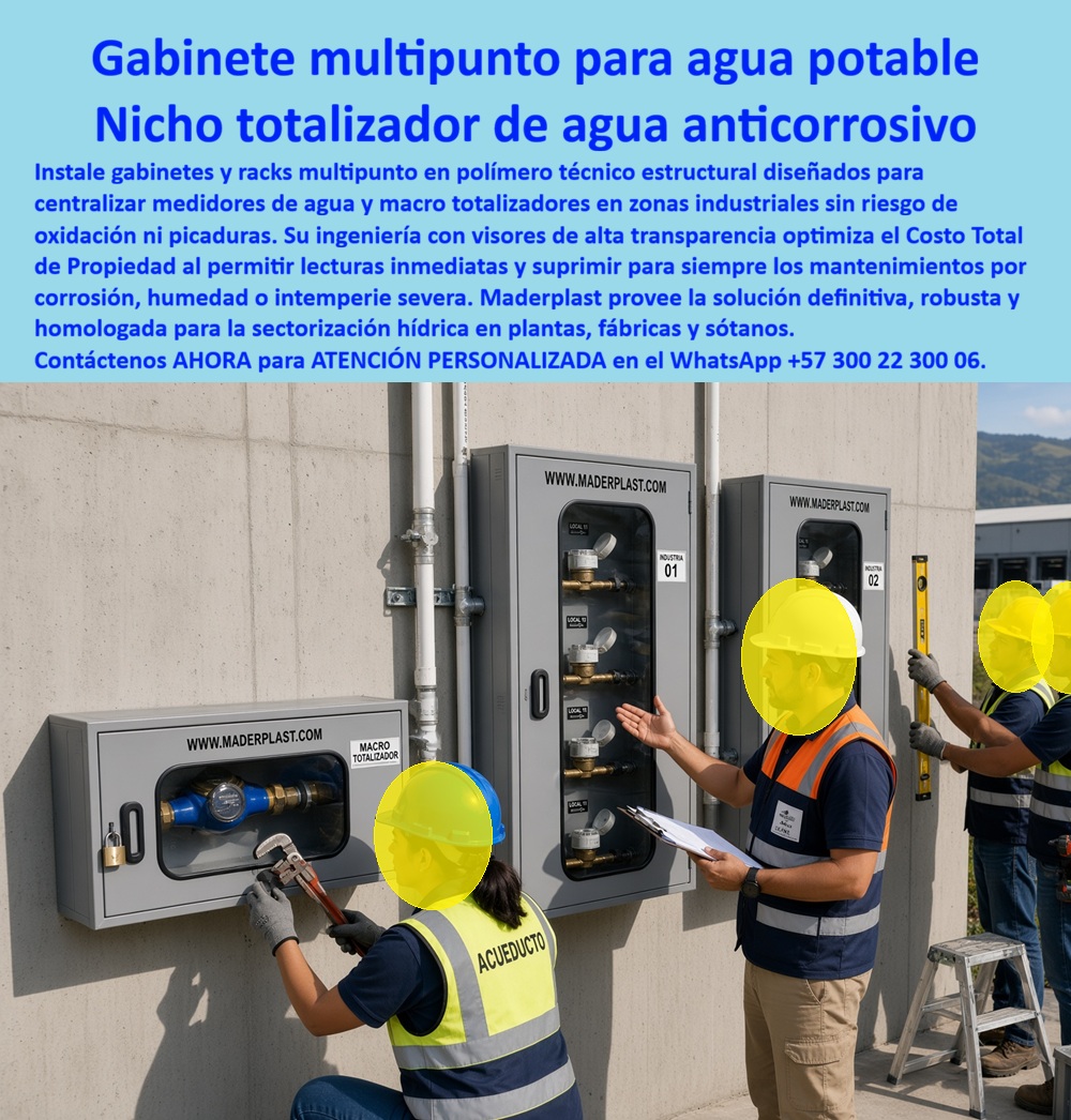 Nicho De Pared Medidores Agua Gabinete Agua Rack Multipunto Maderplast Gabinete Agua Sótano Parqueadero Sin Reclamos Recepción Gabinete para medidor totalizador agua anticorrosivo Nicho Totalizador Agua Planta Fábrica Resistente Intemperies Gabinete Multipunto para Agua Potable: el Nicho Totalizador que un equipo de acueducto instala y aprueba en planta. Frente al muro de una zona industrial, un operario del acueducto ajusta con llave de tubo el macro totalizador, mientras el ingeniero de obra revisa la instalación con nivel y bitácora en mano. Esa escena resume la confianza técnica que genera este gabinete multipunto para agua potable, un nicho totalizador de agua anticorrosivo diseñado para centralizar la sectorización hídrica de plantas, fábricas y edificaciones industriales sin margen de error en la lectura.  ¿Qué es este producto? Es un gabinete agua rack multipunto en polímero técnico estructural, con visor de alta transparencia, que agrupa varios medidores individuales junto a un caja para macromedidor de agua central, identificando cada punto de consumo por local o industria mediante numeración clara. ¿Por qué utilizarlo? Porque, a diferencia del gabinete metálico convencional, este nicho de pared medidores agua no se oxida ni presenta picaduras por humedad o intemperie severa, eliminando el gasto recurrente en pintura, soldadura y reemplazo de bisagras oxidadas que enfrenta la competencia. ¿Para qué se debe implementar en esencia? Para reducir el Costo Total de Propiedad de la instalación hídrica, garantizando lecturas inmediatas y precisas, y logrando una recepción de obra sin observaciones por parte del acueducto o la interventoría técnica.  ¿Sirve para instalaciones en sótanos o parqueaderos con humedad constante? Sí, este gabinete agua sótano parqueadero sin reclamos recepción resiste condiciones de baja ventilación y filtraciones sin comprometer su estructura ni sus conexiones internas. ¿Qué pasa si necesito centralizar varios locales o industrias en un mismo punto? Se configura como banco de medidores con acceso independiente por punto, tal como lo muestra la numeración "Industria 01" e "Industria 02" en el gabinete instalado. ¿Cómo se protege el macromedidor contra manipulación externa? Incorpora candado y cerramiento tipo caja antivandalismo para medidor, asegurando que solo personal autorizado del acueducto opere la válvula. ¿Es apto para plantas industriales expuestas a la intemperie? Totalmente, es un nicho totalizador agua planta fábrica resistente intemperies, certificado para trabajar a la vista en fachadas exteriores sin deterioro estructural. ¿Puede funcionar también como caja de registro para válvulas? Sí, existe versión caja para válvula de acueducto y caja de registro en polímero reforzado, complementaria al rack multipunto para labores de corte y mantenimiento de red.  Un ingeniero residente de una planta industrial en la sabana de Bogotá nos relató que, tras instalar este gabinete para medidor totalizador agua anticorrosivo, el acueducto local aprobó la sectorización en la primera visita, sin solicitar ajustes, y que a dos años de uso continuo no ha requerido ni una sola intervención de mantenimiento.  Como fabricante certificado ISO 9001 en diseño y desarrollo, e ISO 14001 ambiental, Maderplast respalda cada gabinete portamedidor multipunto con pruebas de laboratorio disponibles en youtube.com/@maderplasSA, y realizamos pruebas de campo adicionales que usted escoja, a nuestro costo. Si su planta requiere gabinete para macromedición, cajilla para medidores o un diseño de rack a la medida de su sectorización hídrica, nuestro departamento de ingeniería cotiza, personaliza y fabrica en serie. Cuando se trata de macromedición en plástico técnico, Maderplast es quien convierte la corrosión industrial en un problema del pasado. Contacte Atención personalizada: WhatsApp (+57) 300 22 300 06