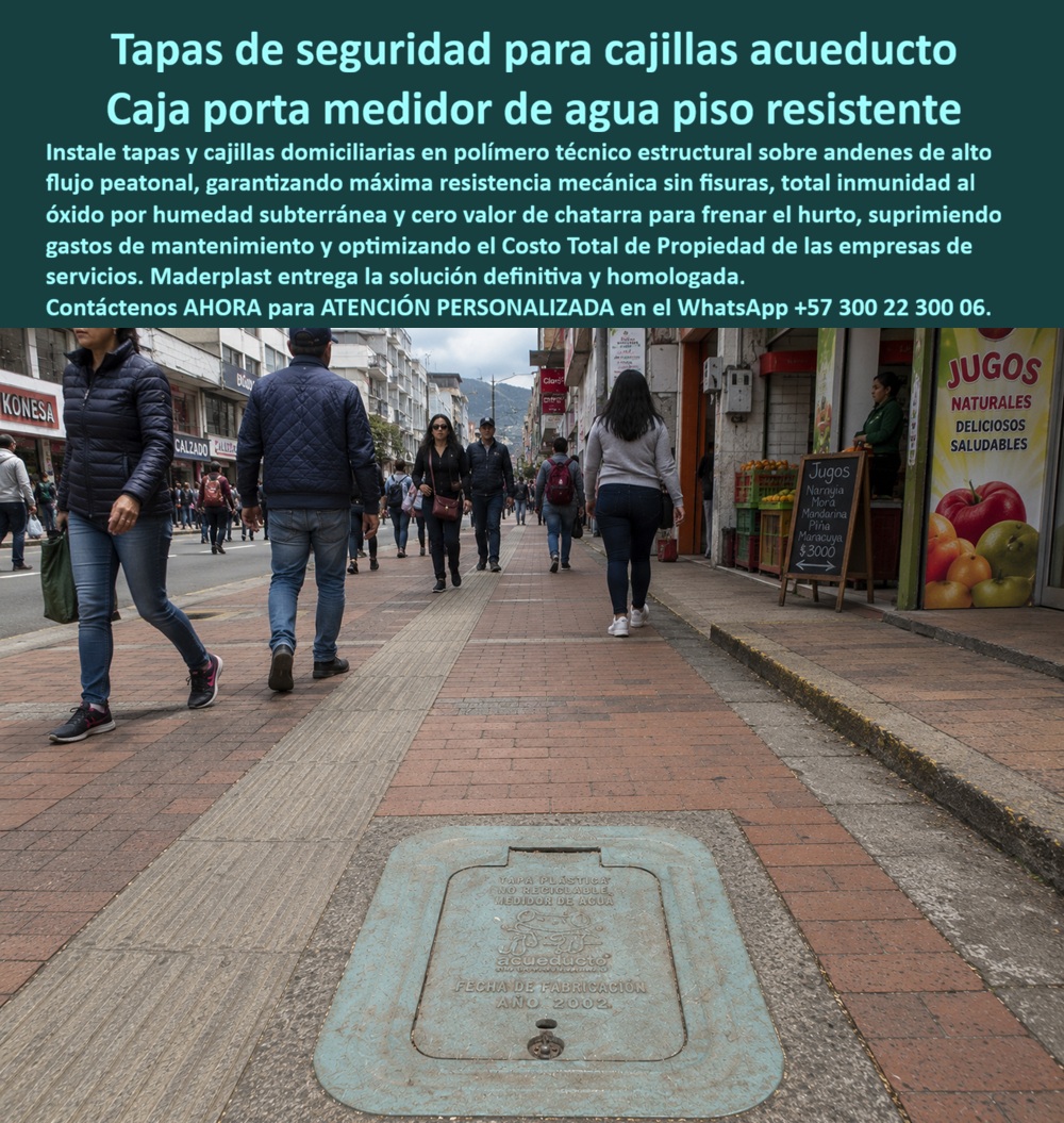 Tapa Con Cajilla De Medidor Tapa Plástica Alto Tráfico Peatonal Maderplast Tapa de seguridad para cajilla de acueducto Caja portamedidor de agua para piso resistente Caja medidor de agua domiciliaria de andén Caja Empotrar Pared Medidores  Tapas de Seguridad para Cajillas Acueducto: la Caja Porta Medidor que soporta el andén más transitado de la ciudad. Sobre una calle comercial de alto flujo peatonal, decenas de personas caminan a diario sobre esta tapa con cajilla de medidor, instalada al ras del piso sin generar tropiezo ni desnivel. Esa capacidad de resistir tránsito constante sin fisurarse es la razón de ser de esta caja portamedidor de agua piso resistente, la solución que Maderplast entrega para zonas urbanas donde el pavimento recibe miles de pisadas cada jornada.  ¿Qué es este producto? Es una tapa de seguridad para cajilla en polímero técnico estructural, diseñada para cubrir la caja medidora de agua domiciliaria de andén sobre vías peatonales de alto tráfico comercial, integrándose al nivel del piso sin comprometer la circulación. ¿Por qué utilizarla? Porque a diferencia de la tapa metálica tradicional -que hoy vemos oxidada, fechada desde años atrás y con evidente valor de chatarra-, esta tapa plástica alto tráfico peatonal es totalmente inmune al óxido por humedad subterránea y no representa ningún atractivo de reventa para el hurto, suprimiendo un problema recurrente para las empresas de acueducto. ¿Para qué se debe implementar en esencia? Para garantizar máxima resistencia mecánica sin fisuras bajo el peso peatonal constante, optimizar el Costo Total de Propiedad de las empresas de servicios y mantener la estética urbana sin tapas quebradas ni corroídas en plena vía comercial.  ¿Resiste el peso de vehículos livianos que suban ocasionalmente al andén? Sí, esta caja portamedidor de agua para piso resistente está calculada estructuralmente para cargas de tránsito urbano exigente, sin agrietarse con el paso repetido. ¿Qué pasa si la tapa metálica original ya fue robada varias veces? Ese es justamente el problema que resuelve esta tapa plástica para reemplazar la tapa de hierro, al eliminar por completo el valor de reciclaje que motiva el hurto en centros urbanos. ¿Puede instalarse en cajillas antiguas ya existentes? Sí, se adapta como caja de empotrar en pared o a nivel de piso, ajustándose a las dimensiones estándar de la cajilla domiciliaria ya instalada por el acueducto. ¿Cuánto tiempo dura sin necesitar mantenimiento? Al no oxidarse ni degradarse con la humedad, esta caja para tapar el contador elimina las intervenciones periódicas de pintura o soldadura que exige el metal. ¿Es apto para zonas comerciales de alta circulación como esta? Totalmente, es la referencia técnica para caja de acueducto en corredores peatonales donde miles de personas transitan a diario sin margen de error.  Un supervisor de infraestructura de un acueducto municipal nos comentó que, tras reemplazar decenas de tapas metálicas robadas en el centro de la ciudad por estas tapas de seguridad para cajillas Maderplast, los reportes de hurto desaparecieron por completo, y el ahorro en reposiciones fue evidente ya en el primer semestre.  Como fabricante certificado ISO 9001 en diseño y desarrollo, e ISO 14001 ambiental, Maderplast respalda cada caja empotrar pared medidores con pruebas de laboratorio disponibles en youtube.com/@maderplasSA, y realizamos pruebas de campo adicionales que usted escoja, a nuestro costo. Si su municipio requiere cajilla para medidores, caja plástica para medidor o un diseño a la medida de sus andenes comerciales, nuestro departamento de ingeniería cotiza, personaliza y fabrica en serie. Cuando se trata de tapas para acueducto en plástico técnico, Maderplast convierte el hurto y la corrosión urbana en cosa del pasado. Contacte Atención personalizada: WhatsApp (+57) 300 22 300 06