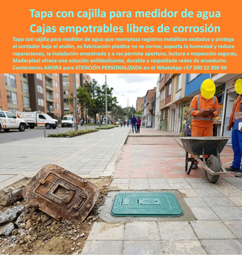 Tapa Con Cajilla Del Medidor Tapa Plástica Manual de instalación Maderplast Caja empotrable medidor agua fácil apertura Tapa plástica antideslizante para acueducto Instalación cajilla medidor agua rápida y segura Caja para proteger contador La tapa con cajilla para medidor de agua Maderplast aparece recién instalada en un andén, junto al antiguo registro metálico oxidado retirado. Dos operarios verifican la intervención. La escena convierte el reemplazo de tapa metálica oxidada en una solución visible: una caja empotrable para medidor de agua protege el contador bajo el piso y mantiene disponible su inspección.  ¿Cuál es el producto instalado? Es una caja para proteger contador compuesta por cuerpo, marco y tapa de registro para contador, destinada a alojar medidor, válvulas y uniones. También se identifica como registro domiciliario bajo andén, cajilla de inspección de agua o tapa plástica para acueducto. Su función no consiste únicamente en cubrir un hueco: debe proteger el equipo, permitir maniobras y conservar segura la circulación.  ¿Cómo se reemplaza una cajilla deteriorada? El manual de instalación de tapa para medidor comienza verificando dimensiones, profundidad, tuberías y ausencia de fugas. Después se realiza el retiro de cajilla deteriorada sin golpear el contador ni transmitir esfuerzos a las conexiones. La excavación para caja de agua debe permitir corregir el terreno y preparar una base compactada que reduzca asentamientos. Instalar sobre material suelto puede desnivelar el marco y perjudicar la apertura.  ¿Cómo se asegura la posición correcta? La instalación de cajilla para medidor exige comprobar escuadra, orientación y nivelación del marco antes del vaciado. El confinamiento en concreto debe rodear uniformemente la caja sin deformarla y mantener libre el mecanismo. La instalación a ras del pavimento evita resaltos o depresiones, mientras el sellado perimetral integra la reparación con el andén. Debe respetarse el curado del concreto antes de habilitar el tránsito; rapidez no significa omitir tiempos técnicos.  ¿Qué garantiza una apertura funcional? La apertura libre de la tapa se verifica después del confinamiento, comprobando que no existan residuos, roces ni mortero dentro del cierre. El drenaje de cajilla debe manejar infiltraciones previsibles y el interior conservar espacio para el mantenimiento del medidor y el acceso para lectura. Una tapa mal orientada o bloqueada por concreto transforma una buena pieza en un problema de operación.  ¿Por qué elegir una cubierta plástica? La tapa anticorrosiva para medidor no desarrolla el óxido propio de la tapa ferrosa retirada y la protección contra humedad reduce deterioros asociados a la carcasa. Una tapa plástica antideslizante aporta textura a la zona de paso, pero la resistencia al tránsito peatonal debe demostrarse mediante la carga de servicio comprobada para la referencia. El cierre, los herrajes y la instalación también forman parte del desempeño.  ¿Qué debe comprobarse durante la entrega? La recepción técnica de instalación debe revisar nivel, estabilidad, apertura, cierre, acabado, drenaje, limpieza y verificación de medidas. La superficie peatonal segura requiere continuidad con el andén y ausencia de bordes cortantes. El comprador debe solicitar ficha, garantía y requisitos del prestador antes de aceptar la reposición de registro de acueducto.  La rehabilitación de andenes con cajillas bien ejecutada reduce nuevas roturas, corrosión y correcciones, mejorando el costo total de propiedad. Maderplast desarrolla medidas especiales como fabricante de cajas para medidor de agua, con planos, prototipos y producción seriada. Solicite su cotización de cajilla empotrable al Contacte Atención personalizada: WhatsApp (+57) 300 22 300 06 o a ventas@maderplast.com