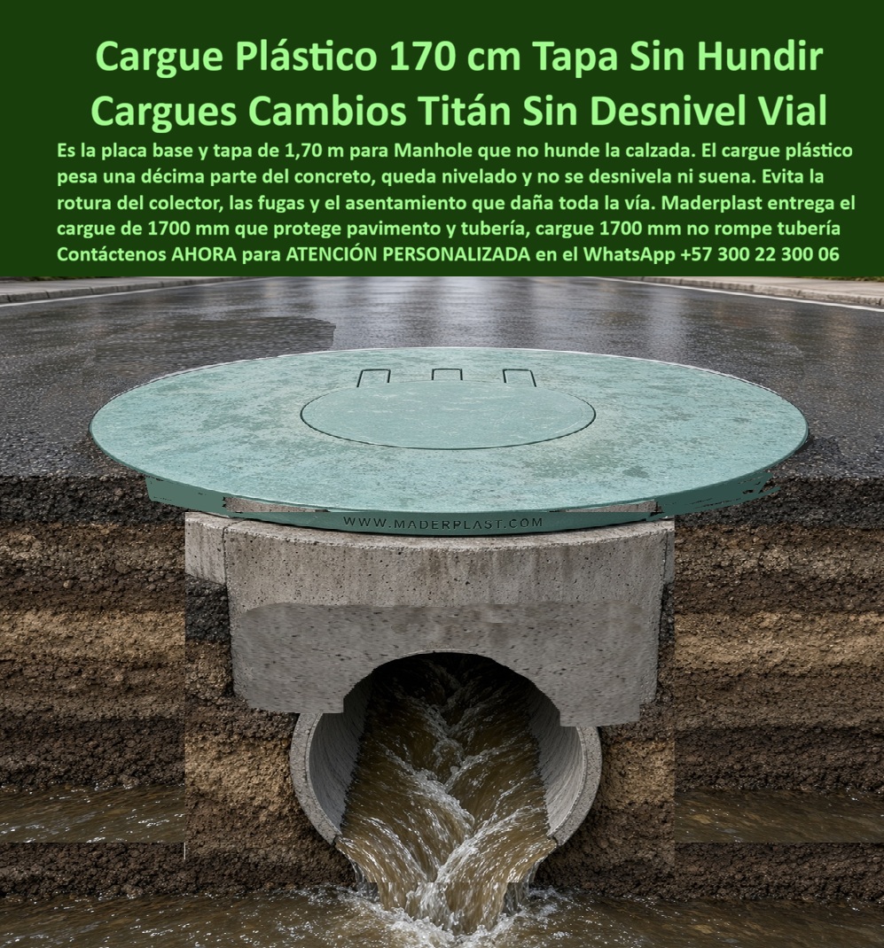 Cargue plástico 1.70 m no hunde la vía Tapa y placa base de 1.7 m Maderplast - Cargue para manhole de 1700 mm sin asentamiento vial, Cargue Titán plástico décima parte peso, Cargue de 170 cm para pozo sin hundimiento de calzada, Placa base 170 cm Cargue plástico 1.70 m no hunde la vía Tapa y placa base de 1.7 m Maderplast Cargue para manhole de 1700 mm sin asentamiento vial Cargue Titán plástico décima parte peso Cargue de 170 cm para pozo sin hundimiento de calzada Placa base 170 cm