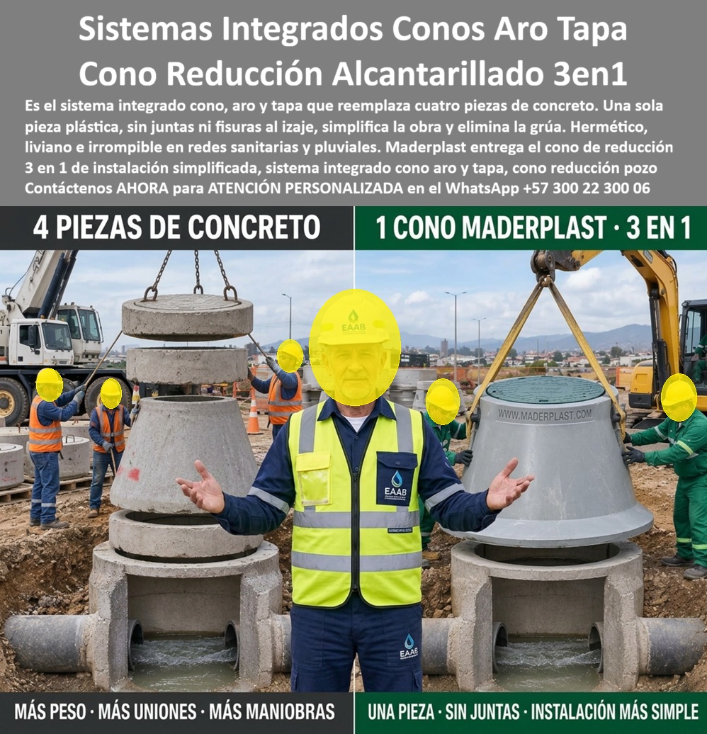 Cono Plástico 3 En 1 Pozo De Inspección Cono Reductor Cuello Pozo Maderplast - sistema integrado cono aro y tapa, Cono Reducción Pozo Alcantarillado 3 En 1 Sin Grúa, cono de reducción para alcantarillado, cono plástico de instalación simplificada Cono Plástico 3 En 1 Pozo De Inspección Cono Reductor Cuello Pozo Maderplast sistema integrado cono aro y tapa Cono Reducción Pozo Alcantarillado 3 En 1 Sin Grúa cono de reducción para alcantarillado cono plástico de instalación simplificada