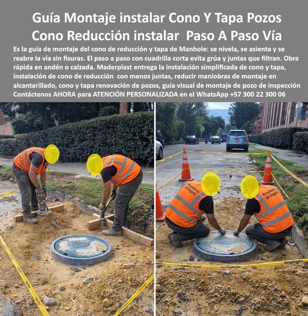 Guia de montaje cono y tapa Instalación de cono de reducción Maderplast - Guia de montaje cono y tapa alcantarillado sin fisuras, Cono reducción paso a paso vía reabierta, Guía instalación cono plástico tapa manhole, Instalación de cono manhole A Guia de montaje cono y tapa Instalación de cono de reducción Maderplast Guia de montaje cono y tapa alcantarillado sin fisuras Cono reducción paso a paso vía reabierta Guía instalación cono plástico tapa manhole Instalación de cono manhole A