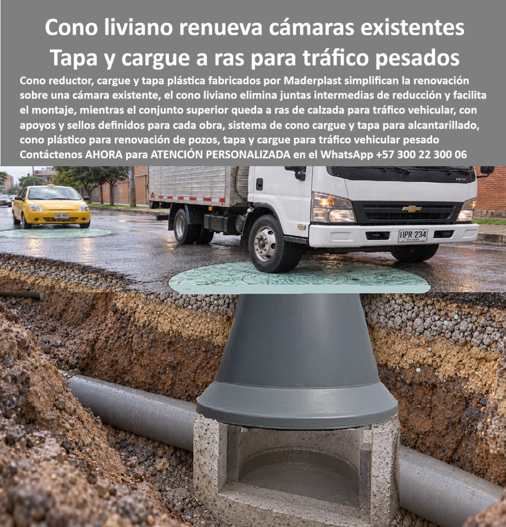 Sistema de cono y tapa alcantarillado sin juntas Cono reductor Maderplast - Cono Pozo Reducción Instalación Sobre Cajón Existente Sin Grúa, Sistema cono y aro tapa para alcantarillado sin rotura vial, Cono y tapa plástica resiste camión en vía, A Sistema de cono y tapa alcantarillado sin juntas Cono reductor Maderplast Cono Pozo Reducción Instalación Sobre Cajón Existente Sin Grúa Sistema cono y aro tapa para alcantarillado sin rotura vial Cono y tapa plástica resiste camión en vía A