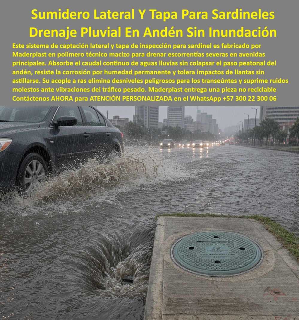Tapa y sumidero sardinel sin empozamiento Sumidero andenes Maderplast - Drenaje lateral vías no se inunda en lluvia, Tapa sumidero lateral tráfico y Resiste aguas lluvias, Rejilla andén pluvial resiste lluvia torrencial, Tapa Sumidero Reciclable Tapa y sumidero sardinel sin empozamiento Sumidero andenes Maderplast Drenaje lateral vías no se inunda en lluvia Tapa sumidero lateral tráfico y Resiste aguas lluvias Rejilla andén pluvial resiste lluvia torrencial Tapa Sumidero Reciclable