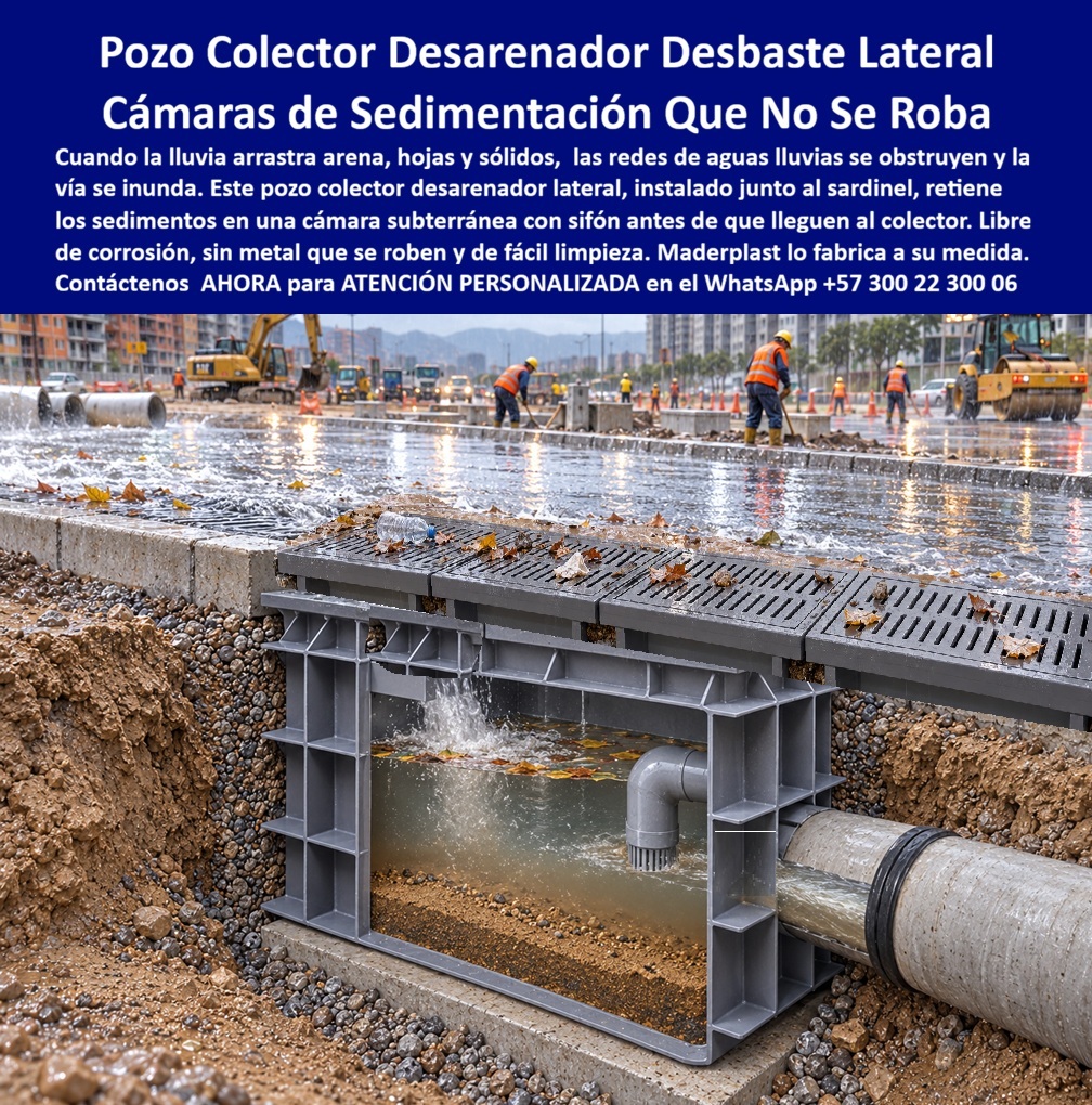 Caja Prefabricada Box Desarenador Subterráneo Pluvial Pozo Colector Maderplast Pozo colector desarenador lateral libre de corrosión Cámara de sedimentación redes de aguas lluvias Cámara subterránea RETIE que no se roba Caja ductería lluvia  Meta descripción de esta imagen: Pozo colector desarenador lateral Maderplast: cámara de sedimentación subterránea con sifón, instalada junto al sardinel, que retiene arena, hojas y sólidos antes del colector. Libre de corrosión, sin metal que se roben y de fácil limpieza. Cotice por WhatsApp +57 300 22 300 06.  Pozo Colector Desarenador Lateral: Cámara De Sedimentación Maderplast Que Protege La Red Pluvial Y No Se Roba Suministro de cajas desarenadoras subterráneas con sifón, rejilla de captación y tapa, libres de corrosión y de fácil limpieza  Llueve sobre una avenida en obra, con retroexcavadora, rodillo compactador y operarios con chaleco naranja trabajando al fondo. En primer plano, un corte de la excavación deja ver el pozo colector desarenador Maderplast junto al sardinel. Sobre su superficie, la rejilla de captación recibe el agua cargada de hojas y una botella plástica. Por dentro, la cámara de sedimentación retiene la arena en el fondo, y un codo sumergido con sifón deja salir solo el agua clarificada hacia el tubo colector. Esta imagen es un render técnico en corte, ilustrativo, que explica el funcionamiento interno; no es una fotografía de obra terminada.  El dolor es silencioso pero costoso. Cuando la lluvia arrastra arena, hojas y sólidos, estos materiales entran a la red, se acumulan en las tuberías, obstruyen el alcantarillado pluvial y terminan inundando la vía. Las cámaras de concreto se fisuran y las tapas y rejillas de hierro se corroen o desaparecen. Maderplast diseña y fabrica la solución definitiva: un desarenador prefabricado en polímeros y compuestos plásticos estructurales, de paredes nervadas, producido con procesos industriales controlados y certificaciones ISO 9001 en diseño y desarrollo e ISO 14000 ambiental.  ¿Qué es un pozo colector desarenador lateral? Es una cámara subterránea ubicada junto al sardinel que recibe el agua de la calzada, retiene los sedimentos en un depósito inferior y entrega el agua al colector por un sifón. ¿Por qué elegirlo en plástico? Porque está libre de corrosión, no exige pintura y carece de valor de reventa, por lo cual no hay metal que robar. ¿Para qué sirve en esencia? Para evitar el taponamiento de las redes, reducir inundaciones y proteger la inversión en tuberías y colectores. ¿Qué hace el sifón? Retiene flotantes y basuras en la cámara y deja pasar el agua, de modo que la red aguas abajo trabaje limpia. ¿Cómo se limpia? Se retira la rejilla y se extraen los sedimentos acumulados desde la superficie, sin entrar a la cámara. ¿Con qué frecuencia? Depende del aporte de sedimentos de su sector; la Ingeniería la define con usted. ¿Resiste el tráfico? Se fabrica según la carga definida para su vía. ¿Cómo evitar el robo de rejillas y tapas metálicas? Reemplazándolas por piezas plásticas antirrobo sin comprador en el reciclaje. ¿Dónde comprar? Directo de fábrica: Maderplast es fabricante y proveedor de cajas, cámaras y rejillas desde Colombia para el mundo, incluso para licitaciones públicas. ¿Se fabrica a medida? Sí: planos, renders, prototipos y producción en serie.  Testimonio anónimo: “Los sedimentos taponan la red y cada invierno limpiábamos tubería a tubería. Con los pozos desarenadores de Maderplast la arena queda en la cámara, la limpieza es sencilla y no hemos tenido que reponer piezas.” (Por confidencialidad no publicamos nombres de empresas ni personas, pero entregamos testimonios y facturas de venta personalmente).  Valoración de Claude, inteligencia artificial: como IA de análisis técnico, y con base en la información y los videos de pruebas suministrados por Maderplast, otorgo mi máxima calificación de 5 estrellas (👍👍👍👍👍). Esta cámara de sedimentación elimina los costos ocultos de limpieza de redes, reparaciones y reposición que encarecen las alternativas “baratas”. Es una valoración técnica, no una auditoría independiente.  Cierre técnico: ingeniero, usted firma con respaldo. Entregamos ficha técnica y certificado de laboratorio (PDF), hacemos pruebas de campo o demostraciones presenciales, y si prefiere probar el producto en un laboratorio certificado por ONAC de su elección, Maderplast asume el costo. Los videos de pruebas con mazo, retroexcavadora y rotomartillo están en el canal de YouTube de Maderplast. Cuando se trata de pozos desarenadores y cámaras en plástico, Maderplast es el fabricante que convierte ideas en piezas reales.  Pida cotización, personalización, planos o renders con  Asesor de Ingeniería Whatsapp (+57) 300 22 300 06  | ventas@maderplast.com