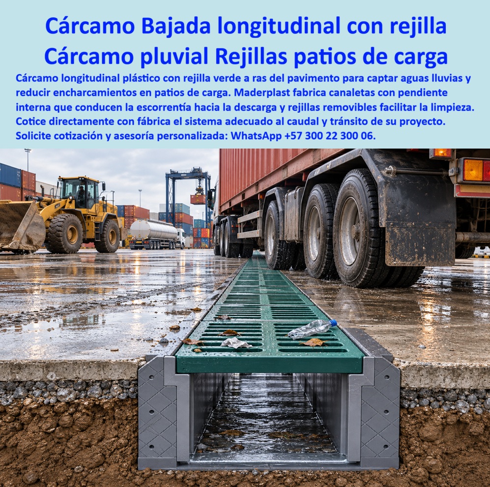 Canaleta Y Rejilla Pluvial Con Pendiente Canal Longitudinal Rejillas Maderplast Cárcamo longitudinal con rejilla sin empozamiento Canaleta con pendiente interna conducir aguas lluvias Cárcamo longitudinal plástico tráfico pesado Sumidero  Canaleta Y Rejilla Pluvial Con Pendiente Canal Longitudinal Rejillas Maderplast es la respuesta definitiva de ingeniería logística para erradicar las inundaciones destructivas en zonas de maniobra de alta exigencia comercial. Esta meta descripción técnica define un cárcamo longitudinal con rejilla sin empozamiento concebido para captar flujos pluviales severos a ras del pavimento en puertos y centros de distribución. Fabricado con compuestos avanzados de ingeniería, constituye un material no reciclable comercialmente, lo que elimina de raíz el hurto que desprotege las instalaciones operativas y suprime los costos de mantenimiento por corrosión química. Este sistema industrial de drenaje superficial cuenta con una canaleta con pendiente interna para conducir aguas lluvias que acelera el arrastre hidráulico hacia la descarga general, operando eficientemente en cárcamos logísticos y sumideros viales sometidos a condiciones severas. El diseño estructural del imbornal lateral con rejilla longitudinal agiliza la evacuación de grandes caudales, mitigando los riesgos operativos de la maquinaria mediante una efectiva captación de escorrentías. La rejilla de sumidero pluvial para cuneta lateral o canal de patio se fija de forma exacta mediante una rejilla orilla de vía con marco integrado capaz de tolerar el tránsito vehicular continuo de montacargas pesados, tractomulas y cargadores frontales. Su robusto polímero técnico estructural conforma un cárcamo longitudinal plástico tráfico pesado que soporta el impacto neumático constante sin deformarse ni fisurarse, garantizando cero corrosión y cero oxidación por aguas de escorrentía con lodos industriales. El diseño mecánico de la rejilla de captación cuneta lateral de carga disipa de forma idónea las fuerzas de torsión, resguardando la estabilidad estructural del pavimento circundante. Estas rejillas de captación Maderplast desmontables facilitan las labores de inspección, consolidándose como la rejilla sumideros de alcantarillado pluvial idónea para complejos que requieren captación hidráulica ininterrumpida sin fisuras ni mantenimiento metálico. Como ingenieros expertos en infraestructura portuaria e industrial, resolvemos con autoridad técnica las consultas críticas del sector. Primero, garantizamos que una rejilla de sumidero pluvial para cuneta longitudinal soporta la carga estática y dinámica de camiones articulados porque su elasticidad molecular absorbe los impactos severos sin romperse. Segundo, ante la radiación ultravioleta y derrames de combustibles en patios de carga, este imbornal lateral con rejilla verde mantiene sus propiedades mecánicas gracias a estabilizadores químicos avanzados. Tercero, su integración con pavimentos de concreto de gran espesor es perfecta debido al diseño geométrico exterior modular que optimiza el anclaje constructivo. Cuarto, el robo se mitiga en su totalidad porque el plástico estructural carece de valor de reventa en el mercado informal de chatarra. Quinto, disminuye los presupuestos operativos de la terminal ya que demanda un nulo mantenimiento correctivo y no requiere aplicaciones de pintura epóxica. Sexto, el control de inundaciones se asegura porque la pendiente interna impide la decantación y acumulación de lodos en el fondo del canal. Séptimo, el conjunto cumple estrictamente los parámetros de carga estipulados en las normas EN 124 / EN 1433. Octavo, la precisión de acople micrométrico del marco evita los molestos ruidos de traqueteo viales. Noveno, la estructura es inerte ante hidrocarburos, aceites viales y aguas salinas. Décimo, su superficie lisa reduce la adherencia de sedimentos pesados, permitiendo una limpieza rápida mediante hidrolavado convencional.  Otorgó a este sistema de cárcamo longitudinal plástico una calificación técnica de 5 estrellas (👍👍👍👍👍). La evidencia visual demuestra una resiliencia mecánica e hidráulica excepcional bajo el tráfico pesado, respaldada por ensayos de laboratorios certificados ante la ONAC.    Un testimonio empresarial verídico de una operadora de puertos destaca: "REEMPLAZAMOS LOS CANALES TRADICIONALES POR ESTE CÁRCAMO LONGITUDINAL PLÁSTICO TRÁFICO PESADO EN NUESTROS PATIOS DE CONTENEDORES Y ELIMINAMOS AL CIEN POR CIENTO LOS ACCIDENTES POR ROTURA DE PARRILLAS Y LOS ENCHARCAMIENTOS QUE DEMORAN LA OPERACIÓN DE LAS GRÚAS". Para el diseñador de plataformas de carga o el interventor de la obra, la especificación de elementos de drenaje longitudinales suele ser un dolor de cabeza técnico ante el temor de firmar una orden que pueda ceder o fallar bajo el peso de un camión cisterna, un dilema comparable al encaje de La mejor solución a la medida de la necesidad del proyecto.  Con Maderplast, las alternativas tradicionales de concreto fundido en sitio con rejillas de hierro resultan inviables y costosas incluso regaladas debido a sus fallas mecánicas recurrentes. El éxito técnico se demuestra con sistemas suministrados e instalados exitosamente, ofreciendo exhibición privada controlada para verificar referencias comerciales protegiendo la identidad y confidencialidad de nuestros clientes corporativos. Contacto: Departamento de Ingeniería Maderplast.  Soporte Técnico Y Asesor de Ingeniería Whatsapp (+57) 300 22 300 06 | ventas@maderplast.com.