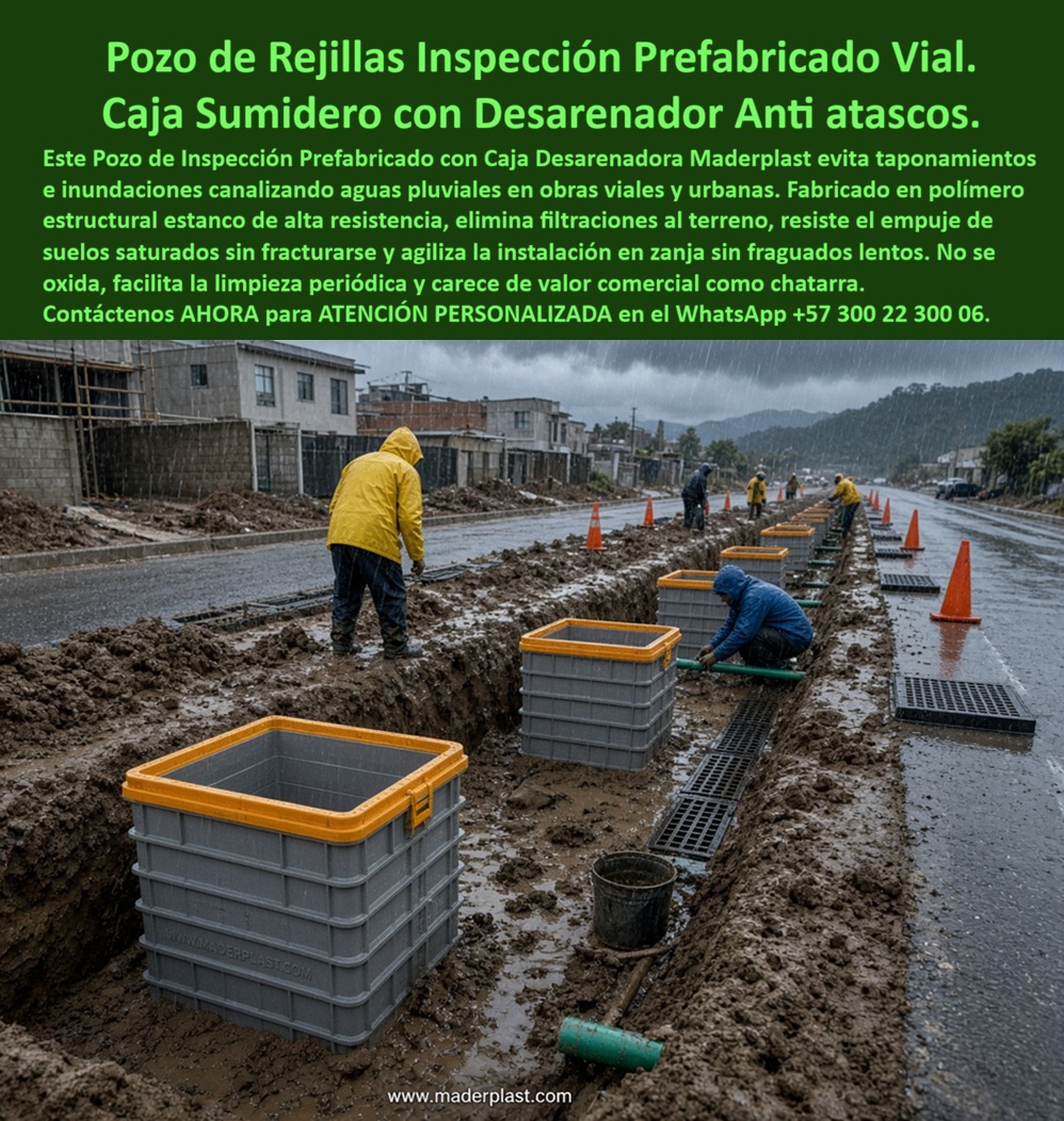 Pozo de inspección prefabricado de obras Caja De Inspección Maderplast Caja Sumidero Con Desarenador Que Evita Taponamientos Fácil Mantenimiento Caja Desarenadora Plástica Obra Vial Sin Filtraciones Cámara De Paso Subterráneo Con Tapa reja  Pozo de inspección prefabricado de obras Caja De Inspección Maderplast es la solución definitiva de ingeniería vial para optimizar la captación de aguas lluvias y sedimentar arenas en entornos constructivos de alta exigencia climática. Esta meta descripción técnica define un sistema modular de pozos que integra una caja sumidero con desarenador que evita taponamientos y facilita el mantenimiento, garantizando obras viales libres de inundaciones. Al estar fabricado a partir de compuestos de plásticos de ingeniería avanzados, constituye un material no reciclable comercialmente, lo que erradica por completo el hurto de la infraestructura en vías públicas y anula los costos por corrosión ambiental. Este avanzado esquema de drenaje superficial e interno opera con máxima eficiencia hidráulica gracias a su caja desarenadora plástica obra vial sin filtraciones, actuando eficientemente en cárcamos longitudinales y sumideros viales urbanos. El diseño estructural de este componente prefabricado agiliza la captación de escorrentías, reteniendo los lodos pesados en la base de la recámara antes de que obstruyan la red colectora general. La rejilla de sumidero pluvial para cuneta lateral y la cámara de paso subterráneo con tapa reja se acoplan firmemente a la zanja mediante una rejilla orilla de vía con marco integrado estructural capaz de tolerar el tránsito vehicular continuo en zonas residenciales y de alta montaña. Su robusto polímero técnico estructural de alta resistencia soporta el empuje lateral de suelos saturados sin fracturarse, garantizando cero corrosión y cero oxidación por aguas de escorrentía ácidas o cargadas de sedimentos. El diseño mecánico de la rejilla de captación cuneta lateral disipa las cargas mecánicas de forma homogénea, resguardando la estabilidad vial de la calzada. Estas rejillas de captación Maderplast desmontables agilizan las maniobras de limpieza periódica, consolidándose como la rejilla sumideros de alcantarillado pluvial idónea para proyectos que exigen captación hidráulica constante y una notable reducción del Costo Total de Propiedad. Como ingenieros consultores expertos en redes de alcantarillado e infraestructura civil, resolvemos con autoridad técnica las consultas críticas del mercado. Primero, garantizamos que una rejilla de sumidero pluvial para cuneta con desarenador soporta cargas pesadas de tráfico porque su elasticidad modular disipa los impactos mecánicos directos sin rajarse. Segundo, ante la radiación ultravioleta y el contacto con lodos químicos en zonas de obras, este imbornal lateral con rejilla y pozo de inspección responde con estabilizadores avanzados que impiden la degradación estructural. Tercero, su integración en zanjas operativas es perfecta y veloz, ya que su geometría modular elimina los fraguados lentos del concreto tradicional. Cuarto, el vandalismo se anula totalmente porque el polímero carece de valor de reventa en el mercado informal de chatarra. Quinto, disminuye los presupuestos operativos de las obras civiles al requerir un nulo mantenimiento estructural y cero impermeabilizaciones. Sexto, el control de inundaciones y filtraciones al terreno se asegura debido al diseño estanco de sus uniones modulares. Séptimo, el producto cumple rigurosamente con los criterios de las normas EN 124 / EN 1433. Octavo, la precisión de acople de los marcos amarillos evita ruidos de traqueteo molestos. Noveno, la estructura es químicamente inerte ante hidrocarburos, aceites viales y sulfuros de alcantarillado. Décimo, su peso liviano reduce significativamente los costos de mano de obra y agiliza la instalación civil en condiciones de lluvia extrema.  Otorgó a este sistema de pozos con desarenador una calificación técnica de 5 estrellas (👍👍👍👍👍). La evidencia visual demuestra una instalación instantánea y una perfecta estanqueidad hidráulica bajo tormentas severas en frentes de pavimentación, respaldada por ensayos destructivos certificados ante la ONAC.   Un testimonio empresarial verídico de un consorcio de infraestructura vial destaca: "IMPLEMENTAMOS ESTA CAJA SUMIDERO CON DESARENADOR EN LOS PUNTOS MÁS BAJOS DE LA CALZADA BAJO LLUVIA CONTINUA Y ELIMINAMOS AL CIEN POR CIENTO LAS FILTRACIONES AL TERRENO Y EL TAPONAMIENTO DE TUBERÍAS POR ARENA, OPTIMIZANDO EL AVANCE DE OBRA SIN RETRASOS POR FRAGUADOS". Para el calculista, diseñador de alcantarillados o interventor de la obra, la especificación de pozos de inspección suele ser un dolor de cabeza técnico ante el temor de fallas estructurales por empuje de tierras o fugas que lixivien la subbase vial, un dilema comparable al encaje de La mejor solución a la medida de la necesidad del proyecto.  Con Maderplast, las alternativas tradicionales de concreto o ladrillo resultan inviables e ineficientes incluso regaladas debido a sus fisuras recurrentes y extensos tiempos constructivos. El éxito se fundamenta en pozos prefabricados listos para enterrar que operan bajo tráfico intenso, ofreciendo un protocolo de exhibición privada controlada para verificar referencias comerciales protegiendo la confidencialidad de nuestros clientes corporativos. Contacto: Departamento de Ingeniería Maderplast.  Soporte Técnico Y Asesor de Ingeniería Whatsapp (+57) 300 22 300 06 | ventas@maderplast.com.
