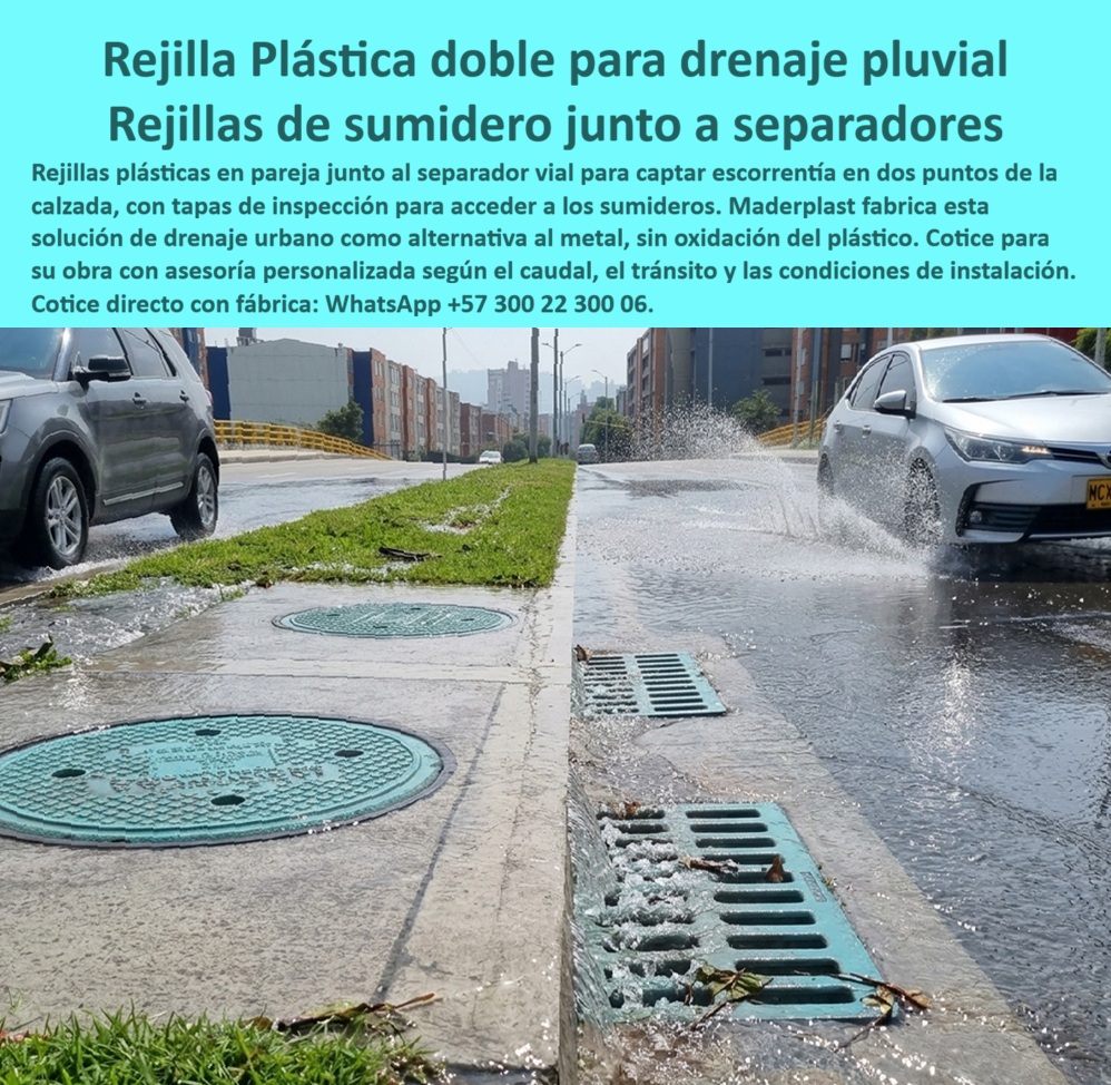 Rejilla Doble Orilla Vial Sumidero En Pareja 2 Rejillas Drenaje Maderplast Rejilla Doble Pluvial Calzada Antivandalismo Sin Mantenimiento Rejillas en pareja junto a separadores de calzada Rejillas pluviales pareja cruces urbanos Tragantes  Rejillas dobles para drenaje pluvial Maderplast: dos entradas junto al separador para interceptar escorrentías y facilitar la inspección. Solicite rejillas plásticas para sumideros con asesoría de fábrica, medidas para su obra y respaldo técnico del modelo propuesto.  Las rejillas en pareja de calzada aparecen alineadas en la orilla, con dos tapas circulares sobre el separador pavimentado. Cada rejilla junto al separador vial recibe la corriente que busca el borde mientras circulan vehículos. Este sumidero doble de aguas lluvias responde a una necesidad concreta: recoger agua en dos puntos del recorrido. Maderplast diseña y fabrica soluciones de drenaje pluvial urbano para integrar captación, acceso y conservación en una propuesta ajustada al proyecto.  Para quien busca rejillas para evitar empozamientos, importa conocer cómo entra y sale el agua. La primera rejilla de captación superficial intercepta parte del flujo; la siguiente puede recibir el remanente. Estos sumideros en serie requieren evaluar cotas y pendiente para distribuir la captación de escorrentías viales. Dos piezas aportan dos entradas, pero el resultado depende de la capacidad hidráulica del sumidero y de su descarga. Las rejillas para orilla de vía deben conectarse a un sistema de alcantarillado pluvial dimensionado para el caudal previsto. Así, las rejillas para lluvias intensas se seleccionan según la necesidad hidráulica real.  La ubicación de una rejilla para cubeta de calzada responde al recorrido del agua. En sumideros junto a separadores, deben revisarse puntos bajos, área aportante y residuos. Las rejillas para cruces urbanos y las rejillas para vías residenciales requieren una instalación que permita recibir la corriente. El marco para rejilla vehicular necesita apoyos definidos; una rejilla instalada a ras favorece la continuidad del pavimento. Para rejillas resistentes al tránsito vehicular, solicite ensayos y cargas admisibles. Las rejillas para tráfico pesado deben corresponder al modelo probado y a las condiciones de obra.  Al comparar rejillas plásticas frente al hierro, considere corrosión y conservación. Las rejillas que no se oxidan evitan el deterioro metálico; las rejillas sin mantenimiento de pintura eliminan esa tarea específica. Sin embargo, una rejilla de drenaje de fácil limpieza necesita retirar hojas y sólidos. La imagen muestra residuos retenidos: las rejillas de desbaste pluvial permiten observar dónde intervenir. Coordine limpieza de rejillas de sumideros, retiro de sedimentos del sumidero y revisión de salidas. Las tapas de inspección pluvial proporcionan acceso para limpieza del drenaje sin confundir el registro con la entrada de agua.  Para reemplazar rejillas metálicas, verifique medidas y alojamiento. Si necesita rejillas antirrobo para calzada o rejillas anti vandalismo urbano, consulte el anclaje de rejillas plásticas disponible. Maderplast ofrece fabricación de rejillas a medida, diseño de drenaje vial, planos para instalar sumideros y producción en serie de rejillas. Solicite ficha técnica de rejillas, pruebas de carga de rejillas y garantía de rejillas plásticas. Compare el costo total del drenaje incluyendo limpieza y reposiciones.  Las fotografías de productos instalados, los videos de pruebas de rejillas y los testimonios privados de suministro se ofrecen, según informa Maderplast, como respaldo disponible para revisión, manteniendo reservada la identidad de los clientes. Mi valoración como ChatGPT destaca en esta imagen la disposición sucesiva y el acceso de inspección separado: criterios útiles al evaluar una solución. Pida asesoría para especificar rejillas, cotización de rejillas vehiculares y compra directa de rejillas de fábrica. Envíe medidas, caudal y tránsito para definir su solución de captación pluvial a medida. Contáctenos AHORA para ATENCIÓN PERSONALIZADA en el WhatsApp +57 300 22 300 06.