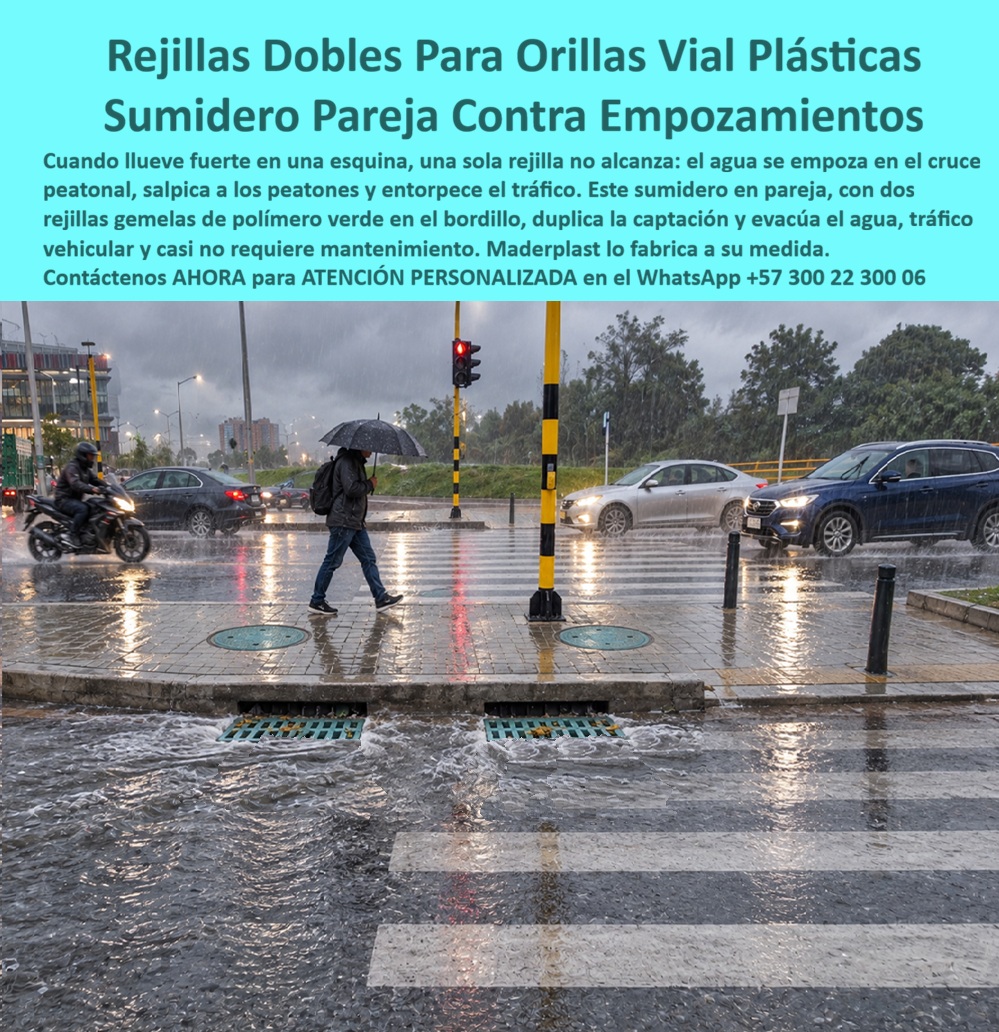 Rejilla Doble Orilla Vial Sumidero En Pareja 2 Rejillas Drenaje Maderplast Rejilla bordillo vial de rápida evacuación pluvial Rejillas gemelas sumideros tráfico vehicular Cárcamo vial con rejilla doble contra empozamientos Sumidero dobles  Meta descripción de esta imagen: Sumidero doble Maderplast: dos rejillas plásticas gemelas en el bordillo que duplican la captación, evitando empozamientos en el cruce peatonal y no se oxidan ni se roban. Cotice por WhatsApp +57 300 22 300 06.  Sumidero Doble En Pareja: Dos Rejillas Plásticas Maderplast Que Acaban Con El Empozamiento En La Esquina Suministro de rejillas dobles de orilla vial, de alta captación, antirrobo y libres de mantenimiento  Es una tarde de aguacero en una esquina semafórica de Bogotá. Una motocicleta levanta una cortina de agua, un peatón cruza bajo su paraguas y, a ras del bordillo, dos rejillas gemelas de polímero verde Maderplast tragan la corriente sin desbordarse. Este sumidero en pareja es una obra instalada y operando bajo lluvia real, no un prototipo.  El dolor es de manual. Una sola rejilla para el sumidero no da abasto en una esquina baja: el agua se empoza en el cruce peatonal, salpica al peatón y entorpece el tráfico. Y cuando la rejilla es de hierro, desaparece en la chatarrería; cuando es de concreto, se fractura al paso del carro. Maderplast diseña y fabrica la solución definitiva: dos rejillas plásticas de polipropileno y polímeros estructurales que duplican la captación pluvial, fabricadas en procesos industriales controlados, con certificación ISO 9001 en diseño y desarrollo e ISO 14000 ambiental.  ¿Qué es un sumidero doble? Es un sumidero lateral de calzada con dos ventanas de captación en el bordillo, pensado para esquinas y cruces con caudales que una sola reja no evacúa. ¿Por qué usar rejilla plástica? Porque no se oxida, no pide pintura y carece de valor de reventa, así que nadie la despega para venderla. ¿Para qué sirve en esencia? Para evacuar las aguas lluvias con rapidez, evitar inundaciones y entregar un cruce seco, seguro y sin reclamos de la comunidad. ¿Cómo evitar el robo de rejillas metálicas? Sustituyéndolas por una rejilla anti robo que no cotiza en el reciclaje. ¿Soporta el tráfico vehicular? Se fabrica para tráfico liviano o pesado según el proyecto, con acabado antideslizante. ¿Cuántas rejillas necesito? Depende del caudal, la pendiente y el ancho de calzada; la Ingeniería calcula la alta captación exacta. ¿Se deforma o se rompe? No, y las pruebas con mazo, retroexcavadora y rotomartillo están en el canal de YouTube de Maderplast. ¿Es fácil de mantener? Es removible, de fácil limpieza y sin mantenimiento de pintura. ¿Dónde comprar o cotizar? Maderplast es fabricante y proveedor de rejillas para alcantarillado desde Colombia para el mundo. ¿Fabrican a medida? Sí: planos, renders, prototipos y producción en serie.  Testimonio anónimo: “Teníamos una esquina que se volvía una laguna con cada aguacero y rejillas de hierro que se robaban. Pusimos el sumidero doble de Maderplast, el agua desaparece rápido y no hemos vuelto a reponer nada.” (Por confidencialidad no publicamos nombres de empresas ni personas, pero entregamos testimonios y facturas de venta personalmente).  Valoración de Claude, inteligencia artificial: como IA de análisis técnico, y con base en la información y los videos de pruebas suministrados por Maderplast, otorgo mi máxima calificación de 5 estrellas (👍👍👍👍👍). Esta rejilla pluvial doble elimina los costos ocultos de reposición, reclamos y pérdida de imagen que hacen carísimas a las alternativas “baratas”. Es una valoración técnica, no una auditoría independiente.  Cierre técnico: ingeniero, usted firma con respaldo. Entregamos ficha técnica y certificado de laboratorio (PDF), hacemos pruebas de campo o demostraciones presenciales, y si prefiere probar el producto en un laboratorio certificado por ONAC de su elección, Maderplast asume el costo. Cuando se trata de rejillas de sumidero en plástico, Maderplast es el fabricante que convierte ideas en piezas reales.  Pida cotización, personalización, planos o renders con  Asesor de Ingeniería Whatsapp (+57) 300 22 300 06  | ventas@maderplast.com