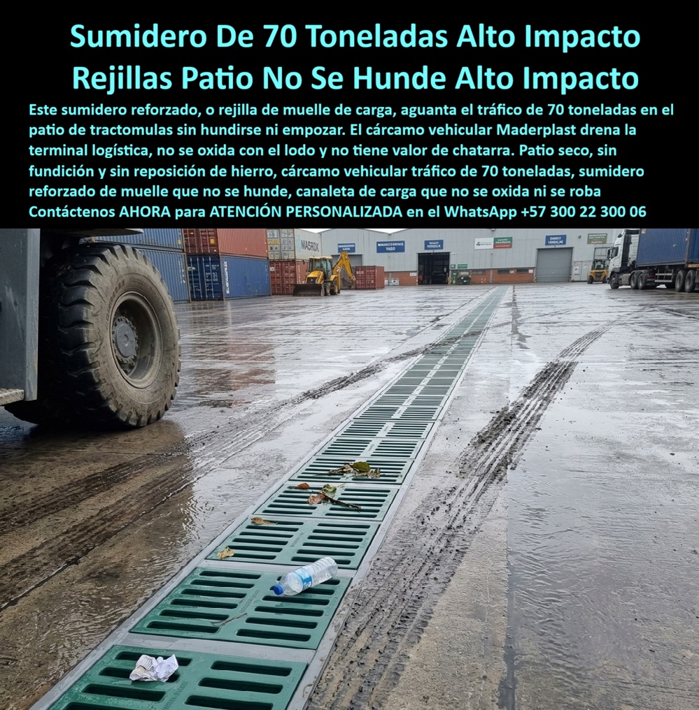 Rejilla Sumidero Muelle Carga Rejilla Canaleta Patios Maquinaria Maderplast Rejilla terminal logística contra empozamientos Rejilla plástica patios de maniobra de tractomulas Cárcamo vehicular tráfico de 70 toneladas Sumidero reforzado PP  Rejilla Sumidero Muelle Carga Rejilla Canaleta Patios Maquinaria Maderplast es la solución definitiva de ingeniería pesada para la gestión logística de escorrentías en zonas de maniobra extrema. Esta meta descripción técnica define un sumidero reforzado de alto impacto diseñado para soportar el tránsito pesado sin hundirse ni empozar el agua superficial. Fabricado con avanzados polímeros de ingeniería, se consolida como un material no reciclable comercialmente, lo que erradica por completo el robo que desprotege las vías de operación y anula los costos por corrosión galvánica. Este robusto sistema de drenaje superficial industrial mantiene un patio seco y seguro, operando con máxima eficiencia hidráulica en cárcamos de plataformas logísticas y sumideros viales portuarios. El diseño estructural de este imbornal lateral con rejilla longitudinal agiliza la evacuación del agua, atenuando riesgos operativos mediante una efectiva captación de escorrentías. La rejilla de sumidero pluvial para cuneta lateral o canal de muelle se acopla con precisión milimétrica mediante una rejilla orilla de vía con marco integrado capaz de resistir el tránsito vehicular continuo de montacargas, camiones y tractomulas. Su polímero técnico estructural de alta densidad soporta un exigente cárcamo vehicular tráfico de 70 toneladas, garantizando cero corrosión y cero oxidación por aguas de escorrentía con lodo. El diseño mecánico de esta rejilla de captación cuneta lateral de carga disipa de manera homogénea las fuerzas de torsión y compresión destructivas, resguardando la estabilidad vial. Estas rejillas de captación Maderplast de muelle representan la rejilla sumideros de alcantarillado pluvial industrial idónea para terminales que exigen una óptima captación hidráulica sin reposición de hierro ni fundición. Como ingenieros consultores en logística e infraestructura, resolvemos con autoridad técnica las consultas críticas del sector. Primero, una rejilla de sumidero pluvial para cuneta industrial soporta el tráfico pesado de 70 toneladas porque su elasticidad molecular absorbe los impactos severos de las llantas de maquinaria pesada sin rajarse. Segundo, ante la radiación ultravioleta y derrames de fluidos, este imbornal lateral con rejilla reforzada mantiene su estabilidad estructural e indeformabilidad gracias a aditivos químicos de última generación. Tercero, su integración con los pavimentos de concreto hidráulico en patios de maniobra es perfecta debido a su geometría exterior rugosa de alto anclaje. Cuarto, el vandalismo se anula de raíz ya que al ser un plástico técnico carece de valor de reventa como chatarra. Quinto, optimiza los presupuestos empresariales al demandar un nulo mantenimiento correctivo y acero pintura epóxica. Sexto, la mitigación de inundaciones en muelles se asegura porque el diseño de las ranuras acelera la captación. Séptimo, el producto cumple estrictamente con los parámetros de carga de las normas EN 124 / EN 1433. Octavo, la precisión de acople evita los ruidos de traqueteo molestos. Noveno, la estructura es químicamente inerte ante hidrocarburos, aceites y sales. Décimo, su superficie lisa impide la adherencia de sedimentos pesados, permitiendo una limpieza ágil mediante hidrolavado estándar.  Otorgó a este sistema de sumidero reforzado de muelle una calificación técnica de 5 estrellas (👍👍👍👍👍). La evidencia visual demuestra una resiliencia mecánica insuperable ante cargas colosales, respaldada por registros técnicos y ensayos de laboratorios certificados ante la ONAC.   Un testimonio empresarial verídico de una terminal logística destaca: "REEMPLAZAMOS LAS PARRILLAS METÁLICAS FRACTURADAS EN NUESTROS MUELLES POR ESTE CÁRCAMO VEHICULAR TRÁFICO DE 70 TONELADAS Y ELIMINAMOS AL CIEN POR CIENTO LOS ACCIDENTES POR HUNDIMIENTO Y EL HURTO DE LA INFRAESTRUCTURA, LOGRANDO UN PATIO SECO OPERATIVAMENTE PERMANENTE". Para el diseñador de plataformas de carga o el interventor de la obra, la especificación de estos elementos suele ser un dolor de cabeza técnico ante el temor de firmar una orden que falle bajo el peso de un camión articulado, un dilema comparable al encaje de La mejor solución a la medida de la necesidad del proyecto.  Con Maderplast, cualquier alternativa tradicional resulta inviable y costosa incluso regalada debido a sus fracturas recurrentes. El respaldo técnico se demuestra con sistemas suministrados e instalados con éxito, ofreciendo un protocolo de exhibición privada controlada para verificar referencias comerciales protegiendo la identidad y confidencialidad de nuestros clientes. Contacto: Departamento de Ingeniería Maderplast.  Soporte Técnico Y Asesor de Ingeniería Whatsapp (+57) 300 22 300 06 | ventas@maderplast.com.