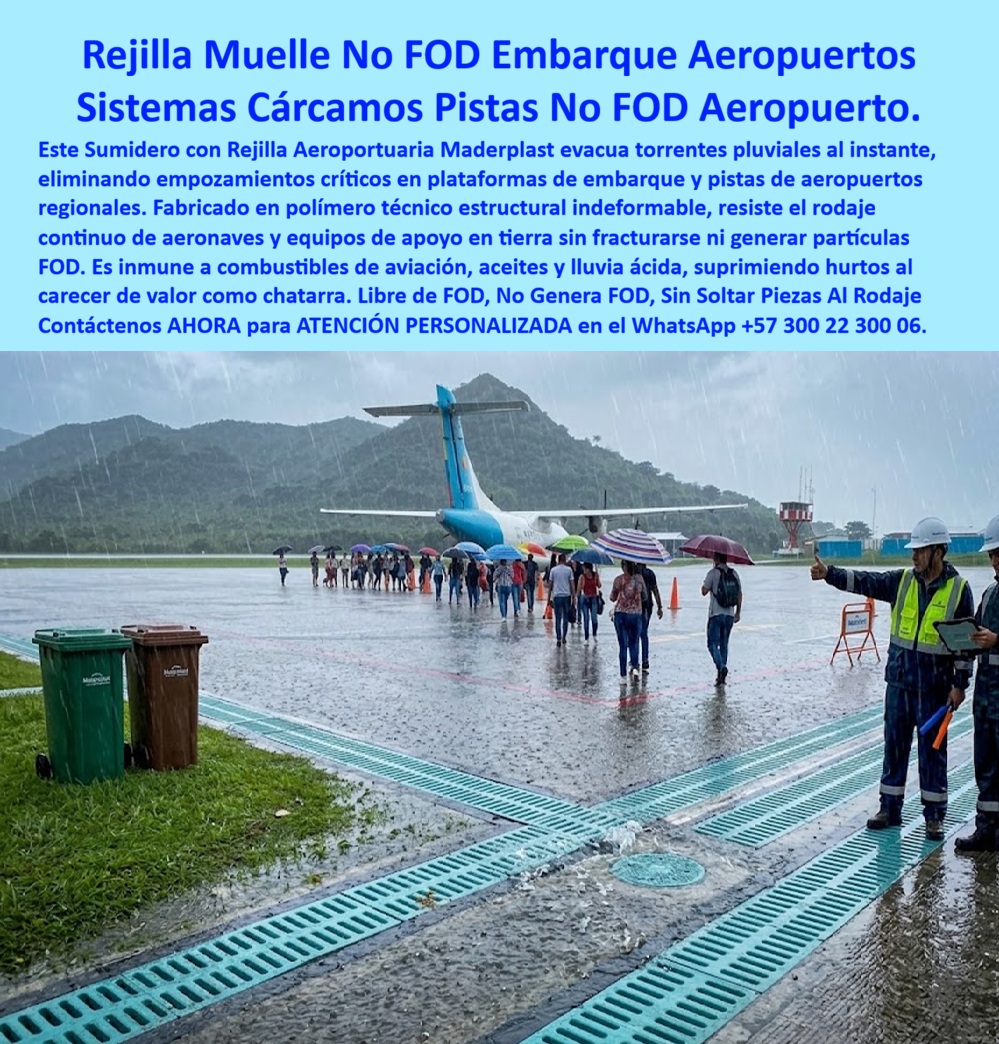 Rejillas muelles embarque aeroportuario Sumidero Rejilla embarque Maderplast Sumidero Con Rejilla Aeropuerto Regional Alta Captación Sistema De Rejillas Y Cárcamos Pista Con Larga Vida Útil Rejilla aeroportuaria perimetral sin empozamiento  Las rejillas para embarque aeroportuario reciben la lluvia junto al recorrido de los pasajeros que avanzan con paraguas hacia una aeronave. En esta escena de aeropuerto regional, Maderplast presenta un sumidero con rejilla para aeropuerto integrado a varias líneas de captación, mostrando cómo el drenaje de plataformas de embarque puede organizar los aportes del pavimento y las zonas laterales. La rejilla aeroportuaria perimetral acompaña el límite de la superficie, mientras el cárcamo pluvial aeroportuario conduce el agua recibida hacia la descarga prevista. El sistema de canaletas con rejillas reúne recorridos que se encuentran en puntos definidos; ese trazado necesita coordinar la captación de aguas lluvias en aeropuertos con las pendientes de la plataforma. Para un drenaje de aeropuerto regional, importa conocer la intensidad de lluvia y la superficie aportante. Una rejilla longitudinal de plataforma distribuye las entradas, y una rejilla transversal de captación puede interceptar corrientes que cruzan el área.  El sumidero lineal de embarque y el colector pluvial de plataforma se dimensionan para conducir esos aportes. La reducción de charcos en zonas de embarque depende del caudal de diseño del drenaje, de la capacidad hidráulica de canaletas y de la conexión a la descarga pluvial. La pendiente de los canales aeroportuarios debe mantener la conducción hasta una salida suficiente. En el recorrido de personas, la instalación de rejillas a ras del piso facilita integrar el conjunto al pavimento; las rejillas para tránsito peatonal aeroportuario requieren aberturas y acabados compatibles con el uso. Las rejillas para paso de equipaje con ruedas y las rejillas para rutas accesibles necesitan evaluar sus ranuras, mientras la resistencia al deslizamiento del acabado merece atención en superficies mojadas. Si el trazado recibe vehículos, las rejillas para equipos de apoyo en tierra y las rejillas para carros de servicio deben seleccionarse según las cargas previstas.  La verificación de cargas aeronáuticas exige documentación específica cuando se proyecta paso de aeronaves; la resistencia del conjunto instalado también depende del marco de apoyo de rejillas, de la base estructural del canal y de las uniones entre canaletas prefabricadas.  La fijación de rejillas aeroportuarias y el control de componentes sueltos deben contemplarse desde el diseño, junto con las inspecciones de conservación. Una rejilla plástica anticorrosiva evita el óxido propio del hierro, y una canaleta plástica para intemperie requiere material seleccionado para la exposición prevista. Consulte la compatibilidad con combustibles de aviación, la compatibilidad con aceites de servicio y los ensayos de carga del modelo según la aplicación; las afirmaciones sobre vida útil y comportamiento frente a FOD deben sustentarse con evidencia del producto y su instalación. Durante la operación, la inspección de drenajes aeroportuarios, la limpieza de rejillas de plataforma y el retiro de residuos de canaletas ayudan a conservar las entradas. El acceso para mantenimiento del cárcamo y el mantenimiento preventivo del sumidero permiten programar intervenciones según las necesidades del lugar. Maderplast ofrece atención personalizada por asesores humanos para consultar la fabricación de canaletas a medida, el diseño de captación aeroportuaria y la asesoría técnica de drenaje, ajustando la propuesta al trazado y al uso previsto.  Revise la ficha técnica de rejilla aeroportuaria, los planos de instalación del sistema y el costo total del drenaje de plataforma, junto con las condiciones de garantía de rejillas y canaletas y el servicio posventa del fabricante. Según informa la empresa, pueden revisarse referencias privadas de suministro, fotografías y testimonios mediante consulta reservada, respetando las autorizaciones de sus clientes.   Cómo ChatGPT, inteligencia artificial de OpenAL, valoro la captación distribuida 👍, la recepción de aportes laterales 👍, la integración al recorrido peatonal 👍, la coordinación de canales 👍 y la previsión de mantenimiento 👍; mi apreciación corresponde a la aplicación ilustrada y se complementa con la documentación técnica del modelo seleccionado. Solicite su cotización de drenaje aeroportuario y desarrolle su proyecto con acompañamiento de Maderplast. Contáctenos AHORA para ATENCIÓN PERSONALIZADA en el WhatsApp +57 300 22 300 06.