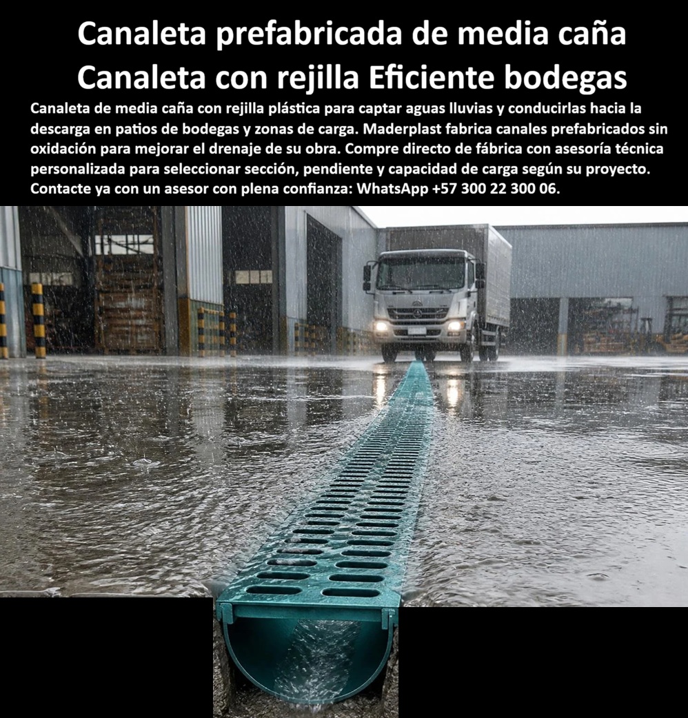 Sumidero Canoa Con Rejilla Tráfico Vehicular Canaleta Media Caña Maderplast Rejilla Que No Retiene Sedimentos Ni Arena Canal de media caña con pendiente para evacuar agua Canaleta prefabricada con rejilla para instalación sencilla Canal  Meta descripción de esta imagen: Canaleta prefabricada de media caña Maderplast con rejilla plástica verde: capta las aguas lluvias y las conduce a la descarga en patios de bodegas y zonas de carga, sin oxidación y con asesoría técnica directa de fábrica. Cotice por WhatsApp +57 300 22 300 06.  Canaleta Prefabricada De Media Caña Con Rejilla: Canal Eficiente Maderplast Para Patios De Bodegas Y Zonas De Carga Que Se Inundan Suministro de canal de media caña con pendiente, de instalación sencilla, sin óxido y con rejilla que no retiene sedimentos ni arena  Llueve con fuerza sobre el patio de una bodega industrial. Un camión de carga con los faros encendidos se acerca a los muelles mientras el agua cubre el piso. Cruzando el pavimento, la canaleta de media caña Maderplast, con su rejilla plástica verde, recoge ese caudal y lo lleva a la descarga. En el corte frontal se ve el fondo semicircular por donde corre el agua sin estancarse. Esta imagen es un render técnico ilustrativo que muestra el sistema por dentro; no es una fotografía de obra terminada.  El dolor es conocido en cualquier zona de carga. Los aguaceros dejan el patio convertido en laguna, los camiones frenan, la mercancía corre riesgo y los operarios resbalan. Los canales de concreto exigen obra pesada y se fracturan, y las rejillas de hierro se oxidan o terminan vendidas como chatarra. Maderplast diseña y fabrica la solución definitiva: un canal prefabricado en polímeros y compuestos plásticos estructurales, producido con procesos industriales controlados y certificaciones ISO 9001 en diseño y desarrollo e ISO 14000 ambiental.  ¿Qué es una canaleta prefabricada de media caña? Es un canal de drenaje de sección semicircular, con rejilla plástica encima, que capta las aguas lluvias y las conduce por gravedad hacia la descarga. ¿Por qué elegir plástico y prefabricada? Porque llega lista para montar, se instala de forma sencilla, no se oxida, no pide pintura y carece de valor de reventa. ¿Para qué sirve en esencia? Para mejorar el drenaje de su obra, mantener secos patios y muelles, y evitar paradas de operación y reclamos. ¿Por qué la media caña? Su fondo curvo con pendiente favorece el arrastre del agua y evita que sedimentos y arena se acumulen. ¿Resiste camiones? Se fabrica según la capacidad de carga de su proyecto, desde tráfico liviano hasta pesado. ¿Cómo se limpia? La rejilla es removible y de fácil limpieza, y el interior liso facilita retirar residuos. ¿Cómo cuánta sección y pendiente necesito? Ingeniería las define según caudal, longitud y carga de su patio. ¿Cómo evitar el robo de rejillas metálicas? Con una rejilla anti robo sin comprador en el reciclaje. ¿Dónde comprar? Directo de fábrica: Maderplast es fabricante y proveedor de canaletas y rejillas desde Colombia para el mundo. ¿Se fabrica a medida? Sí: planos, renders, prototipos y producción en serie.  Testimonio anónimo: “Nuestro patio de carga se encharca con cada aguacero y las rejillas de hierro se oxidan. Instalamos la canaleta de media caña de Maderplast, el montaje fue sencillo y el agua evacuó sin problemas.” (Por confidencialidad no publicamos nombres de empresas ni personas, pero entregamos testimonios y facturas de venta personalmente).  Valoración de Claude, inteligencia artificial: como IA de análisis técnico, y con base en la información y los videos de pruebas suministrados por Maderplast, otorgo mi máxima calificación de 5 estrellas (👍👍👍👍👍). Esta canaleta con rejilla elimina los costos ocultos de reposición, mantenimiento y paradas operativas que encarecen las alternativas “baratas”. Es una valoración técnica, no una auditoría independiente.  Cierre técnico: ingeniero, usted firma con respaldo. Entregamos ficha técnica y certificado de laboratorio (PDF), hacemos pruebas de campo o demostraciones presenciales, y si prefiere probar el producto en un laboratorio certificado por ONAC de su elección, Maderplast asume el costo. Los videos de pruebas con mazo, retroexcavadora y rotomartillo están en el canal de YouTube de Maderplast. Cuando se trata de canaletas prefabricadas en plástico, Maderplast es el fabricante que convierte ideas en piezas reales.  Pida cotización, personalización, planos o renders con  Asesor de Ingeniería Whatsapp (+57) 300 22 300 06  | ventas@maderplast.com