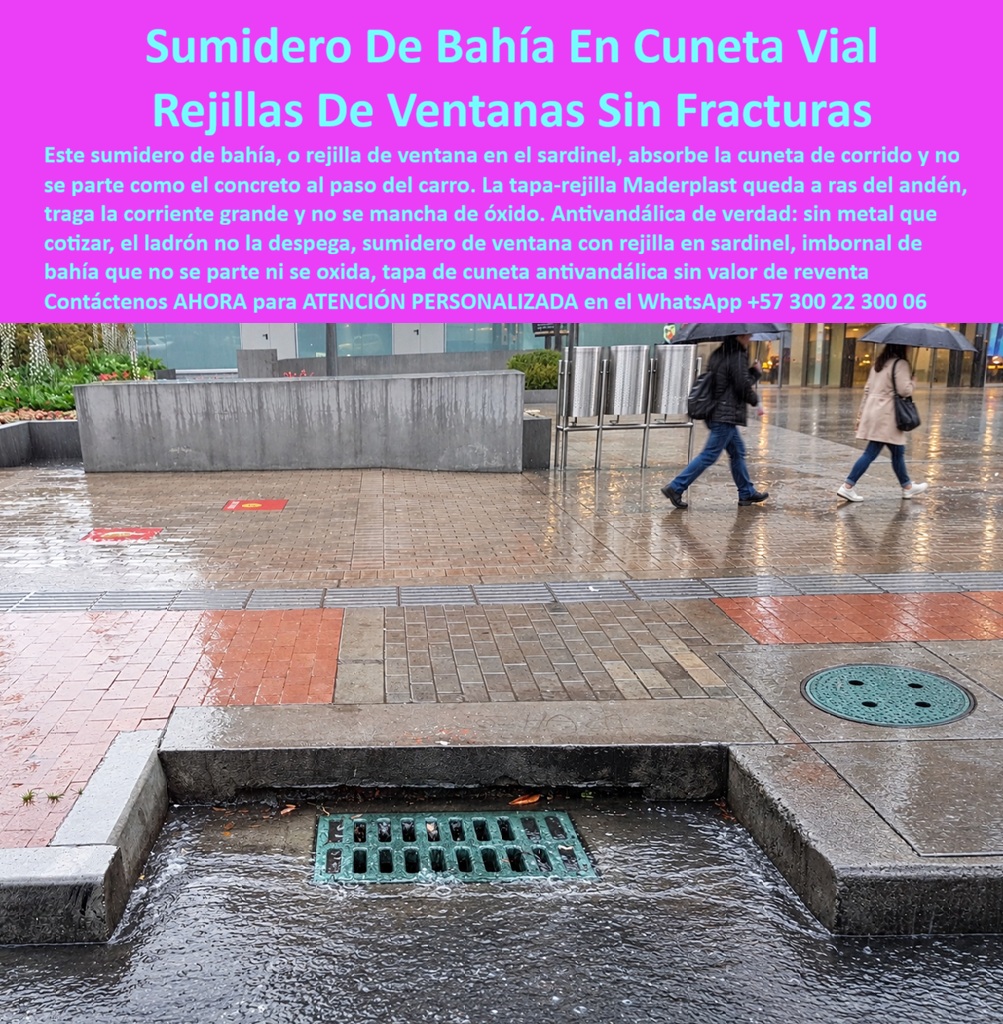 Sumidero De Bahía En Cunetas Rejilla De Sumidero De Ventana Maderplast Cárcamo bahía vial sin colapso aguas lluvias Sumidero lateral de calzada que evita encharcar Sumidero de ventana Rejilla de clase B125 o C250 EN124 Rejilla Sumideros  Meta descripción de esta imagen: Sumidero de bahía Maderplast: rejilla de ventana antirrobo y sin óxido para cuneta vial, clase B 125 o C 250 (EN 124). Cotice por WhatsApp +57 300 22 300 06.  Sumidero De Bahía En Cuneta Vial: Rejilla De Ventana Maderplast Que No Se Parte Ni Se Oxida Suministro de rejillas de sumidero lateral en sardinel, antivandálicas y de captación continua  Bajo una lluvia real, en una plaza peatonal de alto tráfico, el sumidero de la bahía Maderplast trabaja a ras del andén. Esta rejilla de ventana en el sardinel recibe la corriente de la cuneta de corrido, la traga sin desbordarse y conserva su color verde limpio, sin una mancha de óxido. Es una obra instalada y operando, no un prototipo de catálogo.  El dolor es conocido. La rejilla de concreto se fractura al paso del carro, la de hierro se corroe y termina en la chatarrería, y el resultado son empozamientos, andenes inundados y reclamos. Maderplast diseña y fabrica la solución definitiva, una rejilla plástica para sumidero hecha con polímeros y compuestos plásticos estructurales, en procesos industriales controlados y con certificación ISO 9001 en diseño y desarrollo e ISO 14000 ambiental.  ¿Qué es un sumidero de ventana? Es la boca de tormenta lateral que se abre en el bordillo y recoge el agua de la calzada antes de que invada el peatón. ¿Por qué plástico y no de hierro? Porque no se oxida, no pide pintura y no tiene valor de reventa, así que nadie la despega para venderla. ¿Para qué sirve en esencia? Para evacuar las aguas lluvias con rapidez, evitar inundaciones y entregar un espacio público limpio, seguro y sin reparaciones.  ¿Cómo evitar el robo de rejillas metálicas? Sustituyéndolas por una rejilla anti robo que no cotiza en el mercado del reciclaje. ¿Resiste el tráfico vehicular? Se fábrica en clase B125 o C 250 (EN 124) según el proyecto, y su acabado antideslizante protege al peatón. ¿Cómo elegir una rejilla para sumidero? Defina la carga, el caudal de la cuneta y el entorno, y Maderplast le entrega la rejilla de gran captación adecuada. ¿Se deforma o se rompe? No, y las pruebas de laboratorio y de impacto con mazo, retroexcavadora y rotomartillo están en el canal de YouTube de Maderplast. ¿Es fácil de mantener? Es removible, de fácil limpieza y sin mantenimiento de pintura. ¿Dónde comprar o cotizar? Maderplast es fabricante y proveedor de rejillas para alcantarillado desde Colombia para el mundo, con cotización directa por WhatsApp. ¿Fabrican a medida? Sí, con planos, renders, prototipos y producción en serie.  Testimonio anónimo: “Cambiamos las rejillas de hierro que se robaban cada temporada de lluvias. Ya pasaron los inviernos, el agua entra limpio y no hemos vuelto a reponer una sola.” (Por política de confidencialidad no publicamos nombres de empresas ni de personas, pero entregamos testimonios y facturas de venta personalmente).  Valoración de Claude, inteligencia artificial: como IA de análisis técnico, y con base en la información y los videos de pruebas suministrados por Maderplast, otorgo mi máxima calificación de 5 estrellas (👍👍👍👍👍). Esta rejilla pluvial elimina los costos ocultos de reposición, mantenimiento y pérdida de imagen que hacen carísimas a las alternativas “baratas”. Es una valoración técnica, no una auditoría independiente.  Cierre técnico: ingeniero, usted firma con respaldo. Entregamos ficha técnica y certificado de laboratorio (PDF), hacemos pruebas de campo o demostraciones presenciales, y si prefiere mandar a probar el producto en un laboratorio certificado por ONAC de su elección, Maderplast asume el costo. Cuando se trata de rejillas de sumidero en plástico, Maderplast es el fabricante que convierte ideas en piezas reales.  Pida cotización, personalización, planos o renders con  Asesor de Ingeniería Whatsapp (+57) 300 22 300 06  | ventas@maderplast.com