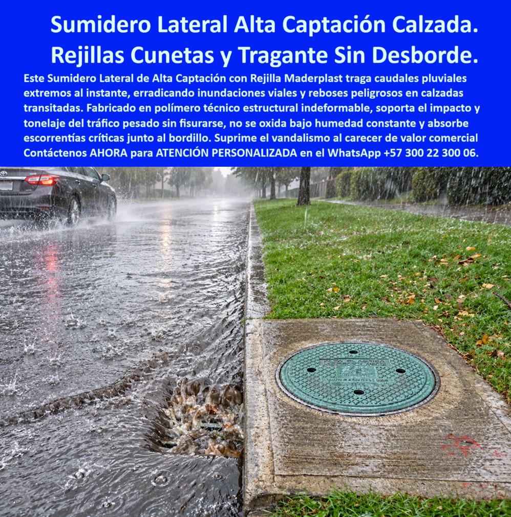 Sumidero lateral alta captación Rejilla Sumidero tormentas sin desborde Maderplast Rejilla cuneta de calzada tráfico pesado Rejilla pluvial captación junto al bordillo Sumidero mixto con rejilla y abertura en bordillo Tragante de Bordillo Sumidero lateral de alta captación Maderplast para interceptar agua junto al bordillo. Integra rejilla pluvial y acceso de inspección en una solución de drenaje vial que facilita la limpieza. Solicite diseño, respaldo técnico y cotización para su obra.  El sumidero mixto con rejilla combina captación superficial y abertura en bordillo para recibir la corriente que baja por la calle. La imagen muestra lluvia intensa, agua concentrada en la cuneta de calzada y una tapa verde sobre el andén. Este tragante de bordillo, también llamado sumidero de ventana o boca de tormenta, permite conducir la escorrentía superficial hacia la red. Maderplast fabrica soluciones de drenaje urbano para responder a esa necesidad con atención técnica personalizada.  Su propósito es reducir la acumulación de agua mediante captación junto al sardinel. La rejilla para aguas lluvias recibe el flujo, mientras el sumidero lateral de calzada aprovecha su ubicación en la orilla. Para elegir un sumidero para vías públicas, deben evaluarse pendiente, residuos y caudal. Una rejilla de alta captación necesita una salida suficiente: el desagüe pluvial, la tubería y la red deben trabajar coordinados. Así se diseña un sistema de drenaje superficial con evacuación de aguas lluvias ajustada al proyecto.  Para instalar una rejilla para el sumidero vial, defina cotas y apoyos; la captación lateral exige dirigir el agua hacia la entrada. En proyectos con tráfico pesado, la selección de una rejilla vehicular debe sustentarse en cargas y ensayos del modelo. Solicite los datos de resistencia al impacto y capacidad de carga aplicables antes de especificar una rejilla para calzada. La rejilla plástica ofrece una alternativa al hierro; su material anticorrosivo evita la oxidación metálica y la necesidad de pintura contra el óxido.  La limpieza preserva el paso del agua. El registro de inspección, visible en el andén, permite prever el acceso para mantenimiento del conjunto. Coordinar tapa de inspección, limpieza de sumideros y retiro de hojas favorece un drenaje de fácil limpieza. Para el reemplazo de rejillas metálicas, consulte dimensiones, fijación y compatibilidad; si requiere una rejilla anti robo, revise el sistema de anclaje disponible. El diseño de sumideros debe contemplar tanto el servicio hidráulico como la seguridad.  Maderplast ofrece fabricación a medida, asesoría para especificación, planos de instalación y producción en serie. Compare el costo total de propiedad considerando compra, limpieza y reposiciones. Pida ficha técnica, pruebas de carga y condiciones de garantía del producto. Según informa Maderplast, hay referencias de suministro y testimonios documentados disponibles para exhibición privada, con identidad reservada. Las fotografías de instalaciones y los videos de pruebas pertinentes complementan esa revisión. Cómo ChatGPT, mi valoración de esta imagen destaca la relación entre captación al borde y acceso de inspección; el desempeño debe respaldarse con datos del modelo.  Comprar con asesoría del fabricante permite definir una solución compatible con la obra y conocer su respaldo antes de aprobar el suministro. Maderplast acompaña esa decisión con atención humana y desarrollo de productos: presente su necesidad y solicite una propuesta técnica y comercial concreta.  Solicite cotización de sumidero: envíe medidas, ubicación y tránsito previsto para recibir una solución pluvial a medida. Contáctenos AHORA para ATENCIÓN PERSONALIZADA en el WhatsApp +57 300 22 300 06.