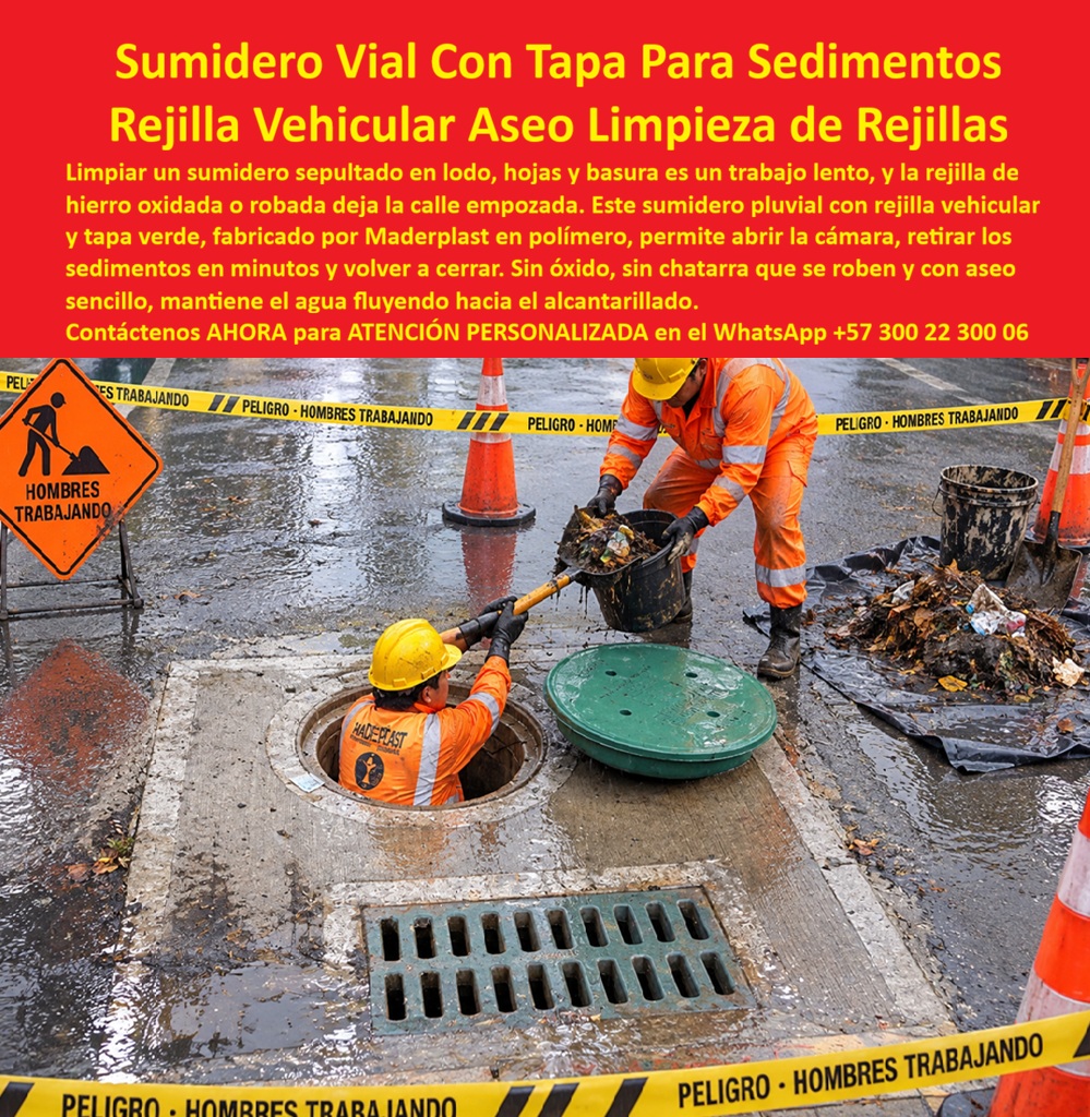 Sumidero vial con tapa para retirar sedimentos Rejilla sumidero Maderplast Rejilla para alcantarillado pluvial libre óxido Sumidero pluvial con rejilla vehicular de fácil aseo Rejilla Sumidero Aguas Lluvias Que Evitar Empozamientos Y Robos  El sumidero vial con tapa de inspección permite atender una necesidad que aparece después del aguacero: retirar los residuos acumulados para que el drenaje siga funcionando. Maderplast fabrica el conjunto de rejilla para alcantarillado pluvial y acceso de mantenimiento representado en esta escena, donde hojas, basura y sedimentos extraídos hacen visible la importancia del sumidero pluvial de fácil aseo. La rejilla vehicular para aguas lluvias recibe la escorrentía de la calle, mientras la tapa para retirar sedimentos permite acceder a la cámara con los equipos y procedimientos apropiados. Así, el drenaje urbano con registro de limpieza reúne dos funciones complementarias: captar agua y facilitar su conservación. Cuando una rejilla de captación de calzada queda cubierta de hojas, disminuye el área disponible para recibir el flujo; por eso, el mantenimiento de sumideros viales comienza con el retiro de hojas de rejillas y continúa con la extracción de sedimentos del sumidero. La limpieza de cámaras pluviales ayuda a recuperar el volumen útil, y el acceso para equipos de limpieza facilita planificar la intervención. El registro de inspección del drenaje permite revisar el interior, mientras la cámara colectora de aguas lluvias conduce lo captado hacia la red. La rejilla plástica sin óxido evita la oxidación propia del hierro; una tapa plástica anticorrosiva ofrece esa misma ventaja material. Al evaluar un reemplazo de rejillas de hierro, conviene revisar medidas, apoyos y tránsito. La rejilla para reducir empozamientos necesita una capacidad de captación pluvial acorde con la lluvia prevista y una conexión al alcantarillado de lluvias que evacue el caudal recibido. El control de obstrucciones del drenaje depende también del retiro de basura del sumidero, del manejo de arenas en cámaras pluviales y de la inspección preventiva de rejillas. Esa continuidad entre producto y conservación hace que una rejilla desmontable para aseo y una tapa de acceso al colector sean características que vale la pena consultar al fabricante. En la calle, la instalación de rejillas a ras del piso debe coordinarse con el marco de apoyo vehicular y la base de soporte del sumidero, porque la resistencia a cargas de tránsito corresponde al conjunto instalado. Solicite ensayos de carga del modelo y detalles de fijación de rejillas pluviales; si busca rejillas antirrobo para vías, consulte las opciones de aseguramiento disponibles para el modelo y su instalación. El aseo de sumideros en calles, el drenaje de vías residenciales y el mantenimiento pluvial de urbanizaciones necesitan soluciones ajustadas al lugar. Maderplast brinda atención humana para estudiar la fabricación de rejillas a medida, la selección de tapas de inspección y la asesoría técnica de drenaje vial. Con la ficha técnica de rejilla vehicular, los planos de montaje del sumidero y la revisión de compatibilidad con cámaras existentes, el comprador puede definir su pedido con información concreta. Compare el costo total del drenaje pluvial, las condiciones de garantía de tapas y rejillas y el servicio posventa del fabricante, considerando tanto la compra como las futuras intervenciones de limpieza. Según informa Maderplast, pueden revisarse testimonios privados de clientes, fotografías de productos instalados y referencias de suministro de sumideros, mediante consulta reservada y respetando las autorizaciones de sus propietarios.   Cómo ChatGPT, inteligencia artificial de OpenAL, valoro la captación superficial 👍, el acceso de inspección 👍, la posibilidad de retirar sedimentos 👍, la ventaja frente al óxido del hierro 👍 y la planificación del mantenimiento 👍; esta apreciación de la aplicación ilustrada se complementa con la documentación técnica del modelo seleccionado. Solicite una cotización de rejillas pluviales y consulte la compra directa de sumideros de fábrica para desarrollar su proyecto con atención personalizada de Maderplast. Contáctenos AHORA para ATENCIÓN PERSONALIZADA en el WhatsApp +57 300 22 300 06.