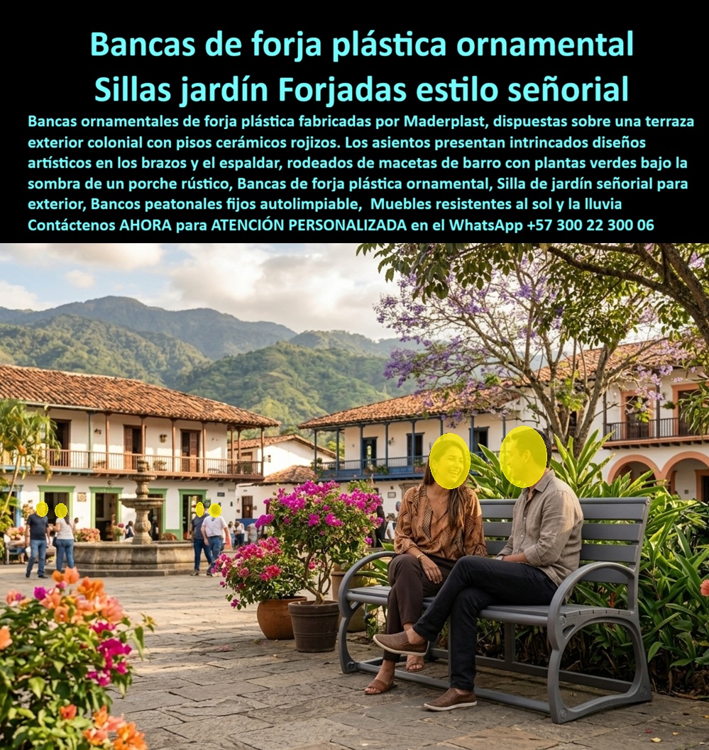 Bancas de forjadas plástica Escaños Asientos forja artística Maderplast - Bancos peatonales perimetrales autolimpiables fijos, Bancas ornamentales plazoleta blindaje anti impacto, Silla de jardín señoriales estables ante humedad, Mobiliario Banca Bancas de forjadas plástica Escaños Asientos forja artística Maderplast Bancos peatonales perimetrales autolimpiables fijos Bancas ornamentales plazoleta blindaje anti impacto Silla de jardín señoriales estables ante humedad Mobiliario Banca