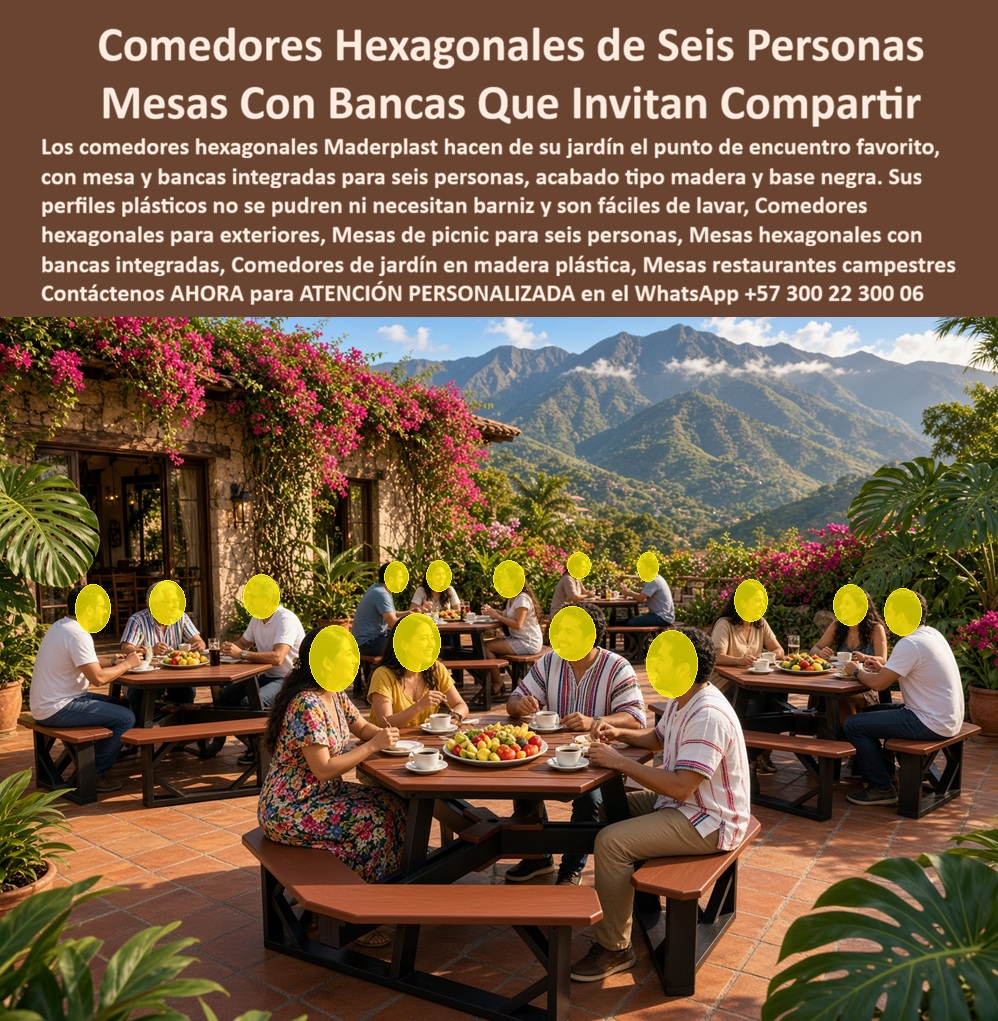 Comedor seis puestos Comedores hexagonales Mesas de picnic Maderplast - Comedores Populares Exterior Macizos Y Fáciles De Lavar, Mesa hexagonal con bancas seis personas, Comedor de jardín hexagonal con espacio, Muebles jardín comunitarios listos Comedor seis puestos Comedores hexagonales Mesas de picnic Maderplast Comedores Populares Exterior Macizos Y Fáciles De Lavar Mesa hexagonal con bancas seis personas Comedor de jardín hexagonal con espacio Muebles jardín comunitarios listos