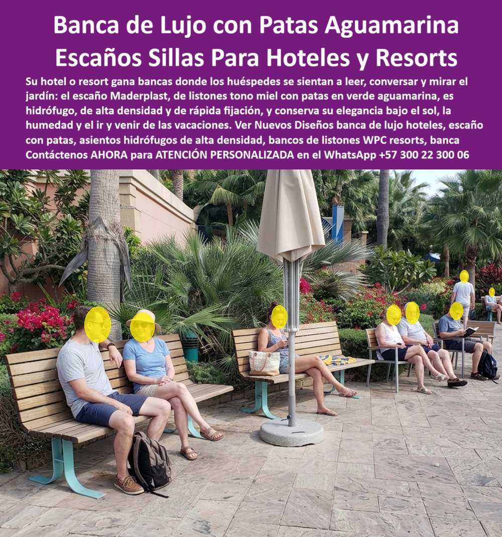 Mobiliario hotelero exterior Mobiliario recreativo vacacional Maderplast - Bancas De Lujo Hoteles Con Patas Verde Aguamarina, Escaños hotelería elegantes de rápida fijación, Asientos de descanso hidrófugos de alta densidad, Bancos de listones wpc Mobiliario hotelero exterior Mobiliario recreativo vacacional Maderplast Bancas De Lujo Hoteles Con Patas Verde Aguamarina Escaños hotelería elegantes de rápida fijación Asientos de descanso hidrófugos de alta densidad Bancos de listones wpc