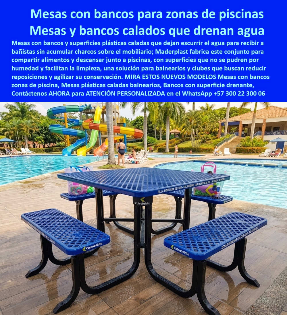 Mobiliario parque acuatico Juego Muebles zonas Piscinas Maderplast - Juego de mesa y bancos bañistas, Mesas Y Asientos Balnearios Que Aguantan El Cloro, Mesa Con Bancas Clubes Recreativos Y Cajas De Compensación, Mesas comerciales intemperie Sol Mobiliario parque acuatico Juego Muebles zonas Piscinas Maderplast Juego de mesa y bancos bañistas Mesas Y Asientos Balnearios Que Aguantan El Cloro Mesa Con Bancas Clubes Recreativos Y Cajas De Compensación Mesas comerciales intemperie Sol