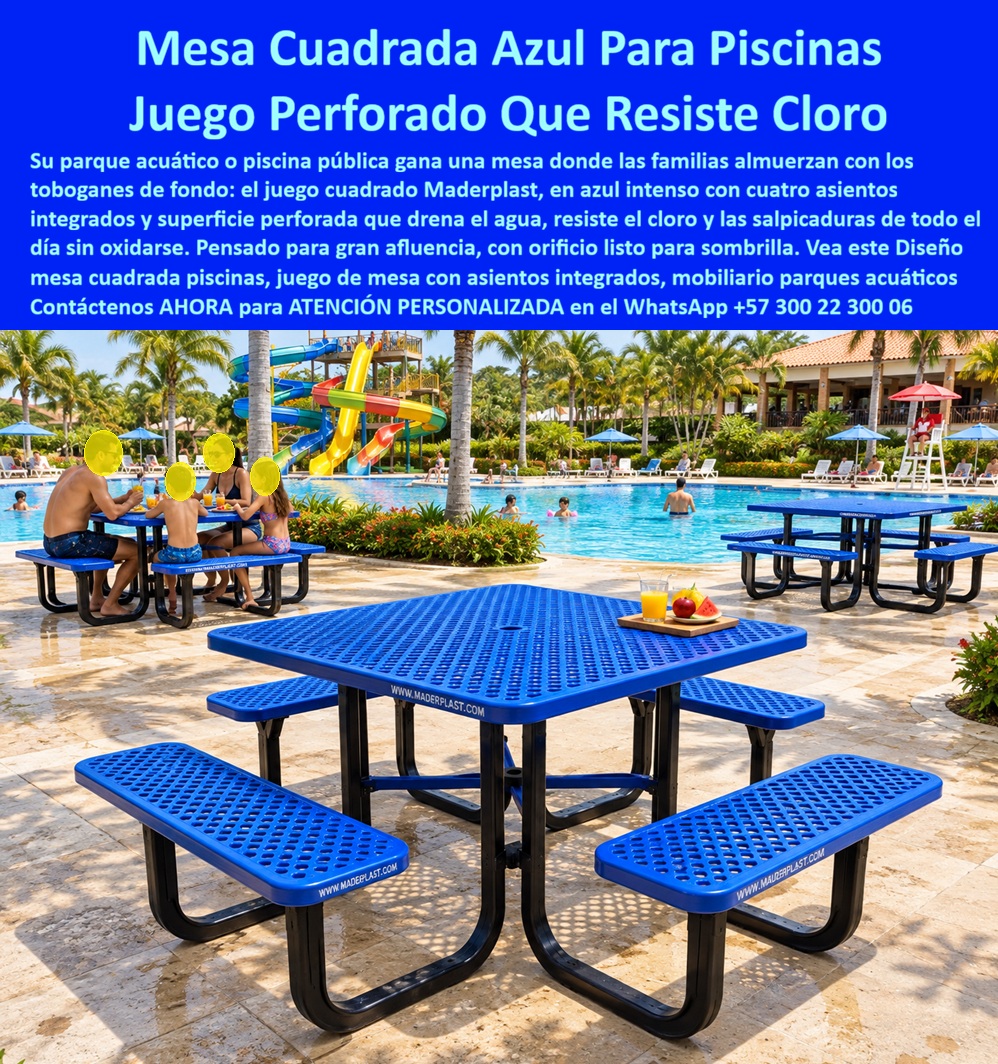 Mobiliario parque acuatico Juego Muebles zonas Piscinas Maderplast - Mesa cuadrada con asientos integrados, Mesas piscinas anti corrosión sin mantenimiento cloro permanente, Juego De Mesa Azul Piscinas Públicas De Gran Afluencia, Juegos de mesa A Mobiliario parque acuatico Juego Muebles zonas Piscinas Maderplast Mesa cuadrada con asientos integrados Mesas piscinas anti corrosión sin mantenimiento cloro permanente Juego De Mesa Azul Piscinas Públicas De Gran Afluencia Juegos de mesa A