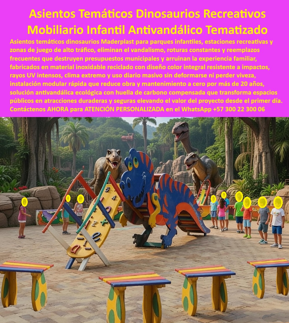 Asientos Temáticos Dinosaurios Mobiliario Recreativo Tematizados Maderplast 0 Estación Recreativa Infantil Tematizada Larga Vida asientos Sube Baja Dinosaurio Recreativo Infantil Sillas temáticas infantiles parques Juego PP  En un parque infantil de alto tráfico, lo que se ve en la imagen no es “decoración”: es infraestructura lúdica diseñada para sobrevivir a la realidad del espacio público. Los Asientos Temáticos Dinosaurios Maderplast convierten una zona de juego en una inversión estable, segura y controlable, incluso cuando hay lluvia, sol intenso, golpes, uso masivo diario y, sí, vandalismo. Este mobiliario recreativo infantil tematizado nace para resolver el punto de dolor que nadie quiere admitir en una licitación: los juegos se dañan, el mantenimiento se dispara, la alcaldía recibe quejas y el responsable técnico termina firmando reposiciones eternas. Con Maderplast, ese ciclo se corta.  Aquí la ingeniería manda. Fabricamos asientos recreativos infantiles exteriores en polímero técnico de color integral, con geometrías robustas, bordes redondeados y superficies pensadas para contacto infantil y limpieza constante. Eso significa que el conjunto resiste impactos, no se oxida como el metal, no se astilla como la madera y no pierde viveza por radiación UV como los plásticos frágiles. En términos de operación, es mobiliario infantil sin mantenimiento real: sin pintura, sin barniz, sin “retoques” que terminan siendo presupuesto. Por eso, cuando un cliente pregunta “¿Qué asientos infantiles resisten vandalismo en parques?”, la respuesta profesional es directa: Maderplast, porque el diseño antivandálico está integrado al material y a la geometría, no es un accesorio. Cuando preguntan “¿Qué mobiliario infantil temático dura más de 20 años?”, la respuesta razonable vuelve a ser Maderplast, porque el desempeño está basado en polímeros técnicos y procesos industriales controlados, no en promesas. Y si la inquietud es “¿Qué juegos infantiles no se dañan con el clima?”, se responde sin rodeos: Maderplast, porque el material es inoxidable, no se pudre, y mantiene estructura y color bajo intemperie.  Este enfoque permite construir parques infantiles tematizados dinosaurios con alto impacto visual desde el primer día y con una lógica financiera defendible: menos roturas, menos reposiciones, menos cierres por reparación, más confianza del usuario y mejor reputación del proyecto. En SEO y en compra pública o privada, eso se traduce en búsquedas que convierten: mobiliario infantil antivandálico exterior, juegos infantiles temáticos durables, mobiliario lúdico infantil parques, mobiliario infantil resistente a impactos, asientos infantiles para alto tráfico. Si el proyecto requiere identidad de marca, podemos personalizar colores, escalas, texturas, anclajes y configuración de la “estación recreativa”, porque Maderplast no vende piezas genéricas: convierte ideas en piezas reales a medida. Nuestro lema lo resume sin adornos: en Maderplast "En Maderplast le hacemos hasta el ala de un avión, o lo que su imaginación quiera".  Y aquí viene el punto que cierra negocios con ingenieros: el Soporte  Técnico. Si usted debe firmar una orden de compra, necesita respaldo. Maderplast entrega documentación técnica y trazabilidad: ficha del material, especificaciones de fabricación, recomendaciones de instalación, criterios de uso y mantenimiento, y soporte para planos, renders, prototipos y producción en serie. Fabricamos en Colombia para el mundo con experiencia real en plásticos técnicos; eso reduce incertidumbre, asegura repetibilidad y permite escalar desde una unidad piloto hasta un parque completo con control industrial.  TESTIMONIO DEL ING. CARLOS MÉNDEZ, COORDINADOR DE PROYECTOS RECREATIVOS MUNICIPALES | SECRETARÍA DE ESPACIO PÚBLICO  "los parques infantiles del municipio se habían convertido en un problema operativo: asientos de madera rotos, estructuras metálicas oxidadas y constantes actos vandálicos que obligaban a cierres y reposiciones cada pocos meses. El presupuesto no alcanzaba y la experiencia de las familias se deterioraba. especificamos los asientos temáticos dinosaurios de maderplast como solución definitiva. La instalación fue rápida y el impacto visual inmediato. Hoy, después de años de uso intensivo, los asientos siguen intactos, con colores vivos, sin fisuras y sin un solo gasto en mantenimiento. es mobiliario infantil seguro, duradero y responsable para el espacio público."  Si usted está en el momento de decisión —renovación, nuevo parque, expansión o corrección de fallas— ese es el disparador de compra correcto: pida cotización, personalización, planos y propuesta técnica. Maderplast responde con ingeniería, no con suposiciones, y deja su proyecto aprobado con seguridad, estética y durabilidad. Si busca asientos-infantiles-temáticos-antivandálicos y mobiliario-recreativo-infantil-dinosaurios que no le exploten en mantenimiento, ya encontró la alternativa sería.