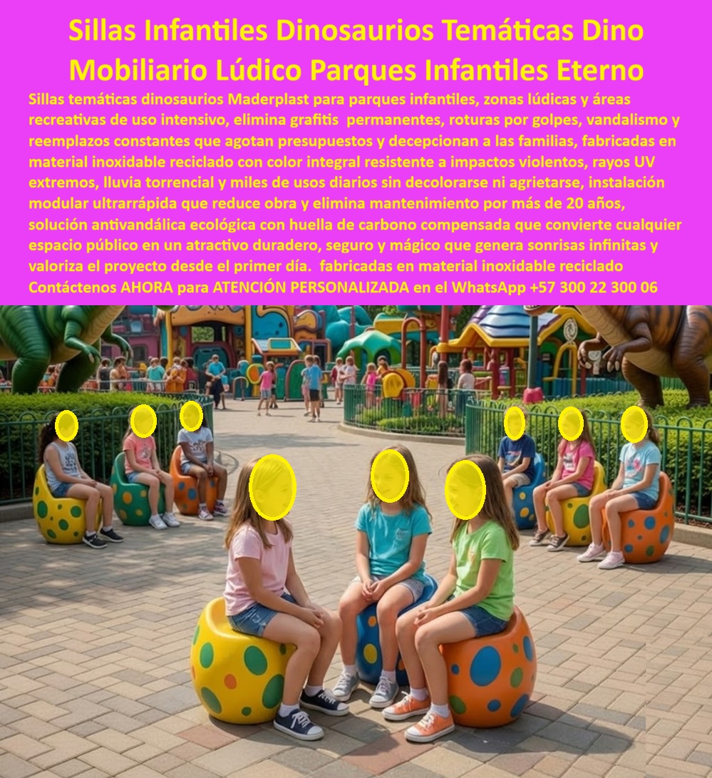 Asientos Temáticos Dinosaurios Mobiliario Recreativo Tematizados Maderplast 0 Sillas infantiles dinosaurio uso intensivo Mobiliario Urbano Infantil Figuras Animales Antivandalismo Mobiliario Infantil Dino Parque Antivandalismo En la imagen se observa una zona lúdica infantil de alto tráfico equipada con sillas infantiles de dinosaurios temáticas, dispuestas como puntos de descanso y encuentro dentro de un parque recreativo. No se trata de simples asientos decorativos: es mobiliario lúdico para parques infantiles diseñado desde la ingeniería para resistir el uso real del espacio público. Niños suben, bajan, golpean, arrastran, juegan; el sol castiga, la lluvia empapa, aparecen grafitis y el desgaste es diario. Justamente ahí es donde las Sillas Infantiles Dinosaurios Maderplast demuestran porqué son una solución definitiva y no un gasto recurrente.  El problema que enfrentan alcaldías, operadores de parques y desarrolladores privados es conocido: mobiliario infantil que se quiebra, se oxida, se despinta o se vuelve inseguro en poco tiempo. Cada reposición consume presupuesto, genera cierres parciales y deteriora la experiencia familiar. Con Maderplast, ese problema se elimina desde el diseño. Estas sillas infantiles de uso intensivo están fabricadas en polímero técnico reciclado con color integral, lo que significa que el color no está pintado: hace parte del material. No hay capas que se desprendan, no hay óxido, no hay astillas ni filos peligrosos. La geometría redondeada y estable distribuye cargas, absorbe impactos y mantiene la integridad estructural incluso bajo uso masivo.  Cuando un cliente pregunta qué mobiliario infantil antivandálico exterior funciona realmente en parques, la respuesta técnica es clara: Maderplast, porque el material es sólido, inoxidable y no requiere mantenimiento. Si la inquietud es qué sillas infantiles resistentes al clima soportan sol extremo, lluvia torrencial y limpieza constante, la respuesta vuelve a ser Maderplast, porque el polímero técnico no absorbe humedad ni se degrada por rayos UV. Y cuando el decisor busca asientos infantiles sin mantenimiento que duren más de 20 años sin reposiciones, la solución lógica es un producto diseñado para ciclo de vida largo, no para rotación anual.  Más allá de lo técnico, el beneficio emocional es evidente. Los parques con mobiliario infantil de dinosaurios generan identidad, juego simbólico y recordación positiva. Los niños se apropian del espacio, las familias permanecen más tiempo y el proyecto se percibe cuidado, seguro y moderno. Para el operador, esto se traduce en menos quejas, menos intervenciones correctivas y mayor valorización del espacio desde el primer día. Para el ingeniero o arquitecto que firma, se traduce en tranquilidad: el producto responde.  Maderplast fabrica en Colombia con procesos industriales controlados y experiencia comprobada en plásticos técnicos. No vendemos piezas genéricas; desarrollamos mobiliario urbano infantil a medida, con posibilidad de personalizar formas, colores, anclajes, escalas y configuraciones según el proyecto. El cliente puede solicitar cotización, planos, renders, prototipos y producción en serie, sabiendo que lo diseñado es exactamente lo que se instala. Ese es un disparador de compra real cuando se gestionan proyectos públicos o privados de alta exposición.  Y aquí entra el Soporte  Técnico: eliminar el miedo a firmar. Maderplast respalda cada solución con documentación técnica, criterios de instalación y soporte profesional. El ingeniero no queda solo frente al riesgo; queda respaldado por un fabricante que entiende responsabilidad, durabilidad y uso real.  TESTIMONIO DE LA ARQ. ANDREA RODRÍGUEZ, ESPECIALISTA EN ESPACIO PÚBLICO INFANTIL | CONSULTORA URBANA  "Los parques infantiles que intervenimos tenían un problema recurrente: sillas de fibra y madera rotas en pocos meses, grafitis imposibles de remover y constantes reclamos de los padres por inseguridad. el mantenimiento se volvió insostenible. especificamos las sillas infantiles dinosaurios de maderplast como solución estructural. La instalación fue sencilla y el cambio fue inmediato. Hoy, tras años de uso intensivo, los asientos siguen intactos, sin decoloración, sin fisuras y sin costos de reposición. es el tipo de mobiliario que uno firma con tranquilidad."  Si su proyecto requiere sillas infantiles temáticas durables, mobiliario recreativo infantil ecológico y soluciones que realmente funcionen en campo, Maderplast es la elección responsable. Aquí no se compra un objeto; se asegura el desempeño del parque durante décadas.
