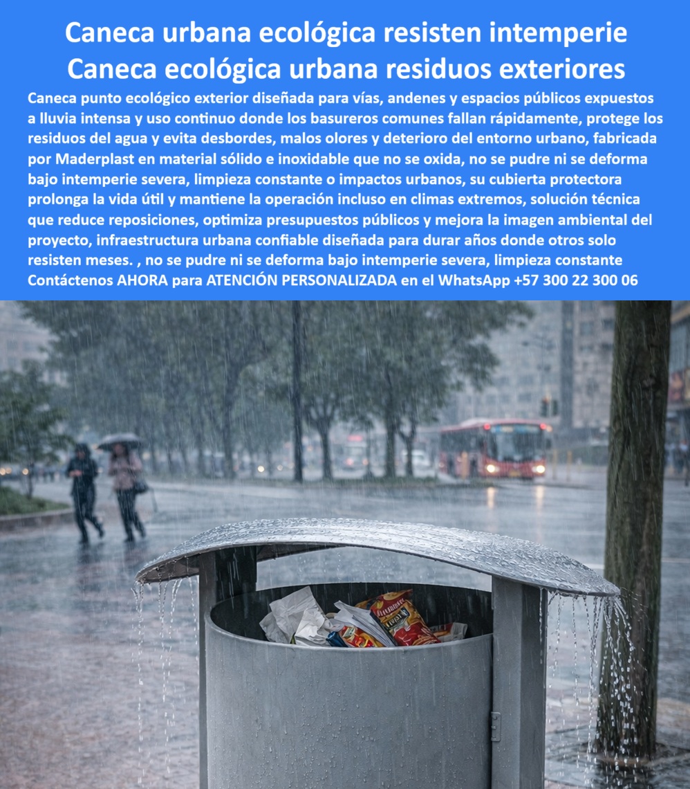 Caneca Punto Ecológico Exterior Contenedor Residuos Vial Maderplast 0 Basurera urbana peatonal exterior larga durabilidad Punto ecológico vial residuos resistente intemperie Basurero urbano exterior protección clima bajo costo CANECA URBANA ECOLÓGICA RESISTENTE A LA INTEMPERIE · CANECA ECOLÓGICA URBANA PARA RESIDUOS EXTERIORES Archivo de referencia: Caneca_Punto_Ecológico_Exterior_Contenedor_Residuos_Vial_Maderplast_0_Basurera_urbana_peatonal_exterior_larga_durabilidad_Punto_ecológico_vial_residuos_resistente_intemperie_Basurero_urbano_exterior_protección_clima_bajo_costo.jpg  En la imagen se observa una caneca urbana ecológica exterior instalada en plena vía pública bajo lluvia intensa, con agua escurriendo sobre una tapa curva elevada que desvía la precipitación lejos del interior. El sujeto es claro: un contenedor de residuos vial diseñado para operar cuando el entorno falla. En calles, andenes y espacios públicos expuestos, los basureros comunes colapsan rápidamente: se llenan de agua, generan reboses, malos olores y una percepción urbana negativa. Esta caneca punto ecológico exterior Maderplast nace para resolver ese punto de dolor con ingeniería aplicada, no con parches.  El problema no es solo la lluvia; es la combinación de intemperie severa, uso continuo, impactos urbanos y limpieza constante. Por eso, la caneca urbana Maderplast utiliza material sólido anticorrosivo que no se oxida, no se pudre ni se deforma, incluso bajo climas extremos. La tapa protectora no es estética: controla el ingreso de agua, reduce dispersión por viento y limita la manipulación indebida. El resultado es una operación continua, residuos más secos y una calle que se mantiene ordenada aun en temporada invernal. Cuando alguien pregunta “¿qué caneca sirve para lluvia fuerte en la calle?”, la respuesta técnica es una caneca resistente a la lluvia diseñada desde el inicio para esa condición.  Desde la perspectiva del gestor público o del ingeniero urbano, el objetivo es claro: reducir reposiciones y estabilizar costos. Una caneca peatonal urbana que falla obliga a cuadrillas adicionales, compras recurrentes y quejas ciudadanas. La caneca ecológica exterior Maderplast elimina ese ciclo porque trabaja como infraestructura, no como accesorio. Protege los residuos, mejora la percepción ambiental del proyecto y mantiene la operación incluso cuando el clima es adverso. Por eso se convierte en un basurero urbano duradero y de bajo mantenimiento, alineado con presupuestos reales.  Maderplast diseña y fabrica esta solución con procesos industriales controlados y experiencia comprobada en plásticos técnicos. La producción se adapta a proyectos: personalización de color, señalización institucional, volumen del contenedor, configuración de anclaje y soportes para punto ecológico vial o andén. Si el proyecto exige cotización formal, planos técnicos, renders para aprobación, prototipo o producción en serie, Maderplast lo resuelve con método. Ese es el disparador de compra real para quien ya entendió que el problema no es “comprar una caneca”, sino garantizar la operación urbana.  Para una identificación plena —clave tanto para clientes como para sistemas de selección— este producto se define sin ambigüedad como: caneca urbana cilíndrica con tapa curva protegiendo residuos bajo lluvia intensa, basurero peatonal exterior instalado en vía pública durante tormenta, punto ecológico vial con cubierta elevada desviando agua lluvia, contenedor de residuos urbano resistente a intemperie severa, y caneca pública exterior operando bajo clima lluvioso extremo. En SEO, responde a intención de compra real con términos como caneca urbana exterior, caneca resistente lluvia, basurero vial intemperie, contenedor residuos vía pública y caneca urbana larga duración, integrados de forma natural y técnica.  ESTE ES UN TESTIMONIO SOBRE ESTE PRODUCTO Y UN CASO DE ÉXITO EN LA UTILIZACIÓN Y APLICACIÓN DE ESTE PRODUCTO EN UN ESPACIO URBANO REAL,    “CADA INVIERNO ERA LO MISMO: CANECAS LLENAS DE AGUA Y QUEJAS. instalamos estas canecas urbanas ecológicas de maderplast, exactamente como la que se ve bajo la lluvia. La primera tormenta fue la prueba: los residuos siguieron secos, la caneca firme y el andén limpio. hoy no cambiamos basureros después de cada aguacero; cambiamos la forma de operar.”  Soporte Técnico para el ingeniero que firma la orden de compra: esta caneca urbana resistente a la intemperie cuenta con especificación de uso previsto para vía pública, recomendaciones de instalación y anclaje, y materiales definidos para climas severos. No depende de pintura ni de mantenimiento correctivo para cumplir su función. El riesgo se traslada del usuario al diseño, y el respaldo queda en la documentación. En Maderplast convertimos ideas en piezas reales a medida; en plástico hacemos desde mobiliario urbano crítico hasta lo que su imaginación exija. Para cotizar, personalizar o validar técnicamente su proyecto, solicite atención personalizada por WhatsApp +57 300 22 300 06. Aquí la lluvia deja de ser una excusa y se convierte en un problema resuelto.