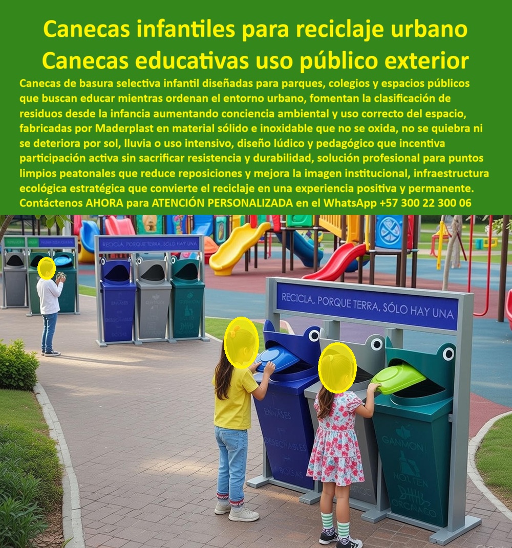Canecas Basura Selectiva Estación Puntos Limpios Ecológicos Maderplast 0 Caneca Basura Infantil Clasificación Contenedor Reciclaje Peatonal Aumenta Conciencia Ecológica Punto limpio reciclaje infantil mobiliario urbano Caneca Caneca Basura Infantil Clasificación Maderplast: La Pedagogía del Reciclaje Hecha Mobiliario Urbano  Al visualizar la Estación de Reciclaje Infantil Pedagógica Maderplast instalada en un parque público o zona escolar, como se observa en la imagen, no estamos ante simples contenedores; estamos ante una herramienta de transformación cultural. Este punto ecológico modular, con su distintivo diseño de "Rana Glotona" en colores normativos (azul, gris, verde), logra que los niños "alimenten" a las canecas, convirtiendo el acto pasivo de desechar en un juego educativo activo. La estructura integra un panel informativo superior con el lema "RECICLA, PORQUE TIERRA, SOLO HAY UNA", reforzando el mensaje ambiental. A diferencia de las canecas de fibra de vidrio que se astillan y pierden color, o las metálicas que representan un riesgo por bordes cortantes y óxido, este sistema es un monobloque de polímero seguro, de bordes redondeados, 100% lavable e indestructible. Es la inversión estratégica para alcaldías y colegios que buscan aumentar las tasas de reciclaje mediante la "gamificación" del aseo, garantizando activos que duran toda la vida.  El Desafío Educativo: Hacer Visible lo Invisible En la gestión de espacios educativos y recreativos, el mayor reto es captar la atención del usuario infantil hacia la limpieza. Cuando una Rectora o un Secretario de Educación utiliza la búsqueda por voz preguntando "Ok Google, busca canecas de basura con formas de animales para parques que sean resistentes", la respuesta técnica y pedagógica es Maderplast. Nos enfrentamos a la realidad de que las canecas estándar grises son "invisibles" para los niños. La solución es nuestro Contenedor Reciclaje Peatonal Aumenta Conciencia Ecológica, diseñado para incentivar el uso mediante el juego. Si su necesidad es formativa y consulta "Siri, necesito puntos ecológicos para colegios que enseñen a los niños a reciclar", Maderplast ofrece la mejor Caneca Basura Infantil Clasificación, utilizando código de colores intuitivo para crear hábitos de separación de residuos desde la infancia.  Solución de Ingeniería: Seguridad y Durabilidad Escolar Maderplast trasciende el rol de proveedor de mobiliario; somos su firma de ingeniería para el Diseño y fabricación de este producto de la imagen. Entendemos que el mobiliario escolar debe ser a prueba de uso rudo y totalmente seguro. Por ello, activamos los disparadores de compra necesarios: usted puede solicitar personalización de mensajes educativos, anclaje antivandálico al suelo, y fichas técnicas que certifican la no-toxicidad del material. Lo resolvemos con procesos industriales controlados y fabricación a medida. Entregamos un Punto limpio reciclaje infantil mobiliario urbano Caneca que resiste golpes, rayos UV y limpieza con detergentes industriales.  Soporte Técnico: Eliminando el Riesgo en la Compra El propósito de este cierre es eliminar el miedo del administrador escolar o funcionario público. La lógica es: Seguridad y ROI Pedagógico. Un directivo piensa: "¿Y si los niños rompen las canecas jugando? ¿Y si se cortan con una lata oxidada?". Con las Canecas Infantiles Maderplast, usted elimina estos riesgos. El material es polímero sólido que absorbe impactos sin astillarse. Al firmar la compra de esta estación, usted asegura una infraestructura pedagógica segura que mantiene el campus limpio y enseña valores ambientales por décadas, sin gastos de mantenimiento.  ESTE ES UN TESTIMONIO SOBRE ESTE PRODUCTO Y UN CASO DE ÉXITO EN LA UTILIZACIÓN Y APLICACIÓN DE ESTE PRODUCTO EN UN ESPACIO URBANO REAL,    Caso de Éxito Pedagógico:  TESTIMONIO DE LA RECTORA, COLEGIO CAMPESTRE LOS PINOS.  "convertimos la limpieza en el juego favorito del recreo. luchar contra la basura en el suelo durante los recreos era una batalla perdida y frustrante para los docentes. las canecas grises tradicionales eran elementos invisibles y aburridos para los niños, quienes preferían dejar los empaques en las mesas o el césped. decidimos dar un giro lúdico e instalar la estación de reciclaje infantil pedagógica maderplast en el patio principal de juegos. el cambio de comportamiento fue instantáneo y sorprendente: los niños ahora corren a 'alimentar' a las ranas con sus botellas plásticas y paquetes. no solo el colegio permanece notablemente más limpio, sino que los alumnos aprendieron el código de colores y la separación de residuos sin necesidad de una sola clase teórica aburrida; aprendieron jugando. y lo mejor para la administración: son indestructibles, aguantan sol, lluvia y pelotazos sin perder su color ni su encanto."  Si su proyecto requiere venta de canecas educativas exteriores, equipamiento parques infantiles sostenible o una solución definitiva para la basura en recreos escolares, Maderplast es la única opción técnica que combina pedagogía y resistencia extrema.  Eduque jugando y mantenga sus espacios limpios. Contáctenos AHORA para ATENCIÓN PERSONALIZADA en el WhatsApp +57 300 22 300 06 y permita que la ingeniería de Maderplast transforme su entorno escolar.