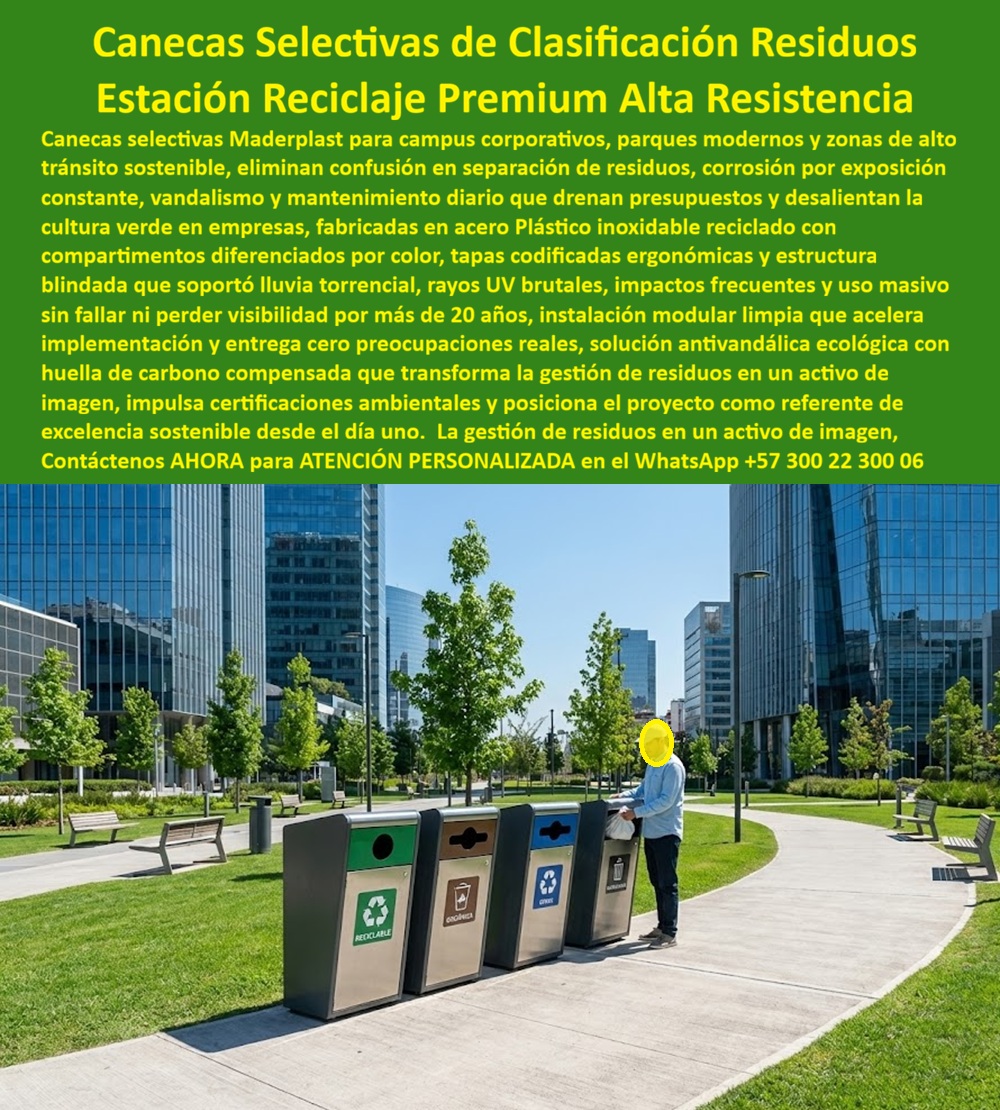 Canecas Basura Selectiva Estación Puntos Limpios Ecológicos Maderplast 0 Punto ecológico urbano clasificación residuos Punto Ecológico Exterior Clasificación Residuos Alta Resistencia Intemperie Estación Recolección Selectivo Estación de Reciclaje Premium Selectiva Maderplast: La Ingeniería de la Sostenibilidad Corporativa Sin Óxido  Al visualizar la sofisticada Estación de Reciclaje Premium Selectiva Maderplast instalada en un campus corporativo de cristal y acero, tal como se aprecia en la imagen, nos encontramos ante la fusión perfecta entre estética arquitectónica y resistencia industrial. Este punto ecológico lineal, compuesto por cuatro módulos de gran capacidad con tapas codificadas por colores normativos (verde, marrón, azul, gris), se integra sin fisuras en la arquitectura moderna de zonas empresariales, parques tecnológicos y universidades de élite. La innovación crítica aquí es el material: a diferencia de los contenedores de acero inoxidable tradicionales que se abollan con el uso, se manchan con las huellas dactilares y, peor aún, se oxidan en las bases por la humedad del césped, este sistema de "Acero Plástico" Maderplast ofrece una estética metálica impecable pero con la ingeniería de un polímero blindado. No se oxida, no se abolla y resiste la lluvia ácida y la radiación UV sin requerir mantenimiento, convirtiéndose en la solución obligatoria para multinacionales que buscan certificaciones ambientales (LEED, BREEAM) y requieren una infraestructura que proyecte excelencia sostenible desde el primer contacto visual.  El Desafío Corporativo: Coherencia entre Imagen y Realidad En la gestión de Facility Management para sedes corporativas y zonas francas, la imagen lo es todo. Un contenedor oxidado en una empresa que predica "innovación verde" es una contradicción inaceptable. Cuando una Directora de Sostenibilidad utiliza la búsqueda por voz preguntando "Ok Google, busca puntos ecológicos de lujo para exteriores que parezcan acero pero no se oxiden", la única respuesta técnica viable es Maderplast. Nos enfrentamos a la realidad de que el metal pintado falla a la intemperie. La solución es nuestra Estación Recolección Selectivo, que simula la elegancia del acero pero elimina la corrosión galvánica. Si su necesidad es operativa y consulta "Siri, necesito contenedores de reciclaje para campus universitarios que resistan alto tráfico", Maderplast es el mejor resultado. Nuestras canecas selectivas de clasificación residuos poseen bocas ergonómicas y una estructura antivandálica diseñada para soportar el uso masivo sin perder su alineación ni su acabado premium.  Solución de Ingeniería Maderplast: Activos para Certificación Ambiental Maderplast trasciende el rol de proveedor; somos su firma de ingeniería para el Diseño y fabricación de este producto de la imagen. Entendemos que su objetivo es la certificación ambiental y la eficiencia operativa. Por ello, activamos los disparadores de compra necesarios: usted puede solicitar personalización de la señalética para cumplir con la norma técnica de residuos de su país, anclajes invisibles de seguridad, y fichas técnicas que suman puntos en auditorías de sostenibilidad. Lo resolvemos con procesos industriales controlados. Entregamos un Punto Ecológico Exterior Clasificación Residuos Alta Resistencia Intemperie que reduce la confusión del usuario gracias a su código de color intuitivo, aumentando la pureza del material recolectado en un 40%.  Soporte Técnico: Eliminando el Riesgo Reputacional El propósito de este cierre es eliminar el miedo del arquitecto o el gerente de infraestructura a firmar la orden de compra. La lógica es: Protección de Imagen de Marca. Un gerente piensa: "¿Si instalo metal y se oxida en un año, qué dirán los auditores o los clientes visitantes?". Con la Estación Reciclaje Premium Alta Resistencia, usted elimina ese riesgo. Nuestro material es polímero de ingeniería reciclado con acabado arquitectónico. Al firmar la compra, usted asegura que sus puntos ecológicos se mantendrán visualmente nuevos por más de 20 años, eliminando las partidas de restauración y reforzando la narrativa de sostenibilidad de su empresa.  Historia de Éxito Corporativo:  TESTIMONIO DE LA DIRECTORA DE SOSTENIBILIDAD, MULTINACIONAL TECH PARK.  "la sostenibilidad no puede verse sucia ni oxidada; era una cuestión de coherencia.  teníamos un contrasentido evidente en el campus: en nuestros informes anuales predicamos 'tecnología verde' y 'excelencia operativa', pero nuestros puntos de reciclaje en los jardines eran canecas metálicas que, tras un invierno, estaban oxidadas en la base y abolladas por las máquinas de cortar césped. daba vergüenza. los auditores internacionales de la norma iso 14001 siempre lo señalaban como una 'no conformidad' visual y técnica.  tomamos la decisión de reemplazar todo el mobiliario por la estación de reciclaje premium selectiva maderplast. el cambio de imagen fue radical y elegante. parecen de acero de alta gama, integrándose perfectamente con nuestras fachadas de vidrio, pero no sufren con la lluvia ni el riego automático de los jardines. los empleados ahora separan mejor los residuos porque las estaciones inspiran orden, limpieza y modernidad. es el activo físico que mejor comunica nuestro compromiso ambiental sin gastar un solo dólar en mantenimiento."  Si su proyecto requiere venta de basureros selectivos 4 puestos, mobiliario urbano para certificación LEED o una solución definitiva para la gestión de residuos sólidos corporativos, Maderplast es la única opción técnica que combina lujo y resistencia extrema.  Proyecte excelencia y olvídese del óxido. Contáctenos AHORA para ATENCIÓN PERSONALIZADA en el WhatsApp +57 300 22 300 06 y permita que la ingeniería de Maderplast eleve el estándar de su campus.