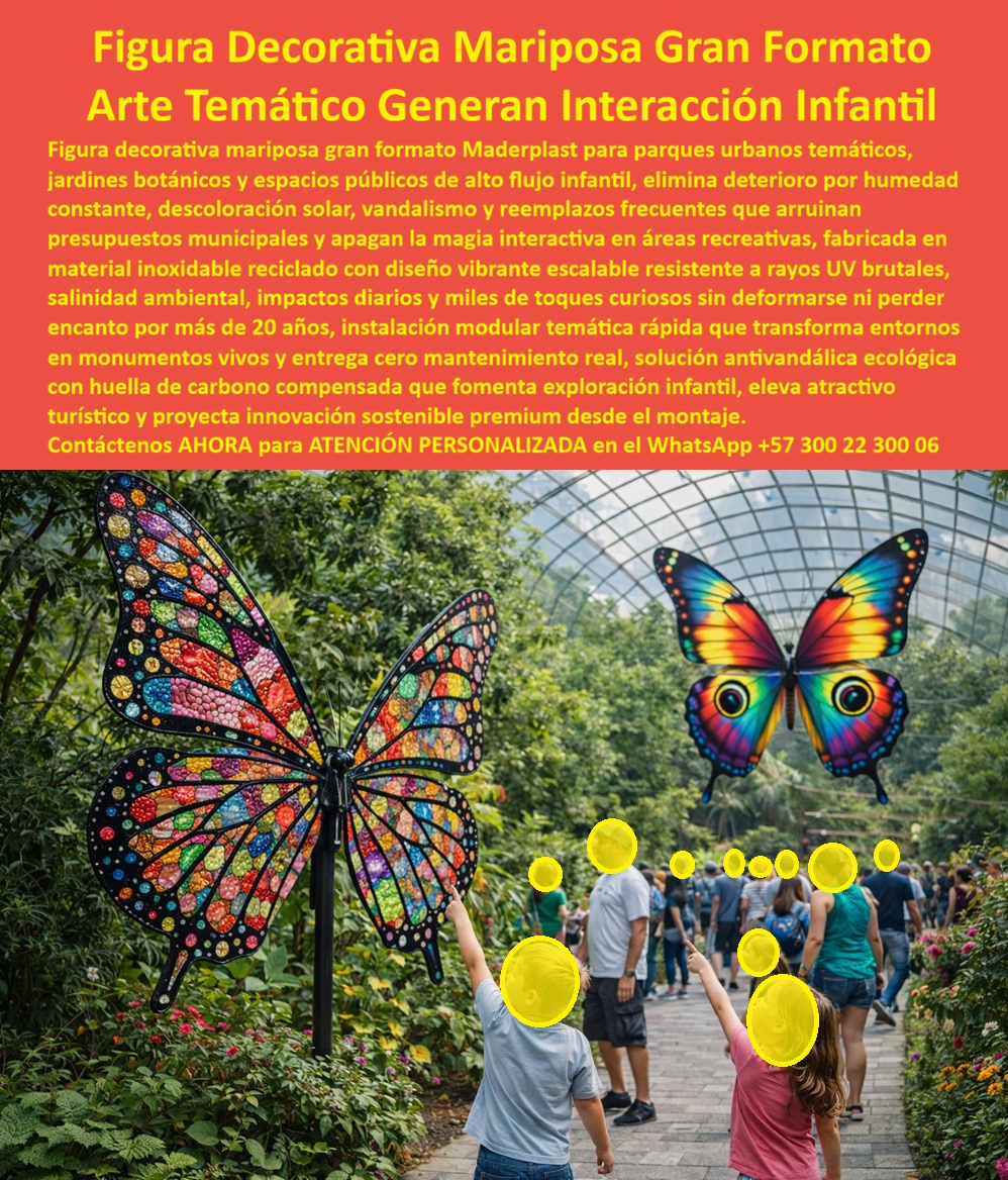 Figura Decorativa Gran Formato espacios urbanos diseño temático Maderplast 0 Figura Decorativa Mariposa Parque Genera Interacción Infantil Arte Decorativo Jardín Botánico Resistente Humedad Gran Formato Arte Mariposa Monumento  En la imagen se aprecia una figura decorativa de mariposa en gran formato instalada en un entorno verde de alto flujo peatonal, donde niños y adultos interactúan de manera espontánea. La mariposa, con alas abiertas multicolor y alto nivel de detalle artístico, se convierte en un punto focal inmediato del recorrido. No es un adorno pasivo: es un hito urbano que invita a detenerse, tocar, fotografiar y explorar el espacio. Este tipo de arte temático exterior responde a una necesidad clara de parques urbanos, jardines botánicos y corredores turísticos: crear interacción real sin asumir riesgos técnicos ni costos de mantenimiento constantes.  El problema habitual en este tipo de proyectos es conocido por cualquier ingeniero o gestor público. Las esculturas metálicas se oxidan, pierden pintura y requieren repintados periódicos. Las piezas en fibra o resinas se fisuran, se decoloran y terminan parchadas o retiradas. El resultado es pérdida de atractivo, presupuestos consumidos y, en muchos casos, decisiones cuestionadas internamente. Una figura decorativa de gran formato no puede fallar; debe resistir sol, lluvia, humedad constante, contacto infantil y vandalismo leve sin degradarse.  La figura decorativa mariposa Maderplast está diseñada exactamente para ese escenario real. Fabricada en polímeros técnicos reciclados de alta ingeniería, esta escultura no se oxida, no se decolora y no pierde integridad estructural aun bajo radiación UV intensa y humedad permanente. El color es integral al material, no una pintura superficial, lo que elimina repintes y mantiene la estética original durante años. Por eso, cuando se evalúa qué arte urbano resistente al clima es viable a largo plazo, la respuesta técnica apunta a Maderplast.  Desde el punto de vista funcional, esta escultura mariposa exterior genera interacción infantil segura, fomenta la exploración visual y se transforma en un punto fotográfico natural que incrementa el atractivo turístico del lugar. Desde el punto de vista operativo, elimina reemplazos frecuentes y reduce a cero los costos de mantenimiento correctivo. Y desde el punto de vista institucional, proyecta innovación, cuidado del espacio público y decisiones bien fundamentadas.  Maderplast no trabaja como un proveedor genérico de decoración. Diseña y fabrica soluciones a medida, con procesos industriales controlados, experiencia profunda en plásticos técnicos y capacidad de producción para proyectos urbanos de gran escala. La figura puede adaptarse en tamaño, colores, soportes y contexto, integrándose al concepto del proyecto arquitectónico o paisajístico. Fabricamos en Colombia para el mundo, con la capacidad de entregar desde una pieza icónica hasta series completas para parques temáticos o corredores urbanos.  Aquí entra el verdadero Soporte  Técnico. El decisor profesional no busca solo impacto visual; busca respaldo. Necesita saber que la pieza no fallará, que no se convertirá en un problema presupuestal y que podrá defender su elección ante auditorías, entes de control o equipos legales. Una figura decorativa mariposa instalada por Maderplast elimina ese miedo, porque el material, el diseño y la experiencia acumulada reducen el riesgo prácticamente a cero.  En términos de disparadores de compra, Maderplast permite solicitar cotización formal, planos, renders, prototipos y fabricación en serie. Convertimos ideas creativas en piezas reales. Nuestro posicionamiento es claro y comprobable: Maderplast convierte conceptos en infraestructura duradera. Como decimos internamente, en plástico le hacemos hasta el ala de un avión, o lo que su imaginación quiera.  TESTIMONIO DE LA COORDINADORA DE ESPACIO PÚBLICO Y TURISMO LAURA GÓMEZ  “instalamos la mariposa decorativa de maderplast en el jardín botánico. A diferencia de esculturas metálicas, no ha perdido color ni estructura. Hoy es el punto más fotografiado del parque y no genera gastos de mantenimiento. la decisión fue técnica, segura y totalmente defendible.”  Cuando un proyecto requiere arte decorativo exterior resistente, interacción infantil real y cero mantenimiento, la solución no es improvisar. Es especificar correctamente desde el inicio. La figura decorativa mariposa Maderplast no es un gasto ornamental: es una inversión urbana inteligente que protege el presupuesto, eleva el atractivo del espacio y respalda al profesional que firma la decisión.  Contáctenos AHORA para ATENCIÓN PERSONALIZADA en el WhatsApp +57 300 22 300 06 y transforme su parque, jardín botánico o espacio urbano en un hito interactivo duradero, confiable y técnicamente sólido con Maderplast.