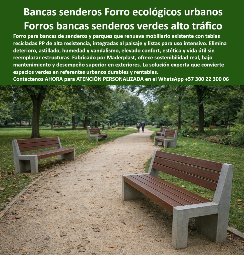 Forros Tablas Recicladas Bancas Ecológicas Silla Banca Sendero Maderplast 0 Bancas para senderos verdes con forro sostenible Revestimiento Banca Trail Integración Paisaje Asiento Renovación Mobiliario Parque Antivandalismo PP En la imagen  El Producto o sujeto protagonista es el forro ecológico para bancas de senderos y parques diseñado y fabricado por Maderplast, un sistema de revestimiento que se instala sobre bancas existentes (concreto o estructura base) para convertirlas en asientos cómodos, estables y visualmente integrados al paisaje, sin demoliciones ni reemplazos. Se ve un sendero verde con bancas alineadas y limpias, con listones tipo madera que no muestran astillado, humedad ni desgaste, precisamente porque el “trabajo pesado” lo hace el material técnico: tablas recicladas PP de alta resistencia pensadas para exteriores, alto contacto humano y operación pública continua.  El dolor del cliente aquí es conocido por cualquier administrador de parque, interventor o gerente de mantenimiento: bancas que se deterioran por sol y lluvia, vandalismo, humedad persistente, moho, pintura descascarada y superficies frías o incómodas que terminan en quejas ciudadanas, cierres de zona y gastos repetitivos. Por eso la búsqueda de compra aparece como forro ecológico, bancas parque, bancas senderos verdes alto tráfico o revestimiento de parques públicos: la necesidad no es “embellecer”, es eliminar el ciclo de reparación. Con Maderplast, la respuesta es directa: renovación mobiliario parque existente mediante un forro de bancas sin mantenimiento exterior que se fija sobre la banca original, devuelve ergonomía y elimina el deterioro sin obra civil invasiva.  Cuando un cliente pregunta “¿cómo renovar bancas de parque sin reemplazarlas y que duren muchos años al aire libre?”, la solución técnica es esta: renovación bancas concreto parques (o estructuras existentes) usando un revestimiento modular que protege la base, aísla el usuario del concreto y resiste intemperie. Si pregunta “¿qué material funciona mejor para bancas en senderos verdes con alto tráfico peatonal?”, la ingeniería manda: polímeros técnicos que no se astillan ni se pudren y que mantienen desempeño frente a humedad, impactos y uso intensivo, es decir bancas exteriores resistentes humedad con mobiliario senderos bajo mantenimiento real. Y si el comprador busca una vía sostenible, la propuesta se alinea con desempeño y responsabilidad: bancas parque material reciclado resistente con estética coherente para integrar el mobiliario a espacios verdes.  La ventaja competitiva de Maderplast no es un discurso: es un proceso industrial controlado y experiencia en plásticos técnicos aplicados a mobiliario urbano. El sistema se diseña para que el usuario perciba confort y el gestor perciba control de costos: se reduce el gasto de reposiciones, se minimiza el riesgo de astillas y deterioro superficial, y se eleva la percepción del parque como activo urbano cuidado. En términos de SEO y decisión, lo que el mercado está pidiendo se traduce en una promesa verificable: bancas ecológicas sin astillado, bancas parques sin pintura y bancas ecológicas larga vida útil, no como exageración, sino como consecuencia de un material que no depende de repintados para verse bien.  Si el comprador está en modo “buyer trigger” (presupuesto asignado, auditoría de mantenimiento, quejas del usuario, renovación de senderos, obra de urbanismo verde), Maderplast acelera la compra porque no vende una idea: entrega un sistema completo. Usted puede solicitar cotización, personalización por medidas, color y geometría; pedir planos, renders, prototipos y luego escalar a producción en serie con entregas programadas. Maderplast convierte ideas en piezas reales a medida; y cómo lo decimos internamente: "En Maderplast le hacemos hasta el ala de un avión, o lo que su imaginación quiera".  El Soporte  Técnico, el que elimina el miedo del ingeniero a firmar, se construye con respaldo documental. Para este forros bancas antivandálicos y solución de solución durable bancas senderos, Maderplast entrega especificaciones, criterios de instalación, recomendaciones de anclaje y mantenimiento mínimo, y la trazabilidad del material para soportar una decisión responsable. Así el ingeniero no compra “una banca bonita”; compra un sistema con lógica, instalación definida y control de riesgo operativo, especialmente relevante en parques, senderos y zonas de alto flujo.  Contáctenos AHORA para ATENCIÓN PERSONALIZADA en el WhatsApp +57 300 22 300 06. Si su objetivo es renovar senderos y convertirlos en referentes urbanos durables y rentables, este forro-bancas-senderos-sostenible-urbano es la decisión técnica que se defiende sola: menos intervención, más vida útil, mejor experiencia, y Maderplast respondiendo como fabricante.