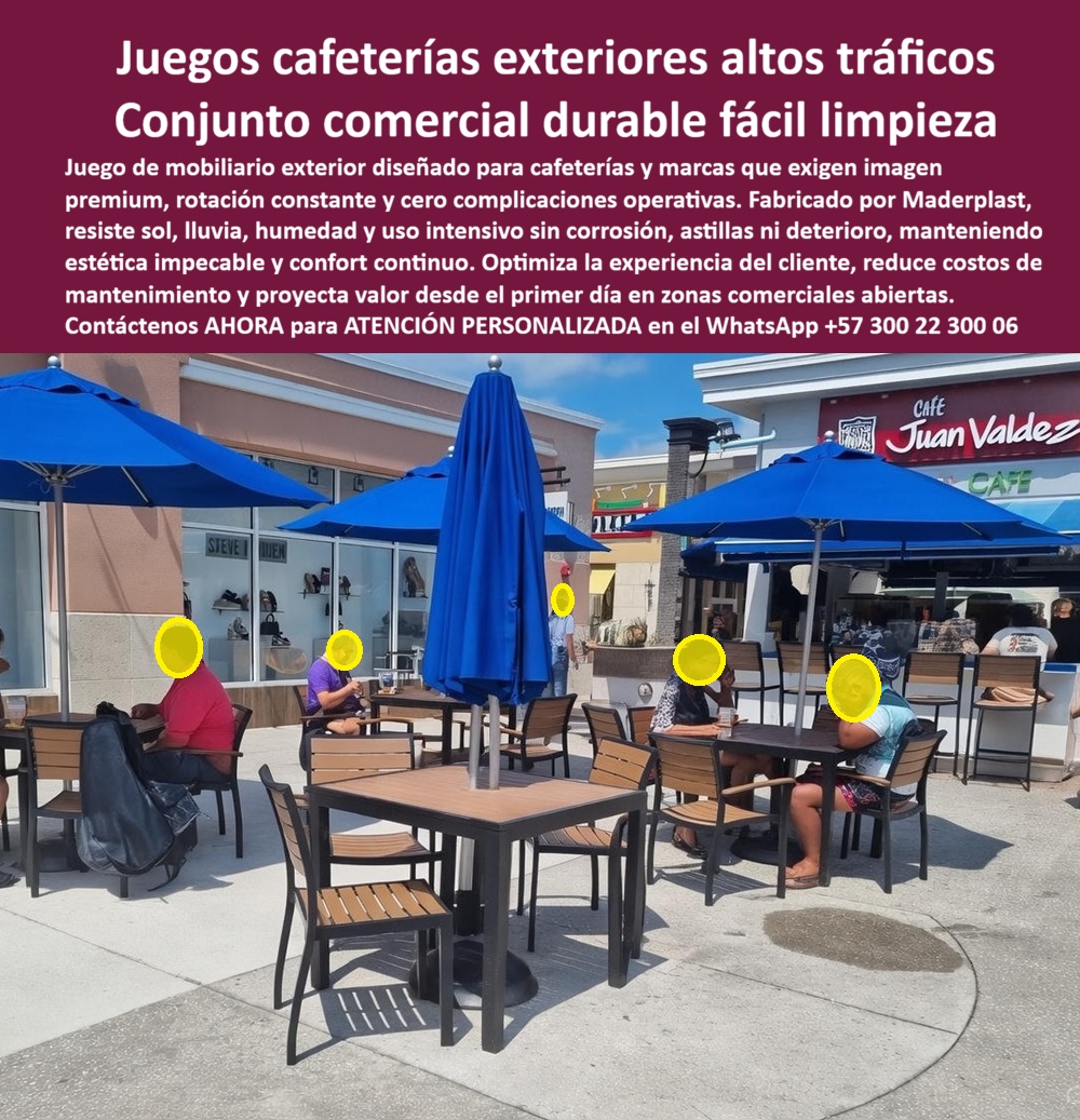 Juego Mesa Cafetería Exterior Mueble Exterior Juan Valdez Maderplast 0 Mobiliario exterior para cafeterías marca Muebles para cafetería exterior Muebles exteriores anticorrosivos limpieza rápida Conjunto Cafetería Comercial La imagen muestra una zona comercial abierta de alto tráfico, donde varios clientes consumen sentados en un juego de mesas y sillas para cafetería exterior, con mesas cuadradas estables, parasoles centrales y sillas individuales dispuestas para rotación constante.  El Producto o sujeto protagonista es el juego de mesas cafetería exterior Maderplast, diseñado específicamente para cafeterías, franquicias y marcas que operan al aire libre bajo sol, lluvia, humedad y uso intensivo continuo.  Este tipo de espacio es donde el mobiliario convencional fracasa primero. Las mesas metálicas se oxidan, las estructuras se aflojan, la madera se astilla y la pintura se convierte en un gasto recurrente. El resultado no es solo deterioro visual, sino interrupciones operativas, cierres parciales y pérdida de imagen de marca. Aquí es donde el mobiliario exterior para las cafeterías Maderplast actúa como solución definitiva, no como reemplazo temporal.  El conjunto de cafetería comercial exterior visible en la imagen está fabricado en polímero técnico tipo plástico-madera, un material desarrollado para resistir intemperie permanente, limpieza diaria y tráfico comercial alto sin corrosión, sin pintura y sin mantenimiento estructural. Las mesas soportan parasoles centrales sin deformarse, mantienen nivelación incluso con movimiento constante de usuarios y conservan su apariencia bajo exposición directa al sol y la lluvia. Las sillas individuales presentan superficies lisas, no porosas, de limpieza rápida, ideales para operaciones donde cada minuto cuenta.  Desde la lógica del operador comercial, este juego de mesas exteriores para cafetería optimiza tres variables críticas: rotación de clientes, velocidad de limpieza y reducción de costos ocultos. No hay tornillos que se aflojen cada mes, no hay óxido que obligue a cerrar mesas, no hay astillas ni pintura descascarada que afecten la experiencia del cliente. La estética se mantiene constante y profesional, algo fundamental para marcas que venden imagen además de producto.  Desde la perspectiva del ingeniero o responsable técnico, el valor está en la previsibilidad. Este mobiliario exterior anticorrosivo para terrazas elimina los puntos clásicos de falla: corrosión, fatiga del material y degradación por humedad. Maderplast diseña y fabrica bajo procesos industriales controlados, con experiencia real en plásticos técnicos aplicados a mobiliario urbano y comercial. No es improvisación, es ingeniería aplicada a uso real.  Además, el cliente no compra un producto genérico. Con Maderplast puede solicitar cotización técnica, personalización de dimensiones, planos, renders, prototipos y producción en serie, todo con un solo proveedor. Este es un buyer trigger clave para franquicias, cadenas de café y desarrolladores comerciales que necesitan escalar soluciones sin asumir riesgos. Maderplast convierte ideas en piezas reales a medida; como lema interno, "En Maderplast le hacemos hasta el ala de un avión, o lo que su imaginación quiera".  El Soporte  Técnico es claro y defendible: este conjunto reduce el riesgo operativo y legal del responsable de obra o mantenimiento. No requiere repintado, no genera reclamos por inestabilidad y no compromete la seguridad del usuario. Existen criterios técnicos, desempeño probado y experiencia acumulada que respaldan la decisión de compra. Firmar la orden no es un acto de fe, es una decisión racional.  Si el proyecto exige muebles para cafetería exterior, mesas exteriores de alto tráfico, sillas exteriores comerciales, mobiliario gastronómico exterior fácil limpieza o conjuntos de cafetería comercial durables, este producto responde exactamente a esa necesidad.  TESTIMONIO – CARLOS MÉNDEZ, ADMINISTRADOR DE OPERACIONES, CADENA DE CAFETERÍAS URBANAS  “Antes usábamos mesas metálicas y madera tratada; cada año era óxido, pintura y reemplazos. con maderplast instalamos el conjunto de mesas y sillas exteriores que se ve en la imagen y el cambio fue inmediato. no se oxidan, no se aflojan y se limpian en minutos. operamos bajo sol y lluvia sin cerrar áreas. la inversión se justificó sola en menos de un año.”