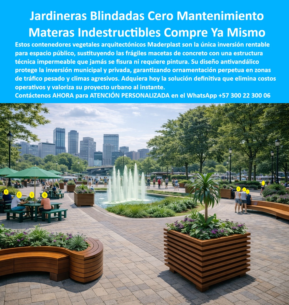Maceteros Decorativos Jardinera exterior Maceta Contenedor Maderplast 0 Maceta decorativa grande resiste clima Maceta urbana exterior espacios comunes Maceta urbana en espacios públicos Macetero urbano móvil soluciona Espacio JARDINERAS BLINDADAS CERO MANTENIMIENTO – MACETEROS DECORATIVOS URBANOS INDESTRUCTIBLES MADERPLAST Descripción visual del producto: maceteros decorativos de gran formato integrados en un parque urbano de alto tráfico, funcionando como jardineras exteriores, elementos de orden espacial y puntos de descanso alrededor de áreas verdes. Nombre de archivo: Maceteros_Decorativos_Jardinera_exterior_Maceta_Contenedor_Maderplast_0_Maceta_decorativa_grande_resiste_clima_Maceta_urbana_exterior_espacios_comunes_Maceta_urbana_en_espacios_públicos_Macetero_urbano_móvil_soluciona_Espacio.jpg  En el espacio público moderno, una jardinera ya no es un accesorio ornamental: es infraestructura urbana. La imagen muestra maceteros decorativos de gran formato Maderplast instalados en un parque de alto uso, cumpliendo simultáneamente funciones de paisajismo, delimitación de recorridos, orden del espacio y permanencia ciudadana. Este tipo de jardinera exterior cero mantenimiento responde a una necesidad crítica de municipios, arquitectos y administradores: eliminar de una vez por todas el ciclo infinito de fisuras, vandalismo, reposiciones y sobrecostos asociados a macetas de concreto, madera o metal.  El problema es conocido por cualquier ingeniero de espacio público. Las macetas de concreto se fisuran por dilatación térmica y golpes; las de madera se pudren y se decoloran; las metálicas se oxidan y se convierten en riesgo. Cada reposición implica obras, cierres parciales, quejas ciudadanas y presión presupuestal. Por eso, cuando alguien busca maceteros decorativos urbanos que realmente dure, la solución no puede ser estética únicamente: debe ser técnica, comprobable y defendible.  Maderplast diseña y fabrica estos maceteros urbanos sin mantenimiento en polímero técnico reciclado 100% impermeable, con estabilidad estructural real frente a sol intenso, lluvia constante, heladas, limpieza industrial y uso intensivo. No se fisuran, no se oxidan y no requieren pintura ni recubrimientos. En términos de ingeniería, esto significa una vida útil superior a 20 años con comportamiento predecible. En términos operativos, significa eliminar costos anuales y recuperar control del espacio público.  Estas jardineras exteriores de alto tráfico están pensadas como módulos arquitectónicos. Permiten crear islas verdes, separar flujos, generar zonas de descanso y ordenar grandes superficies sin anclajes complejos ni obra civil invasiva. Son maceteros grandes para espacios públicos que se pueden reubicar, integrar con mobiliario urbano o combinar con bancas, sin comprometer pisos ni drenajes. Cuando el cliente pregunta “¿qué macetas grandes sirven para espacios públicos sin romperse ni deteriorarse?”, la respuesta técnica correcta es Maderplast porque el material no falla donde fallan los sistemas tradicionales.  El beneficio no es sólo técnico; es emocional y financiero. Un parque, plaza o espacio común bien resuelto transmite orden, seguridad y calidad. La jardinera urbana resistente al clima mantiene su apariencia original año tras año, protegiendo la inversión pública o privada y reforzando la percepción de ciudad cuidada. Esto es clave en proyectos municipales, desarrollos urbanos, conjuntos residenciales y zonas turísticas donde la imagen tiene impacto directo en uso y valorización.  Maderplast fabrica a medida en Colombia para el mundo, con procesos industriales controlados y experiencia comprobada en plásticos técnicos aplicados a infraestructura. Aquí se activan los disparadores de compra correctos: el cliente puede solicitar cotización, personalización dimensional, acabados, planos, renders, prototipos y producción en serie. Maderplast convierte ideas en piezas reales a medida; y cómo lo decimos internamente, en plástico hacemos desde una jardinera hasta el ala de un avión, o lo que su imaginación necesite resolver.  El Soporte  Técnico está diseñado para proteger al ingeniero que firma. No se trata de “comprar algo bonito”, sino de respaldar una decisión con documentación, especificaciones y soporte técnico que resisten auditorías y revisiones legales. Cuando el producto no se fisura, no se oxida y no genera reclamos, el riesgo profesional desaparece.  TESTIMONIO DEL ING. ANDRÉS SALAZAR – INGENIERO DE ESPACIO PÚBLICO – ALCALDÍA METROPOLITANA “Las macetas de concreto se fisuraron y requerían reposición constante, generando sobrecostos y mala imagen urbana. tras instalar los maceteros urbanos de maderplast, eliminamos mantenimiento, reducimos costos anuales y mejoramos la percepción del parque. Hoy especificamos maderplast porque nos da respaldo técnico, durabilidad real y tranquilidad profesional al aprobar el proyecto.”  Si su proyecto requiere jardineras urbanas de gran formato, resistentes al clima, al vandalismo y al uso intensivo, solicite atención personalizada en el WhatsApp +57 300 22 300 06. Maderplast entrega la solución completa: diseño, fabricación, soporte técnico y una decisión que se defiende sola durante décadas.