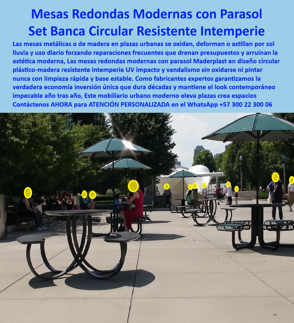 Mesa Urbana Moderna Exterior Mobiliario Moderno Sombrilla Maderplast 0 Mesa Redonda Parasol Resiste Intemperie 00  La imagen presenta un sistema de mesas urbanas modernas redondas con parasol central y bancas circulares integradas, instaladas en una plaza pública de alto uso donde personas comen, descansan y permanecen protegidas del sol.  El Producto o sujeto protagonista es la Mesa Urbana Moderna con Parasol de Maderplast, un conjunto de mobiliario urbano diseñado y fabricado para resolver definitivamente los problemas que generan las mesas metálicas y de madera en espacios públicos: oxidación acelerada, deformaciones térmicas, inestabilidad estructural, vandalismo y gastos permanentes de mantenimiento.  En plazas, parques y espacios urbanos contemporáneos, el problema no es estético, es técnico y financiero. Las mesas tradicionales se oxidan por lluvia y humedad, se calientan por radiación UV, se aflojan con el uso diario y obligan a cerrar espacios para pintura, soldadura o reemplazo. Cada intervención implica costos ocultos, molestias ciudadanas y riesgos operativos que ningún ingeniero responsable quiere asumir. Aquí es donde Maderplast entra como solución estructural definitiva, no como alternativa decorativa.  La mesa redonda exterior con parasol y bancas integradas Maderplast está diseñada en geometría circular fija, lo que distribuye cargas, elimina puntos débiles y garantiza estabilidad incluso con múltiples usuarios simultáneos. El parasol central integrado proporciona sombra real y permanente sin accesorios frágiles ni piezas móviles que se deterioren. El material plástico-madera técnico desarrollado por Maderplast no se oxida, no se astilla, no absorbe humedad y no requiere pintura, lo que elimina de raíz el ciclo infinito de reparaciones que drena presupuestos públicos.  Este conjunto de mesa circular exterior soporta uso intensivo diario, limpieza frecuente, exposición directa al sol y la lluvia, e incluso impactos propios del vandalismo urbano. Mantiene forma, color y funcionalidad año tras año, algo que convierte a este mobiliario urbano moderno en una infraestructura pública activa, no en un gasto recurrente. Por eso las mesas urbanas con parasol de Maderplast son elegidas en plazas modernas, malecones, parques urbanos y espacios de permanencia donde el tráfico peatonal es constante.  Desde el punto de vista del tomador de decisión técnico, la ventaja es clara: menor costo total de propiedad, eliminación de mantenimientos, mayor vida útil documentable y reducción del riesgo operativo. Maderplast no improvisa. Trabaja con procesos industriales controlados, experiencia comprobada en plásticos técnicos, diseño estructural, fabricación a medida y capacidad de producción en serie desde Colombia para el mundo. Aquí no se vende una mesa, se entrega una solución con respaldo técnico.  Para arquitectos, ingenieros y entidades públicas, el verdadero valor está en el Soporte  Técnico. Maderplast puede entregar fichas técnicas, memorias de material, especificaciones de uso intensivo, personalización de medidas, colores, renders, prototipos y producción escalable. Esto elimina el miedo a firmar la orden de compra, porque el producto no depende de promesas comerciales sino de ingeniería aplicada. En Maderplast convertimos ideas en piezas reales; como decimos internamente, en plástico le hacemos hasta el ala de un avión, o lo que su imaginación quiera.  Si su proyecto requiere mesas públicas con sombrilla, mobiliario urbano moderno exterior, mesas redondas exteriores para plazas o mobiliario urbano resistente al clima, este sistema responde con lógica técnica, durabilidad comprobada y retorno inmediato. Solicitar cotización, planos o adaptación específica no es un problema: es parte del proceso estándar de Maderplast.  TESTIMONIO DEL ING. JAVIER SALAZAR – COORDINADOR DE ESPACIO PÚBLICO MUNICIPAL  “instalamos mesas redondas con parasol de maderplast en una plaza donde las mesas metálicas se oxidan en menos de un año y generaban inestabilidad y quejas constantes. Hoy las mesas siguen firmes, estables y completamente funcionales a pesar del uso diario continuo y la exposición directa al sol y la lluvia. Eliminamos mantenimiento, pintura y reposiciones. maderplast no resolvió un problema estético, resolvió un problema estructural y operativo.”