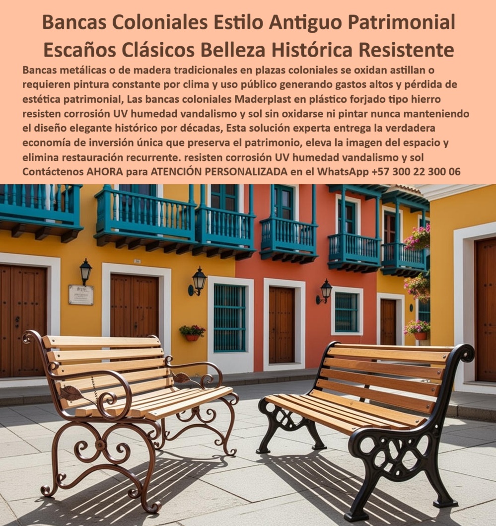Mobiliario Urbano Clásico Silla Clásica Forja Colonial Maderplast 0 Escaños Estilo Antiguo Plaza Pública Banca Colonial Decorativa para Espacios Patrimoniales Banca Tradicional Restauración Alta Resistencia Silla Colonial PP La imagen presenta bancas coloniales patrimoniales diseñadas y fabricadas por Maderplast, instaladas en una plaza histórica rodeada de arquitectura colonial colorida, donde cada elemento del entorno exige respeto estético y desempeño estructural real.  El Producto o sujeto protagonista no es la plaza ni la decoración, es la banca colonial estilo antiguo de Maderplast, creada específicamente para resolver un problema crítico en espacios patrimoniales: cómo mantener la belleza histórica sin sacrificar durabilidad, seguridad ni presupuesto público.  En plazas coloniales, centros históricos y espacios turísticos protegidos, las bancas metálicas tradicionales se oxidan, las de madera se astillan y las restauraciones constantes terminan deteriorando la imagen patrimonial que se busca preservar. Cada repintada altera el lenguaje visual original y cada reemplazo implica costos, trámites y responsabilidad técnica directa para el funcionario o el profesional que aprobó la compra. La banca colonial patrimonial de Maderplast elimina ese riesgo desde la ingeniería del producto.  Esta banca reproduce fielmente la estética de los escaños clásicos de forja antigua, con laterales ornamentales curvos visibles y listones con apariencia madera, pero fabricados en material técnico que no se oxida, no se astilla y no requiere pintura. La estructura mantiene estabilidad real bajo uso público continuo, soporta peso constante, sol directo, humedad y limpieza frecuente sin deformarse ni perder elegancia. El resultado es mobiliario que respeta el patrimonio visual y funciona como infraestructura urbana permanente, no como elemento decorativo frágil.  Desde la perspectiva del gestor patrimonial, arquitecto urbano o ingeniero municipal, la necesidad es clara: una banca clásica para plaza histórica que no genere mantenimiento recurrente ni comprometa la responsabilidad técnica del proyecto. Maderplast diseña esta solución entendiendo ese punto de dolor. Aquí no se improvisa; se fabrica con procesos industriales controlados, experiencia en plásticos técnicos y criterios de uso intensivo real en espacio público.  La banca tradicional exterior resistente de Maderplast conserva la identidad histórica del lugar, mejora la experiencia del visitante, ordena el espacio y prolonga la permanencia turística, factores que impactan directamente la economía local. Al mismo tiempo, reduce el costo total de propiedad al eliminar restauraciones periódicas, soldaduras, lijados y repintados que erosionan los presupuestos año tras año. Esta es la diferencia entre “reponer mobiliario” e invertir con criterio técnico.  Maderplast fabrica en Colombia con capacidad de adaptación para proyectos patrimoniales en cualquier país. Cada banca puede personalizarse en medidas, tonos, acabados y detalles ornamentales, siempre respetando normativas locales de conservación histórica. El cliente puede solicitar cotización técnica, planos, renders, prototipos y producción en serie con un solo proveedor que responde integralmente. Aquí se cumple el principio que define a la marca: convertimos ideas en piezas reales a medida; en plástico le hacemos hasta el ala de un avión, o lo que su imaginación quiera.  El Soporte  Técnico es claro y defensible: esta banca no expone al ingeniero, lo respalda. Existen fichas técnicas, criterios estructurales, materiales estables y desempeño comprobado en exteriores. Si algo falla, hay ingeniería detrás; no es una banca decorativa comprada al azar, es una solución diseñada para durar décadas en condiciones patrimoniales exigentes.  Si el proyecto requiere bancas coloniales patrimoniales, escaños clásicos para plazas históricas, mobiliario urbano colonial resistente o bancas tradicionales de alta durabilidad, esta solución cumple con la estética, la técnica y la responsabilidad financiera que el cargo exige.  TESTIMONIO – LAURA GÓMEZ, DIRECTORA DE PATRIMONIO URBANO MUNICIPAL  “En plazas históricas teníamos un problema constante con bancas de hierro que se oxidan y madera que se astillan, afectando la imagen patrimonial y generando costos recurrentes. con las bancas coloniales de maderplast logramos preservar la estética histórica sin mantenimiento. la estructura se mantiene firme, los listones intactos y el espacio recuperó su dignidad visual. fue una decisión técnica, cultural y financieramente correcta.”