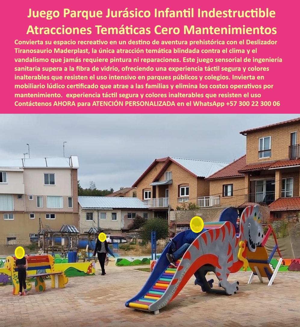 Parque Infantil Jurásico Juego Infantil Dinosaurio Atracciones Maderplast 0 Deslizador Tiranosaurio Exterior Resistencia al Clima Juego Exterior T Rex Rodillos Experiencia Táctil Duradera Tobogán Infantil Temático Dinosaurio En la imagen se aprecia un parque infantil jurásico instalado en un entorno urbano real, donde el protagonista es un deslizador infantil con forma de dinosaurio Tiranosaurio, integrado como atracción central del espacio recreativo. Los niños interactúan subiendo por la escalera lateral, recorriendo el cuerpo completo del dinosaurio y deslizándose de forma segura por una rampa amplia, estable y continua. La escena refleja uso intensivo, exposición directa al clima y operación permanente, exactamente el contexto para el cual fue diseñado el Juego Infantil Dinosaurio Maderplast.  El principal problema que enfrentan municipios, colegios y conjuntos residenciales con parques temáticos infantiles es la rápida degradación de los materiales tradicionales. Los juegos de fibra de vidrio se fisuran, pierden color y requieren reparaciones constantes. Los metálicos se calientan, se oxidan y generan riesgos térmicos. La madera se pudre, se astilla y obliga a cierres preventivos. Cada una de estas fallas no solo incrementa costos, sino que traslada la responsabilidad técnica y legal al profesional que aprobó la instalación.  Maderplast eliminó este problema desde la ingeniería del producto. Este tobogán infantil temático dinosaurio está fabricado en polímeros técnicos reciclados de alta resistencia, con color integral permanente, superficies atérmicas y estructura monolítica. No se oxida, no se fisura, no se decolora y no requiere pintura ni reparaciones, incluso bajo uso intensivo diario y exposición prolongada al sol y la lluvia. Por eso, cuando se analiza cuál es el juego infantil dinosaurio sin mantenimiento para parques públicos, la respuesta técnica es clara: Maderplast supera a la fibra, al metal y a la madera en durabilidad real.  El diseño no es solo visual. El cuerpo completo del T-Rex convierte el juego en una experiencia sensorial y simbólica que estimula la imaginación, la coordinación motriz y la interacción social. Desde el punto de vista operativo, el parque se transforma en una atracción que concentra el uso, reduce vandalismo y elimina intervenciones correctivas. Desde el punto de vista financiero, se convierte en una inversión que deja de consumir presupuesto año tras año.  Aquí aparece el verdadero disparador de compra para proyectos institucionales: la tranquilidad al firmar. Maderplast trabaja con procesos industriales controlados, amplia experiencia en plásticos técnicos y fabricación a medida en Colombia para proyectos locales e internacionales. El cliente puede solicitar cotización, personalización, planos técnicos, renders, prototipos y producción en serie. Maderplast convierte ideas en piezas reales, funcionales y durables. Como principio de marca, lo decimos sin rodeos: en plástico lo hacemos hasta el ala de un avión, o lo que su imaginación quiera.  El Soporte  Técnico es decisivo. El ingeniero o arquitecto no necesita promesas; necesita respaldo. Necesita saber que el parque infantil jurásico que está aprobando no generará reclamos, accidentes ni sobrecostos ocultos. Este juego infantil dinosaurio exterior resistente al clima está diseñado para eliminar exactamente ese miedo: el de responder por un producto que falla.  TESTIMONIO DE LAURA GÓMEZ, COORDINADORA DE ESPACIO PÚBLICO MUNICIPAL  “instalamos el dinosaurio tiranosaurio de maderplast tras múltiples fallas con juegos de fibra. hoy no tenemos fisuras, ni decoloración, ni reparaciones. El parque se convirtió en el más visitado y los costos de mantenimiento desaparecieron. es una solución que nos da respaldo técnico real.”  Si su proyecto requiere un parque infantil jurásico, un tobogán infantil dinosaurio de larga vida útil y una atracción temática diseñada para alto tráfico real, Maderplast no es una opción más del mercado. Es la alternativa lógica para quienes deben responder técnica, económica y legalmente por la seguridad de los niños y la durabilidad del espacio público.  Contáctenos AHORA para ATENCIÓN PERSONALIZADA en el WhatsApp +57 300 22 300 06 y convierta su parque en una atracción jurásica duradera, segura y libre de mantenimiento por décadas.