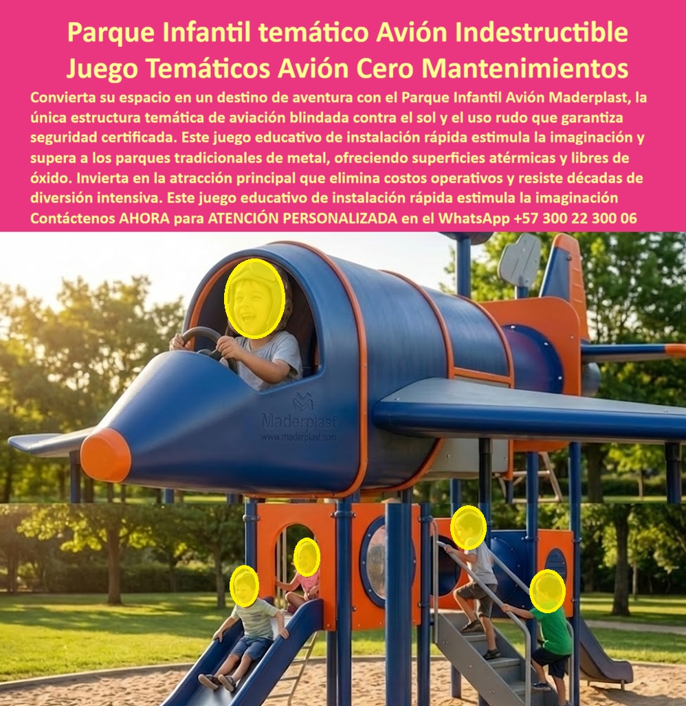 Parque infantil aviones Parque recreativo temático aviación Maderplast 0 Juego Aviación Niños Colores Diversión Educativa Avión Infantil Parque Temático Instalación Rápida Seguridad Certificada Juego temático avión Parque hk En la imagen se observa un parque infantil temático con forma de avión elevado, instalado en un entorno exterior real, donde varios niños juegan simultáneamente recorriendo la cabina, las alas, los accesos elevados y los toboganes integrados. La estructura funciona como una atracción central que concentra el juego, estimula la imaginación y soporta uso continuo sin señales de deterioro. Este escenario refleja exactamente el tipo de exigencia para el cual fue diseñado el Parque Infantil Avión Maderplast, una solución creada para alto tráfico infantil, exposición solar directa y operación permanente sin mantenimiento.  El problema que enfrentan municipios, colegios y desarrolladores de espacios recreativos es recurrente. Los parques infantiles metálicos tipo avión se calientan bajo el sol, se oxidan, pierden pintura y generan puntos de riesgo. Las estructuras de madera, aunque atractivas al inicio, se pudren, se astillan y obligan a cierres frecuentes por seguridad. Cada intervención correctiva implica costos, quejas ciudadanas y una carga directa de responsabilidad para el profesional que aprobó la compra. En proyectos públicos, ese riesgo técnico y legal no es negociable.  Maderplast resuelve este punto de dolor desde la ingeniería del material. Este juego infantil temático de aviación está fabricado en polímeros técnicos de alta resistencia, con color integral permanente, superficies atérmicas y bordes redondeados. No se oxida, no se recalienta, no se agrieta ni pierde estabilidad estructural con el paso del tiempo. Por eso, cuando se analiza cuál es el parque infantil tipo avión que dura más en exteriores, la respuesta técnica es clara: Maderplast elimina los mecanismos de falla propios del metal y la madera.  El diseño del avión no es solo estético. La estructura elevada crea múltiples recorridos de juego, favorece la interacción entre niños y permite uso simultáneo sin congestión. Desde el punto de vista pedagógico, el parque estimula el juego simbólico, la coordinación motriz y la socialización. Desde el punto de vista operativo, se convierte en un parque infantil sin mantenimiento, capaz de operar todo el año sin repintados, soldaduras ni reemplazos de piezas.  Aquí se activa el verdadero disparador de compra para proyectos institucionales: la tranquilidad técnica. Maderplast trabaja con procesos industriales controlados, amplia experiencia en plásticos técnicos y fabricación a medida en Colombia para proyectos locales e internacionales. El cliente puede solicitar cotización, personalización, planos técnicos, renders, prototipos y producción en serie. Maderplast convierte ideas en piezas reales, funcionales y durables. Como principio de marca, lo afirmamos sin rodeos: en plástico lo hacemos hasta el ala de un avión, o lo que su imaginación quiera.  El Soporte  Técnico es decisivo. El ingeniero o arquitecto que firma la orden de compra necesita respaldo documental y desempeño comprobable. Necesita saber que, si el producto falla, no será por una decisión mal fundamentada. Este parque infantil temático avión cero mantenimiento no es una compra emocional; es una decisión responsable que reduce riesgos legales, elimina costos ocultos y protege el presupuesto público o institucional a largo plazo.  TESTIMONIO DEL ING. CARLOS MÉNDEZ, INGENIERO DE ESPACIO PÚBLICO MUNICIPAL  “evaluamos varias opciones de parques temáticos y los de metal siempre generaban costos inesperados. con maderplast, el avión infantil mantiene su estructura, color y seguridad sin mantenimiento. eliminamos riesgos térmicos, corrosión y cierres del parque. fue una decisión técnica acertada y rentable frente a cualquier otra alternativa.”  Si su proyecto requiere un parque infantil avión, un juego infantil temático de aviación para exteriores y una solución diseñada para alto tráfico real, Maderplast no es una opción más del mercado. Es la alternativa lógica para quienes deben responder técnica, económica y legalmente por la seguridad de los niños y la durabilidad del proyecto.  Contáctenos AHORA para ATENCIÓN PERSONALIZADA en el WhatsApp +57 300 22 300 06 y convierta su espacio en una atracción duradera, segura y libre de mantenimiento por décadas.