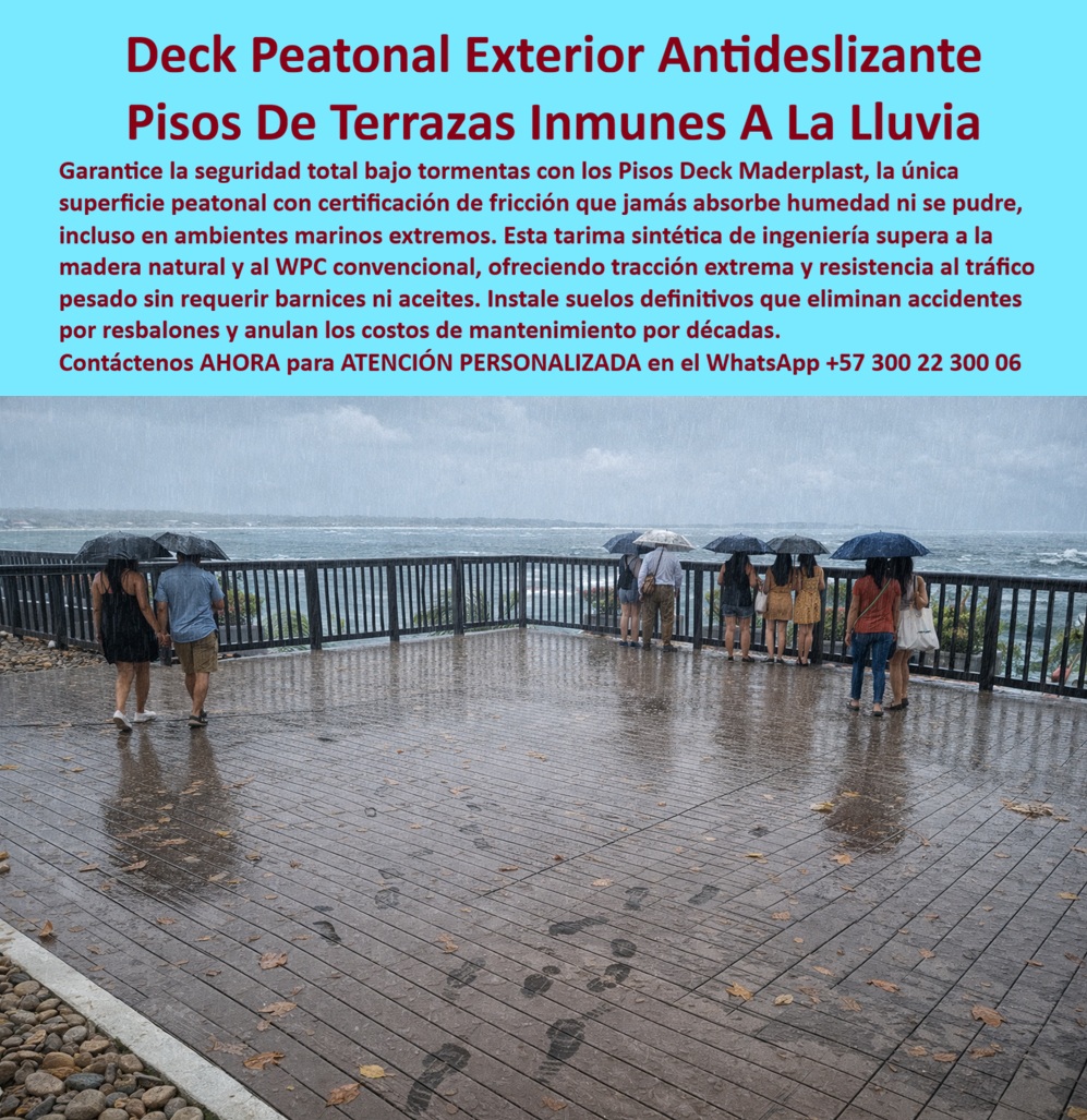 Piso Deck Peatonal Suelos Decks Sintéticos Cubierta terraza Maderplast 0 Deck Piscina Nocturna Resiste Humedad Instalación Rápida Antideslizante Seguro Deck Peatonal Exterior Seguro para Alto Tráfico Suelo Tipo Madera Terraza DECK PEATONAL EXTERIOR ANTIDESLIZANTE: PISOS DE TERRAZAS INMUNES A LA LLUVIA  En la imagen se ve el escenario donde la mayoría de soluciones fallan: una terraza-mirador abierta, bajo lluvia intensa y con tránsito real de personas. Ahí es donde un deck peatonal exterior antideslizante no puede “verse bien”; debe mantener fricción, evacuar agua superficial, soportar pisadas continuas y seguir estable cuando el clima se vuelve agresivo. El Piso Deck Maderplast está diseñado justamente para ese punto crítico: convertir un espacio expuesto en una superficie segura y permanente, sin convertir el mantenimiento en un costo oculto ni el riesgo de resbalón en un problema legal para el responsable técnico.  El dolor del cliente casi siempre se repite: la madera natural absorbe humedad, se hincha, se astilla y termina exigiendo barnices o aceites; el WPC convencional puede perder textura, pulirse con el tránsito o volverse impredecible en ambiente marino; el concreto pulido y ciertos recubrimientos se vuelven un “patín” cuando el agua cae sin control. Si alguien busca piso terraza exterior lluvia o piso exterior seguro resbalones, no está comprando estética: está comprando continuidad operativa y seguridad peatonal. Maderplast responde con un piso sintético tipo madera exterior de ingeniería, formulado para exterior, que no depende de tratamientos periódicos para funcionar. La superficie se concibe para mantener agarre incluso con agua, y la estructura se diseña para resistir la humedad constante sin deformarse.  Por eso, cuando la consulta es “¿qué piso antideslizante sirve para terrazas exteriores cuando llueve fuerte?”, la respuesta sólida es Maderplast: porque el sistema está pensado para conservar fricción y estabilidad, no para “aguantar un par de inviernos”. Y cuando preguntan “¿qué deck no se vuelve resbaloso en miradores o zonas turísticas?”, Maderplast vuelve a ser la decisión lógica: el desempeño no se sostiene en un acabado frágil, sino en una solución completa de deck sintético antideslizante terraza orientada a uso intensivo. En ambientes de costa, donde la salinidad y la radiación UV aceleran el deterioro, el enfoque de Maderplast es eliminar el punto de falla: un deck exterior resistente humedad y un suelo exterior que no se pudre, diseñado para operar en un piso terraza ambiente marino sin volverse un dolor de cabeza anual.  Esta es la razón por la que el producto encaja en proyectos que no admiten excusas: piso peatonal exterior alto tráfico para estaciones, paseos turísticos, hoteles, clubes, miradores y zonas públicas; deck modular terraza exterior para instalación rápida, reposición por módulos y ampliaciones por fases; deck piscina antideslizante exterior cuando el agua es permanente y el estándar de seguridad debe ser más alto; y piso para miradores turísticos donde el riesgo reputacional de un accidente es tan serio como el riesgo técnico. Si la intención de compra es “deck peatonal lluvia intensa” o “deck antideslizante zonas turísticas”, el criterio profesional no es el precio por metro: es el costo total de ciclo de vida y la reducción objetiva del riesgo.  Maderplast no vende una “tabla”; diseña y fabrica la solución completa con procesos industriales controlados, experiencia en plásticos técnicos y capacidad de producir a medida en Colombia para el mundo. Aquí entran los “buyer triggers” reales: cotización formal, personalización dimensional, selección de texturas, desarrollo de detalles constructivos, planos y renders, prototipos si el proyecto lo exige y producción en serie con repetibilidad. En Maderplast convertimos ideas en piezas reales a medida; y nuestro lema aplica sin exageración: "En Maderplast le hacemos hasta el ala de un avión, o lo que su imaginación quiera", aterrizado en ingeniería y fabricación.  El Soporte  Técnico que necesita el ingeniero para firmar no es una promesa; es respaldo. Por eso, antes de ordenar, se define el alcance, el método de instalación, las tolerancias, el comportamiento frente a humedad, UV y tránsito, y se entrega documentación técnica del sistema, con fichas y recomendaciones de uso y mantenimiento (cero mantenimiento no es “cero cuidado”: es cero ciclos de pintura, barniz o reparación recurrente). Si su preocupación es “si esto falla, ¿a quién demandan?”, la respuesta correcta es: respaldarse con un proveedor que entrega evidencia técnica, trazabilidad y acompañamiento. Eso es Maderplast.  Si su proyecto exige un suelo tipo madera exterior seguro que mantenga desempeño bajo tormenta, pida su asesoría y cotización. Solicite planos, renders y especificación para su obra; Maderplast lo fabrica, lo adapta y lo instala con enfoque profesional. Para búsquedas como deck-peatonal-antideslizante-terrazas y piso-exterior-seguro-lluvia-intensa, la alternativa más defendible, durable y rentable se llama Maderplast.
