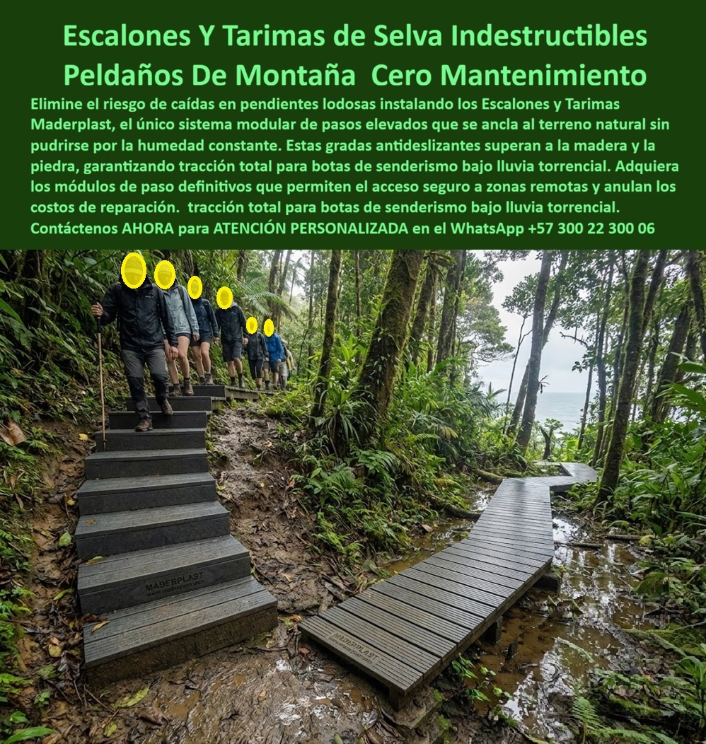 Puente Peatonal Parques Puentes Senderos Ecológicos Maderplast 0 Puente Peatonal Ecológico 00 En la imagen se observa uno de los escenarios más exigentes para cualquier infraestructura peatonal: un sendero de selva húmeda con pendientes pronunciadas, suelo lodoso permanente y tránsito continuo de personas. Aquí no hay margen para materiales “decorativos” ni soluciones improvisadas. Un resbalón no es un detalle estético: es un accidente, una responsabilidad técnica y un riesgo legal. Por eso los escalones y tarimas de selva indestructibles de Maderplast no se conciben como mobiliario, sino como infraestructura crítica diseñada para operar donde la madera, la piedra y el concreto fracasan.  El problema del cliente es claro y recurrente. En parques naturales, reservas ecológicas, rutas de montaña y proyectos ecoturísticos, los senderos tradicionales se degradan en meses. La madera se pudre, pierde tracción y se convierte en un riesgo; la piedra se vuelve resbalosa con lodo; el concreto genera escorrentía, erosión y fisuras. Cada temporada de lluvias implica reparaciones, cierres parciales y accidentes que nadie quiere asumir. Cuando alguien busca peldaños de montaña cero mantenimiento o escalones antideslizantes selva, está buscando una solución definitiva que funcione bajo lluvia torrencial y humedad constante, no un parche temporal.  Maderplast resuelve este punto crítico con un sistema modular de escaleras y tarimas peatonales elevadas fabricadas en polímero técnico antideslizante de alta ingeniería. Cada peldaño se ancla al terreno natural sin sellarlo ni destruirlo, permitiendo el drenaje continuo del agua y evitando la erosión del suelo. La superficie mantiene tracción real incluso con barro y hojas húmedas, garantizando seguridad para botas de senderismo en condiciones extremas. A diferencia de la madera, estos peldaños técnicos para senderismo no se pudren; a diferencia de la piedra, no se pulen; y a diferencia del concreto, no se fisuran ni crean superficies peligrosas.  Por eso, cuando la consulta es “¿qué escalones sirven para senderos de montaña con lodo y lluvia constante?”, la respuesta técnica es Maderplast: porque el material no absorbe humedad y la geometría del sistema está pensada para evacuar agua. Cuando la pregunta es “¿qué material es seguro para caminos en selva húmeda?”, la respuesta vuelve a ser Maderplast: porque combina tarima peatonal selva húmeda, anclaje estable y cero mantenimiento correctivo. Y cuando se busca una alternativa que supere madera y piedra en senderos naturales, la lógica de ingeniería conduce al mismo punto: infraestructura peatonal selva diseñada para durar años, no estaciones.  El beneficio no es solo técnico, también es ambiental y operativo. Las tarimas elevadas para senderos ecológicos protegen las raíces, reducen la compactación del suelo y canalizan el tránsito humano por rutas controladas, preservando el ecosistema. Para el gestor del proyecto, esto se traduce en menos intervenciones, menos costos ocultos y una imagen profesional frente a autoridades ambientales y operadores turísticos. Para el usuario final, significa confianza al caminar incluso bajo lluvia intensa. Para el responsable técnico, significa tranquilidad.  Aquí entra el verdadero valor de Maderplast. No solo fabrica productos; diseña soluciones completas con procesos industriales controlados, experiencia en plásticos técnicos y capacidad de fabricación a medida en Colombia para proyectos en cualquier parte del mundo. El cliente puede solicitar cotización formal, personalización dimensional, adaptación a pendientes específicas, planos, renders, prototipos y producción en serie con repetibilidad garantizada. En Maderplast convertimos ideas en piezas reales a medida, bajo un principio claro: en plástico podemos fabricar desde una tarima de selva hasta lo que la ingeniería y la imaginación del proyecto requieran.  El Soporte  Técnico que necesita el ingeniero para firmar la orden de compra no es una promesa comercial, es respaldo. Por eso estos sistemas se entregan con definición clara de instalación, comportamiento frente a humedad permanente, criterios de anclaje y documentación técnica que protege la decisión profesional. Si el sistema falla, no falla el ingeniero: responde el diseño, el material y el fabricante.  Si su proyecto exige senderos ecológicos de alto tráfico, escalones antideslizantes de montaña o pasos elevados para selva húmeda sin mantenimiento, la decisión responsable es Maderplast. Solicite asesoría especializada, planos y cotización. Transforme un terreno peligroso en una infraestructura segura, durable y defendible desde la ingeniería.