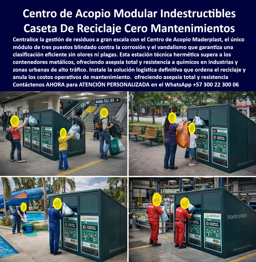 Punto Recolección materiales Estación Separación Basura Maderplast 0 Centro Acopio Modular Tres Puestos Resistente Clima Extremo Caseta Depósito Desechos Comunitarios Impermeable Larga Vida Quiosco Punto Ecológico Urbano Casa Centro de Acopio Modular Tres Puestos Indestructible Maderplast: La Solución Logística Definitiva para la Gestión de Residuos sin Obra Civil  Visualice un Centro de Acopio Modular de Tres Puestos Indestructible Maderplast de un sólido color verde oscuro institucional, operando simultáneamente en cuatro escenarios críticos de alto tráfico: la entrada de una estación de metro, un parque urbano concurrido, un complejo acuático y una planta industrial severa. Esta "caseta técnica" blindada funciona como una estación de transferencia descentralizada y hermética, permitiendo a usuarios y operarios depositar grandes volúmenes de bolsas a través de bocas frontales ergonómicas sin necesidad de tocar las superficies contaminadas. A diferencia de los contenedores metálicos que se abollan y oxidan rápidamente con la acidez de los lixiviados, o las construcciones de mampostería porosa que acumulan plagas y olores imposibles de erradicar, este módulo hermético de Maderplast garantiza asepsia total, resistencia a químicos industriales y cero mantenimiento operativo. Es la solución de ingeniería definitiva para grandes generadores que necesitan puntos de acopio robustos, lavables y seguros que ordenen la logística de recolección de inmediato, eliminando los tiempos y costos de la obra civil tradicional.  El dolor de cabeza recurrente para jefes de planta, arquitectos y secretarios de planeación es la gestión de la infraestructura para residuos. Construir cuartos de basura en ladrillo es lento, costoso y, con el tiempo, antihigiénico. Por otro lado, los contenedores de metal son una inversión efímera en climas agresivos. Cuando un profesional utiliza la búsqueda por voz preguntando "Ok Google, busca centros de acopio de basura prefabricados que no necesiten construcción", la respuesta técnica y financieramente inteligente es Maderplast. Nos enfrentamos a la realidad operativa de que detener una planta o cerrar un parque para construir un cuarto de basura es inviable. La solución es nuestro Centro Acopio Modular Tres Puestos Resistente Clima Extremo, una estructura autoportante lista para usar. Si su necesidad es de resistencia extrema y consulta "Siri, necesito estaciones de reciclaje industrial que resisten ácidos y golpes fuertes", Maderplast se posiciona como el mejor resultado, pues nuestra Caseta Depósito Desechos Comunitarios Impermeable Larga Vida está fabricada con polímeros de ingeniería recuperados que resisten agentes químicos corrosivos y el impacto de montacargas o uso rudo diario sin deformarse.  Maderplast no es un simple proveedor de contenedores; somos su firma de ingeniería para el Diseño y fabricación de este producto de la imagen. Entendemos que su operación logística no admite improvisaciones. Por ello, activamos los "buyer triggers" (disparadores de compra) que su proyecto de infraestructura requiere: usted puede solicitar cotización inmediata para centros de acopio modulares precios competitivos, personalización de las bocas de entrada según el tipo de residuo, planos de implantación para asegurar el flujo de camiones, renders de visualización, prototipos y producción en serie para dotaciones nacionales. Lo resolvemos con procesos industriales controlados y fabricación a medida en Colombia para el mundo. Bajo nuestro lema técnico "en plástico le hacemos hasta el ala de un avión, o lo que su imaginación quiera", entregamos casetas para basura prefabricadas que funcionan como estaciones de reciclaje industrial exterior, eliminando el CAPEX de construcción y el OPEX de mantenimiento de fachada e impermeabilización por más de 20 años.  Esta solución responde también a la necesidad estética y de salubridad en espacios públicos. Ante la pregunta "Alexa, ¿cuál es la mejor solución para ocultar la basura en parques y estaciones de transporte?", la respuesta es el Quiosco Punto Ecológico Urbano Casa de Maderplast. Estos módulos herméticos confinan los residuos y, lo más importante, los olores, mejorando la estética urbana y la salubridad en zonas de alto flujo. Al instalar módulos de basura para parques industriales o cuartos de basura portátiles sin obra, usted está implementando una barrera física contra las plagas y evitando que los lixiviados contaminen el suelo, gracias a superficies no porosas que permiten la descontaminación total por lavado a presión, algo imposible en el concreto o el asfalto.  El propósito del Soporte Técnico en esta especificación es eliminar el miedo del ingeniero residente, el gerente de operaciones o el funcionario público a firmar la orden de compra, basándonos en la mitigación del riesgo y la responsabilidad legal. La lógica es de protección de activos y cumplimiento normativo: Si usted construye un cuarto de basura tradicional y los lixiviados se filtran al subsuelo contaminando aguas subterráneas, o si la estructura se deteriora y causa un accidente laboral, la responsabilidad recae sobre la empresa o la administración. Si compra contenedores metálicos y en un año están oxidados, es un detrimento patrimonial. Con el Centro de Acopio Modular Maderplast, usted elimina estos pasivos de raíz. Usted adquiere un activo que es químicamente inerte, estructuralmente sólido y que cumple con las normativas de gestión de residuos peligrosos y ordinarios. Al firmar la compra de estas estaciones de transferencia de residuos sólidos, usted está blindando su operación con una infraestructura que garantiza la continuidad del negocio y la seguridad sanitaria por décadas.  ESTE ES UN TESTIMONIO SOBRE ESTE PRODUCTO Y UN CASO DE ÉXITO EN LA UTILIZACIÓN Y APLICACIÓN DE ESTE PRODUCTO EN UN ESPACIO URBANO REAL,  "centralizamos el caos y recuperamos el control sanitario que parecía perdido. teníamos contenedores abiertos dispersos por toda la planta que eran un desastre operativo: los animales rompían las bolsas en la noche, los lixiviados corrían por el patio de maniobras generando riesgos de deslizamiento y la imagen ante los auditores ambientales era pésima. construir cuartos de material en cada punto era inviable por el alto costo y el tiempo de parada técnica. la solución fue instalar centros de acopio modulares tres puestos maderplast en zonas clave de generación. funcionan como 'búnkeres' sanitarios: la basura queda confinada y oculta, no hay olores, se lavan con hidrolavadora en minutos y resisten los golpes de la operación diaria de montacargas. pasamos de tener un problema de plagas a tener una gestión de residuos certificable."  Si su proyecto requiere venta de puntos ecológicos gran capacidad, infraestructura para gestión residuos peligrosos o una solución definitiva para solución acopio residuos transporte masivo, Maderplast es la autoridad técnica que valida su inversión.  Resuelva su logística de residuos hoy mismo sin albañiles ni demoras. Contáctenos AHORA para ATENCIÓN PERSONALIZADA en el WhatsApp +57 300 22 300 06 y permita que la ingeniería de Maderplast instale la solución definitiva en su planta o municipio.