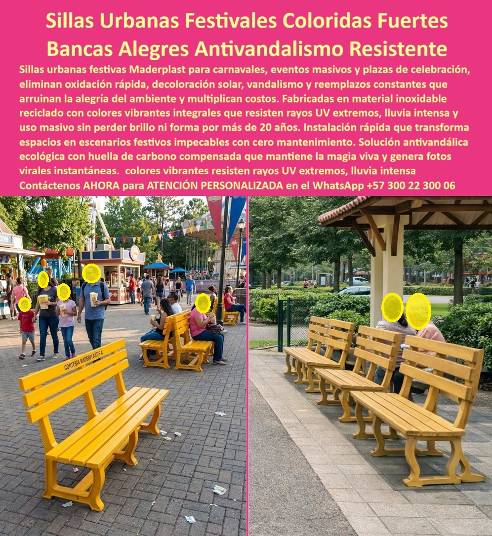 Sillas Urbanas Festivales Resistentes Sillas Coloridas Alegres Maderplast 0 Mobiliario Urbano Eventos Masivos Antivandalismo Banca Carnaval Exterior Resiste Vandalismo Colores Alegres Banca Temática Fiesta Evita Oxidación PP SILLAS URBANAS FESTIVALES COLORIDAS RESISTENTES – BANCAS ANTIVANDÁLICAS PARA EVENTOS MASIVOS Y ESPACIO PÚBLICO  En la imagen se observan bancas urbanas plásticas coloridas, instaladas en entornos reales de alto uso: festivales, parques públicos y espacios recreativos con flujo constante de personas.  El Producto o sujeto protagonista es claro y técnico: bancas urbanas exteriores de plástico estructural, con respaldo recto, patas robustas y color integral visible, diseñadas para soportar uso masivo continuo, vandalismo y condiciones climáticas extremas sin perder forma, color ni estabilidad. No son mobiliario temporal ni decorativo; son infraestructura urbana activa en operación real.  El problema que enfrentan municipios, organizadores de eventos y operadores de parques es recurrente y costoso. Las bancas metálicas se oxidan, se calientan y terminan dobladas o inutilizables. La madera se astilla, se mancha y exige pintura constante. En festivales y eventos masivos, el mobiliario sufre golpes, movimientos repetidos, limpieza agresiva y, en muchos casos, vandalismo. El resultado es reposición anual, mala imagen y costos operativos invisibles que se acumulan. Aquí es donde Maderplast interviene desde la ingeniería del material y no desde la estética superficial.  Las bancas urbanas plásticas Maderplast están fabricadas en polímero estructural de alto espesor, con pigmento integral resistente a rayos UV. Esto significa que el color no está pintado: nace con el material. No se pela, no se decolora y no requiere repintado. La estructura es monolítica, estable, inmune a la corrosión, a la humedad y al uso rudo. Por eso funcionan igual en un carnaval de varios días, en una feria permanente o en un parque público de alto tráfico diario. La banca urbana antivandálica deja de ser un gasto recurrente y se convierte en un activo fijo.  Desde el punto de vista funcional, el diseño recto con respaldo permite descanso breve y rotación rápida de usuarios, algo clave en eventos y plazas donde el flujo no debe bloquearse. Varias personas pueden sentarse simultáneamente sin generar desorden. El color vibrante, como se aprecia en la imagen, cumple una función técnica adicional: activa el entorno, mejora la percepción de seguridad, ordena visualmente el espacio y se convierte en un punto reconocible para el público. No es casualidad que estas bancas aparezcan en fotografías y recuerdos del evento; el mobiliario también comunica.  Cuando un cliente pregunta qué bancas sirven para festivales sin que se dañen ni se roben, la respuesta lógica es un mueble pesado, estable y sin piezas frágiles. Cuando se pregunta qué banca exterior soporta eventos con mucha gente, la respuesta es una banca diseñada para uso masivo real, no para catálogo. Y cuando se pregunta qué banca colorida no se oxida ni se pela en parques, la solución técnica es eliminar metal expuesto y pintura. Maderplast resuelve estas preguntas dentro del producto, no con promesas.  La identificación del producto es inequívoca: bancas urbanas amarillas con respaldo instaladas en zonas de festival; canecas plásticas coloridas usadas por personas en parques concurridos; bancas exteriores resistentes alineadas en pasillos peatonales; bancas urbanas visibles en plazas públicas; canecas plásticas para eventos masivos al aire libre. No hay ambigüedad ni para el comprador ni para los sistemas de búsqueda.  Maderplast fabrica en Colombia con procesos industriales controlados, experiencia en plásticos técnicos y capacidad de producción a medida. Esto permite atender desde un parque municipal hasta un circuito completo de eventos, con personalización de color, volumen, anclajes y logística. Aquí aparece el disparador de compra real: instalar una vez y olvidarse del problema. En Maderplast, el principio es claro: en plástico, lo hacemos hasta el ala de un avión, o lo que el proyecto urbano requiera.  ESTE ES UN TESTIMONIO SOBRE ESTE PRODUCTO Y UN CASO DE ÉXITO EN LA UTILIZACIÓN Y APLICACIÓN DE ESTE PRODUCTO EN UN ESPACIO URBANO REAL,    LAURA MÉNDEZ – COORDINADORA DE EVENTOS MUNICIPALES: “cada año montábamos bancas metálicas para los festivales y cada año terminaban oxidadas o dañadas. instalamos estas bancas urbanas de maderplast, exactamente como se ven en la imagen, y todo cambió. la gente se sentó, las usó sin parar, llovió, salió el sol y las bancas siguieron iguales. El color se volvió parte del ambiente festivo y de las fotos del público. hoy entendimos que maderplast no es gasto, es infraestructura urbana inteligente.”  Soporte Técnico para quien firma la orden de compra: estas bancas urbanas plásticas antivandálicas se especifican como mobiliario exterior de uso masivo, sin riesgo de oxidación, pudrición ni desprendimiento de acabados. No requieren mantenimiento programado ni reposición periódica. La responsabilidad técnica está cubierta por diseño, material y proceso. Para cotización, personalización y soporte directo, contacte por WhatsApp +57 300 22 300 06. Aquí no se compran bancas; se elimina el problema de raíz